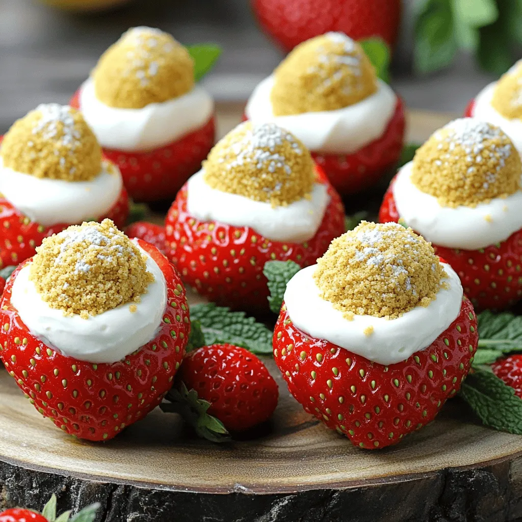 - 12 large strawberries - 4 oz cream cheese - 1/4 cup powdered sugar - 1 teaspoon vanilla extract - 1/4 cup Greek yogurt (or sour cream) - 1 tablespoon lemon juice - 1 tablespoon graham cracker crumbs - Fresh mint leaves for garnish Large strawberries are the star of this dish. They provide a sweet, juicy base. Choose ripe, firm strawberries for the best flavor. The cream cheese is key to achieving that rich cheesecake taste. It makes the filling creamy and smooth. Next, powdered sugar adds sweetness. It blends well with cream cheese and balances the flavors. Vanilla extract brings warmth and depth to the filling. Greek yogurt or sour cream adds a nice tang. It also helps keep the filling light and fluffy. Lemon juice brightens the flavors. It cuts through the richness of the cream cheese. The graham cracker crumbs add a crunchy texture on top. They give a nod to classic cheesecake crusts. Fresh mint leaves are optional but add a lovely touch. They enhance the dish's visual appeal and freshness. For the full recipe, check the details above. Enjoy creating this simple and delicious treat! How to wash and dry strawberries Start by washing your strawberries under cold water. This step is key to removing dirt and any chemicals. Gently rub each berry with your fingers to clean them well. After washing, place them on paper towels. Pat them dry carefully to avoid bruising. Techniques for hollowing out the strawberries Next, prepare the strawberries for filling. Slice off the green tops with a sharp knife. Use a small paring knife or a melon baller to scoop out the center. Be gentle to keep the walls intact. Each strawberry should look like a little cup, ready for your cheesecake filling. Mixing ingredients effectively Now, let’s create the filling. In a mixing bowl, add softened cream cheese, powdered sugar, vanilla extract, Greek yogurt, and lemon juice. Use an electric mixer to blend the ingredients. Mix for about 2-3 minutes until the mixture is smooth and creamy. Tips for achieving a smooth consistency To get the best texture, make sure your cream cheese is very soft. This will help it blend better. If you find lumps, mix a bit longer. A smooth filling makes your cheesecake deviled strawberries taste even better. Techniques for filling strawberries After making the filling, it’s time to fill the strawberries. Use a piping bag for an easy fill. If you don’t have one, a small spoon works too. Fill each strawberry generously, creating a nice dollop on top. You can swirl the filling for a fun look. Suggestions for presentation and garnishing To make your dish pop, sprinkle graham cracker crumbs on top of each filled strawberry. This adds texture and hints at traditional cheesecake. For a fresh touch, add a mint leaf on top of each strawberry. Arrange them on a platter and chill for about 30 minutes. This lets the flavors mix and makes them extra tasty. Now you have a simple and delicious treat ready to impress! For the full recipe, be sure to check out the details provided. To make great cheesecake deviled strawberries, avoid some common mistakes. First, do not overfill the strawberries. This can cause a mess and make them hard to eat. Second, ensure your cream cheese is soft. If it is too cold, it will not mix well. Lastly, check that your strawberries are ripe. This gives the best taste. Adjusting sweetness is easy. Start with the recipe's sugar amount. Then, taste the filling. If it’s too sweet, add a little more yogurt. If you want it sweeter, add more powdered sugar. Always make it to your taste! Serving these treats can be fun and creative. Use a colorful platter to make them pop. You can also arrange them in a circle or a line. This makes them easy to grab and looks nice. Garnishes can enhance the flavor. Fresh mint leaves add a nice touch and a fresh taste. You can also sprinkle some extra graham cracker crumbs on top. This gives a crunchy texture. For an extra sweet kick, drizzle some chocolate sauce around the plate. This not only adds flavor but also makes the dish look fancy. For the full recipe, check out the details above. {{image_2}} You can make Cheesecake Deviled Strawberries even more fun by adding new flavors. One great option is chocolate. Melt some chocolate and drizzle it over the cheesecake filling. This adds a rich taste and looks great too. You can also fold in chocolate chips for extra texture. Caramel is another tasty addition. Drizzle caramel sauce on top of the filled strawberries. It brings a sweet, buttery flavor that pairs perfectly with the tangy cheesecake. You can even mix some caramel into the filling for a more uniform taste. Fruits can add freshness and color. Try using raspberries or blueberries instead of strawberries. They will still give you that creamy cheesecake taste, while also adding their own unique flavors. You can also combine different fruits for a fun twist! If you need a gluten-free option, it's easy to adapt this recipe. Use gluten-free graham cracker crumbs for the topping. All the other ingredients are naturally gluten-free, so you’re good to go. For those following a vegan diet, you can make the cheesecake filling without dairy. Substitute the cream cheese with vegan cream cheese. Instead of Greek yogurt, use a plant-based yogurt. You can also swap powdered sugar for a vegan-friendly sweetener. This way, everyone can enjoy this delicious treat! To keep your cheesecake deviled strawberries fresh, store them in the fridge. Use an airtight container. This helps prevent the strawberries from drying out. Place a paper towel in the container to absorb excess moisture. This keeps the strawberries firm and tasty. Enjoy your leftovers within two days for the best flavor. You can freeze cheesecake deviled strawberries, but think carefully. Freezing may change their texture. If you want to freeze them, fill and freeze the strawberries without toppings. Wrap each one in plastic wrap. Place them in a freezer bag to save space. When ready to eat, thaw them in the fridge overnight. Add toppings just before serving to keep them fresh and appealing. To make cheesecake filling from scratch, start with a few simple steps. First, use softened cream cheese for a smooth blend. Here’s what you need: - 4 oz cream cheese, softened - 1/4 cup powdered sugar - 1 teaspoon vanilla extract - 1/4 cup Greek yogurt (or sour cream) - 1 tablespoon lemon juice Mix the cream cheese with the sugar, vanilla, Greek yogurt, and lemon juice. Beat the mixture with an electric mixer for about two to three minutes. This technique helps to create a creamy and fluffy filling. You can adjust the sweetness by adding more powdered sugar if desired. Cheesecake deviled strawberries can last in the fridge for about 2 to 3 days. Store them in an airtight container to keep them fresh. However, for the best taste and texture, enjoy them within a day. After that, the strawberries may start to lose their firmness and flavor. Yes, you can use other fruits for this recipe! Here are some great options: - Raspberries - Blueberries - Peaches - Kiwi When using different fruits, adjust the hollowing technique. For smaller fruits like raspberries, you may not need to hollow them out. Just pipe the filling directly into them. For larger fruits, like peaches, you might need to cut them in half and scoop out the center. This keeps the filling secure and still looks pretty on a plate. You learned how to make cheesecake deviled strawberries with fresh ingredients and easy steps. We covered the key components like strawberries, cream cheese, and toppings. You now know how to prepare, fill, and present your creation. Remember to avoid common mistakes and try different flavors. Store your leftovers properly or freeze them for later. Enjoy your delicious treat, share it with friends, and feel proud of your tasty work. Happy cooking!