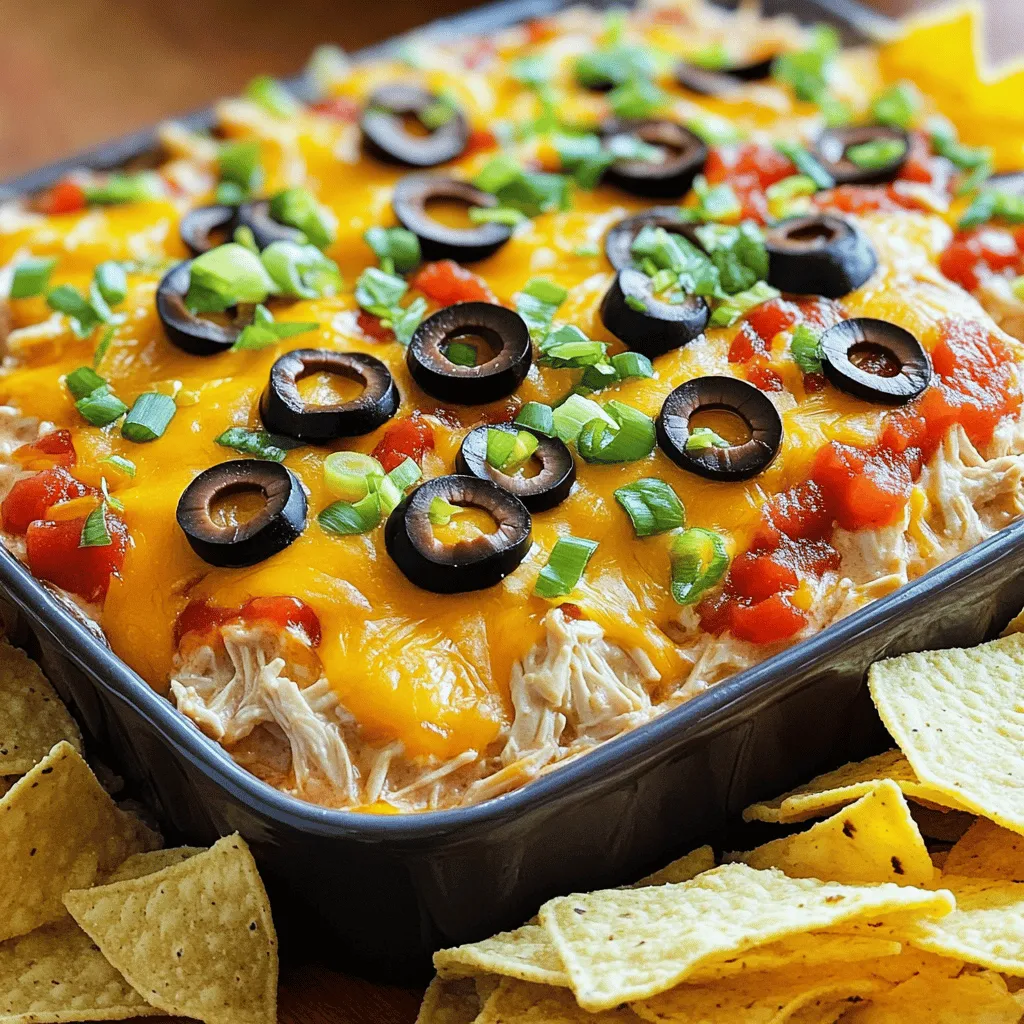 - 2 cups cooked chicken, shredded - 1 (8 oz) package cream cheese, softened - 1 cup sour cream - 1 cup shredded cheddar cheese - 1 cup salsa (preferably medium spice) - 1 tablespoon taco seasoning - 1/2 cup black olives, sliced - 1/2 cup green onions, chopped - Tortilla chips for serving Gathering the right ingredients is key for a great chicken taco dip. Start with cooked chicken. I like to shred my chicken to mix in easily. The cream cheese adds a rich base, making the dip creamy. Sour cream adds tang, balancing the flavors. Shredded cheddar cheese gives a nice bite and melty goodness. Next, salsa adds flavor and moisture. I prefer medium spice for a good kick. Taco seasoning is a must. It boosts the dip with classic taco taste. Black olives add saltiness and a soft texture. Green onions give a fresh crunch on top. Don’t forget the tortilla chips! They are perfect for dipping. You can use your favorite brand or even make your own. This full recipe will make a crowd-pleaser for any gathering. First, preheat your oven to 350°F (175°C). This step is key for even baking. While it heats, take a large mixing bowl. Add the softened cream cheese, sour cream, and taco seasoning. Use a hand mixer or a spatula to blend until smooth. You want it creamy and well-mixed. Next, it’s time to add flavor. Add the shredded chicken and salsa to the cream cheese mix. Stir well to combine everything. Then, fold in half of the shredded cheddar cheese. This adds a nice cheesy taste to our dip. Now, transfer the mixture into a baking dish. Spread it evenly with a spatula. Top it with the remaining cheddar cheese and the sliced black olives. Pop it in the oven and bake for about 20-25 minutes. You’ll know it’s ready when it’s hot and bubbly. Once baked, take it out and sprinkle the chopped green onions on top. Let it cool for a few minutes before serving. Enjoy with tortilla chips for a tasty treat! For the full recipe, check out the details above. To make your chicken taco dip creamier, use full-fat cream cheese. It blends better and gives a rich taste. If you want an even smoother texture, mix in a bit of sour cream. This helps the dip spread easily on chips. Even baking is key for a great dip. Spread your mixture evenly in the baking dish. Check it at the 20-minute mark. If the top is bubbling, it’s ready. If not, give it a few more minutes. You can boost the flavor with spices like cumin or smoked paprika. Adding black beans or corn gives extra texture and taste. Fresh cilantro can also brighten the dip. For serving ideas, try pairing the dip with fresh veggies like carrots and celery. It adds crunch and color. You can also use warm tortilla chips for a cozy feel. Consider adding guacamole on the side for more flavor. Preparing the dip in advance is smart. You can mix it all up and store it in the fridge for one day. Just cover it tightly with plastic wrap. When you’re ready to bake, pull it out and let it sit for 10 minutes. This helps it heat evenly. Bake as directed in the full recipe. If you have leftovers, keep them in an airtight container. They will last for about three days in the fridge. To reheat, warm it in the oven or microwave until hot. {{image_2}} You can switch up the protein in your dip easily. If you prefer turkey, use shredded turkey instead of chicken. It works just as well. Ground beef is another great choice. Just cook it first and crumble it into the mix. For a vegetarian option, try using black beans or chickpeas. They add protein and a nice texture. Adjusting the spice in your dip is simple. Choose a mild salsa for a gentle flavor. If you like it hot, go for spicy salsa. You can also add jalapeños for extra heat. Dice them small and mix them in. Hot sauce is another option. Just a few drops can make it sizzle! Cheese makes this dip creamy and rich. You can use different types of cheese if you want. Pepper jack cheese adds a spicy twist. For a lighter option, try using mozzarella. If you're dairy-free, there are good alternatives. Look for vegan cream cheese or cashew cheese. They work well in this dip. For the full recipe, check out the Chicken Taco Dip section. To keep your chicken taco dip fresh, follow these steps. First, let the dip cool to room temperature before storing. This helps prevent moisture buildup. Next, transfer the dip to an airtight container. Make sure to seal it well to keep out air. Store it in the fridge for up to four days. When you want to enjoy it again, check for any changes in smell or color. If it looks or smells off, don't eat it. To serve, reheat it in the oven or microwave until warm. Freezing chicken taco dip is easy! Start by letting the dip cool completely. Then, portion it into freezer-safe containers. Leave a little space at the top for expansion. Seal them tightly to avoid freezer burn. You can freeze it for up to three months. When you're ready to eat, take it out of the freezer. Place it in the fridge overnight to thaw. If you're in a hurry, you can thaw it in the microwave. Once it's thawed, reheat it until it's hot and bubbly. Enjoy it with tortilla chips! Chicken taco dip stays good for about 3 to 4 days in the fridge. Store it in an airtight container to keep it fresh. If you notice any change in smell or color, it's best to toss it. For the best taste, eat it within this time frame. Yes, you can make chicken taco dip in a slow cooker. This method is great for parties or gatherings. Start by mixing the cream cheese, sour cream, and taco seasoning in the slow cooker. Then, add the shredded chicken, salsa, and half the cheese. Cook on low for about 2 to 3 hours. Stir occasionally for even heating. When it’s hot and bubbly, top with the remaining cheese and olives. Serve warm with chips. You can serve chicken taco dip with many tasty options. Here are some ideas: - Tortilla chips - Fresh veggies like carrots and bell peppers - Pita chips - Crackers - Sliced baguette These options add a nice crunch and balance to the creamy dip. Enjoy mixing and matching! This blog explored the delicious chicken taco dip, detailing its main ingredients and easy steps. We discussed how to perfect the texture and enhance flavors with simple tips. You learned different protein options and fun ways to add spice. I also shared storage info for leftovers and FAQs to help you enjoy this dish longer. I hope this recipe brings joy to your gatherings and snacks at home! Enjoy making and sharing it with others.