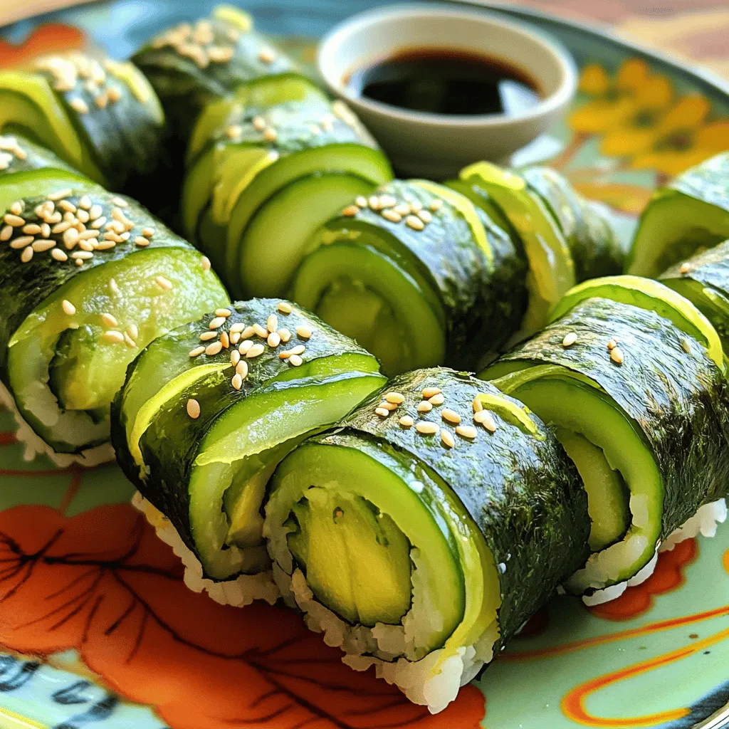 To create delicious cucumber avocado sushi rolls, you need a few key ingredients: - 1 cup sushi rice - 1 ¼ cups water - 2 tablespoons rice vinegar - 1 tablespoon sugar - 1 teaspoon salt - 4 sheets nori (seaweed) - 1 large cucumber, julienned - 1 ripe avocado, sliced These ingredients work together to make a fresh and tasty roll. Sushi rice is sticky and holds everything together. Nori gives the roll a nice sea flavor. Cucumber adds crunch, and avocado brings creaminess. You can enhance your rolls with these optional ingredients: - 1 small carrot, julienned - Sesame seeds, for garnish - Soy sauce, for dipping (optional) Carrots add color and a bit of sweetness. Sesame seeds give an extra crunch and nutty taste. Soy sauce is a classic dip that makes the rolls even better. Now, let’s talk about the health benefits of the main ingredients: - Cucumber: Low in calories, high in water, and packed with vitamins. They help keep you hydrated. - Avocado: Full of healthy fats and fiber. They support heart health and keep you full. - Sushi Rice: A source of energy. It is gluten-free and easy to digest. These ingredients not only taste great but also offer many health benefits. Enjoy making your cucumber avocado sushi rolls! For the complete steps, check out the Full Recipe. To start, you need to rinse the sushi rice. Place it in a bowl and run cold water over it. Swirl the rice gently until the water is clear. This step removes excess starch. Then, in a saucepan, mix the rinsed rice with 1 ¼ cups of water. Bring this mixture to a boil over medium heat. Once it boils, reduce the heat to low. Cover the pan and let it simmer for about 18-20 minutes. After that, remove it from heat and let it sit for 10 minutes with the lid on. Now, let’s season the rice. In a small bowl, stir together 2 tablespoons of rice vinegar, 1 tablespoon of sugar, and 1 teaspoon of salt. Mix until everything dissolves well. Once the rice has cooled slightly, use a wooden spatula to fold this mixture into the rice gently. Be careful not to mash the rice grains. This step gives your sushi a wonderful flavor. Set the seasoned rice aside to cool completely. Next, we assemble the rolls. Grab a bamboo sushi mat and place it on a flat surface. Take one sheet of nori and lay it shiny side down. With wet hands, spread an even layer of sushi rice on the nori, about ½ inch thick. Leave about 1 inch at the top edge of the nori clear. Now, it’s time to roll! Place a few strips of cucumber, avocado, and optional carrot along the center of the rice-covered nori. Start from the bottom and roll it tightly using the bamboo mat. Keep rolling until you reach the edge. Use a little water to seal the edge of the nori. Once rolled, take a sharp knife and wet it. Slice the sushi roll into bite-sized pieces, about 6-8 pieces. Repeat this process with the remaining nori and filling ingredients. For an extra touch, sprinkle sesame seeds over the sliced rolls before serving. Enjoy your fresh and delightful cucumber avocado sushi rolls! For the complete guide, check out the Full Recipe. Rolling sushi can seem tricky, but practice makes perfect. Start with a bamboo mat, as it helps you shape the roll. Lay a sheet of nori on the mat, shiny side down. Wet your hands to prevent sticking while you spread the rice. Keep the rice layer even, but leave space at the top edge. This space helps seal the roll later. When you start to roll, use your fingers to guide the filling into the center. Tightly roll from the bottom to the top. Sticking rice can ruin your sushi. Rinse the sushi rice before cooking. This removes excess starch. Always use cold water when rinsing. After cooking, let the rice cool slightly before you spread it on the nori. Wet your hands with water before touching the rice. This will help keep the rice from sticking to your fingers. If rice sticks to the bamboo mat, you can lightly wet it too. Fresh ingredients make your sushi shine. Choose ripe avocados that yield slightly when pressed. Use firm cucumbers for the best crunch. If you add carrots, pick fresh ones with bright color. Always wash your vegetables before cutting. For the nori, look for dark, crisp sheets. Store them in a cool, dry place to keep them fresh. Using quality ingredients ensures a tasty sushi roll. For the full recipe, check the section above. {{image_2}} You can mix up your cucumber avocado sushi rolls with many veggies. Carrots add color and crunch. Bell peppers bring a nice sweetness. Spinach or sprouts give a fresh taste. You can even try roasted sweet potatoes for a twist. Just cut them thin so they fit nicely in the roll. The key is to use fresh and crisp veggies for the best flavor. If you want a filling roll, add some protein. Cooked shrimp or crab sticks work well. Tofu is a great choice for a plant-based option. Just slice it thin. You can also use smoked salmon for a savory kick. Adding protein makes your roll not only tasty but also filling. Adjust the amount based on your taste. To make this dish vegan, simply skip any seafood or animal products. Use extra veggies instead. For a gluten-free sushi roll, check that your soy sauce is gluten-free. You can also use tamari, which is a great option. These small changes let everyone enjoy the dish. Feel free to get creative with what you include. For the complete recipe, check out the Full Recipe section above. To store leftover sushi rolls, wrap them tightly in plastic wrap. This helps keep the rolls fresh. Place the wrapped rolls in an airtight container. Store them in the fridge for up to 24 hours. If you wait longer, the rice may dry out, and the veggies may lose their crunch. If you have leftover sushi rice, you can reheat it gently. Place the rice in a microwave-safe bowl. Add a few drops of water to keep it moist. Cover the bowl with a damp paper towel. Heat it for about 30 seconds. Check and stir if needed. Avoid heating it too long to keep its texture. To keep your sushi ingredients fresh, store them in the fridge. Wrap cucumbers and carrots in damp paper towels. This maintains their moisture. For avocados, keep them whole until you are ready to use them. Once cut, sprinkle lemon juice on the flesh to slow browning. These simple tips will help you enjoy fresh flavors every time you make your cucumber avocado sushi rolls. For the full experience, don't forget to check the Full Recipe! You can use short-grain rice as a substitute for sushi rice. This rice has a sticky texture that helps hold the rolls together. You may also use brown rice for a healthier option. Just keep in mind it will take longer to cook. If you have quinoa, that can work in a pinch as well. Quinoa provides a unique taste and is gluten-free. Yes, you can prepare cucumber avocado sushi rolls in advance. However, it’s best to eat them within a few hours for freshness. If you store them, wrap each roll in plastic wrap to keep them moist. Place them in an airtight container in the fridge. This helps keep the rice and veggies from drying out. To prevent sushi rolls from falling apart, use the right amount of sushi rice. Spread it evenly and not too thick. Wet your hands when handling the rice, as this helps it stick together. Make sure to roll tightly but not too tight. Finally, seal the edge of the nori with a bit of water. This keeps everything in place. Cucumber avocado sushi rolls are fun and healthy to make. We covered essential ingredients that give these rolls great taste. You learned how to prepare and assemble the sushi step by step. Tips and tricks help you roll them perfectly and keep ingredients fresh. Variations offer tasty options for everyone, including vegan choices. Finally, I shared storage tips for keeping your rolls fresh. Enjoy making these sushi rolls and get creative with your ingredients!