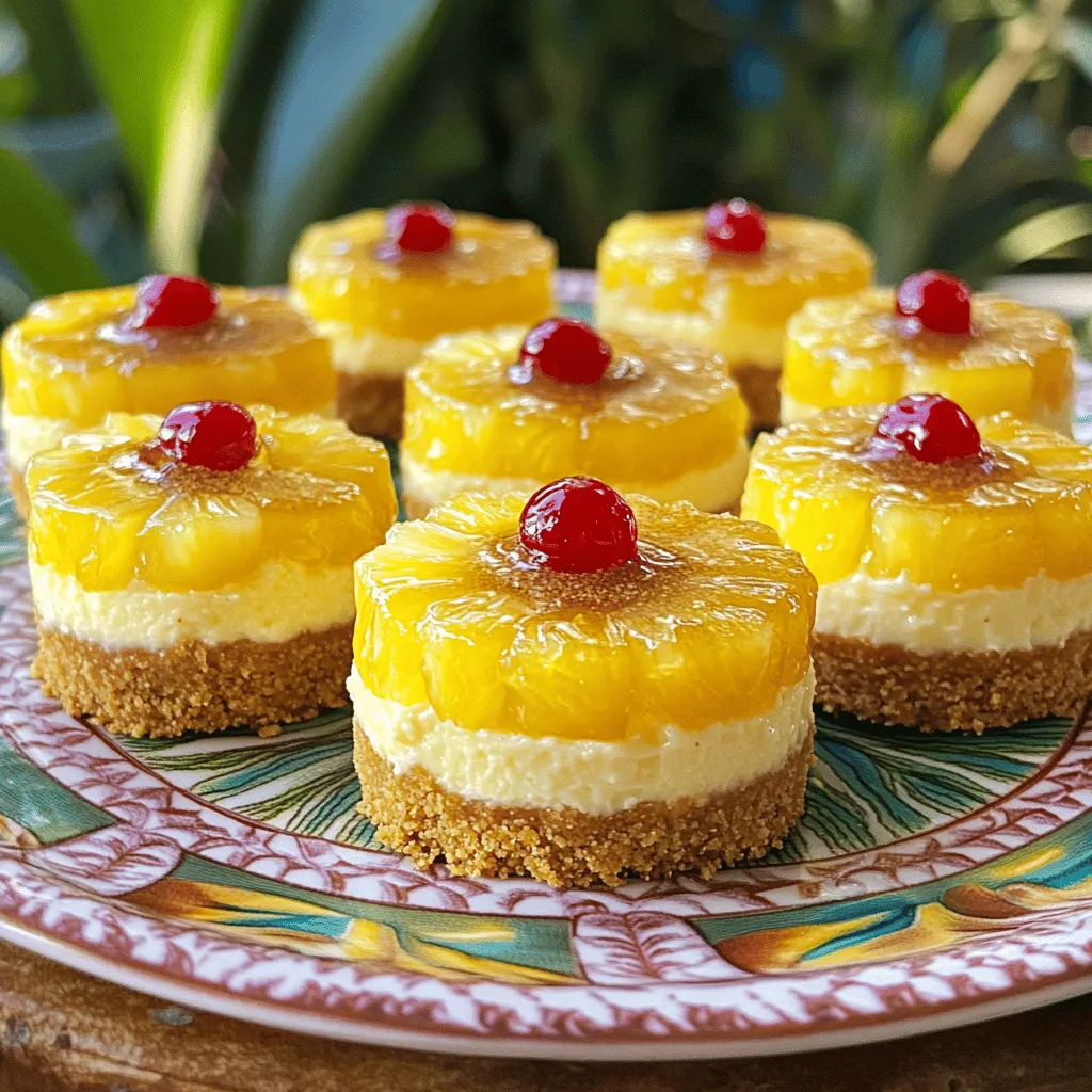 - 1 cup graham cracker crumbs - 4 tablespoons unsalted butter, melted - 16 oz cream cheese, softened - 1/2 cup granulated sugar - 2 large eggs - 1 teaspoon vanilla extract - 1 cup crushed pineapple, drained - 1/4 cup brown sugar - Maraschino cherries for garnish When collecting your ingredients, focus on quality. The graham cracker crumbs form the base, so use fresh ones for the best taste. Melted unsalted butter binds the crumbs, creating a rich crust. Cream cheese is key to a smooth filling, so ensure it's fully softened. Granulated sugar adds sweetness, while eggs give structure to the cheesecake. Vanilla extract adds a lovely aroma, and crushed pineapple brings in that tropical twist. The brown sugar adds a caramel-like depth to the topping. Don't forget the Maraschino cherries; they make for a fun and bright garnish. For equipment, get a muffin tin and cupcake liners ready. A mixing bowl, measuring cups, and a hand mixer are essential for this recipe. This setup makes the process smooth and enjoyable. If you keep these tips in mind, you’ll have everything you need for your mini pineapple upside-down cheesecakes. For the complete preparation method, check the Full Recipe. 1. Preheat Oven and Prepare Muffin Tin Start by preheating your oven to 325°F (160°C). Line a muffin tin with cupcake liners. This makes it easy to remove the cheesecakes later. 2. Prepare the Crust In a bowl, mix 1 cup of graham cracker crumbs with 4 tablespoons of melted unsalted butter. Stir until it looks crumbly. This will be your crust. 3. Make the Cheesecake Filling In a large bowl, beat 16 oz of softened cream cheese with 1/2 cup of granulated sugar. Mix until it's smooth and creamy. Add 2 large eggs one at a time. Beat well after each one. Mix in 1 teaspoon of vanilla extract. Finally, gently fold in 1 cup of drained crushed pineapple. 4. Assemble the Mini Cheesecakes Press about 1 tablespoon of the crust mixture into the bottom of each muffin liner. Then, spoon the cheesecake mixture on top. Fill each liner about 3/4 full. 5. Bake and Cool In a small bowl, mix 1/4 cup of brown sugar with any leftover crushed pineapple. Spoon this over each cheesecake for a sweet topping. Bake for 18-20 minutes. They should look set but still jiggle a bit in the center. Let them cool at room temperature. Then, refrigerate for at least 2 hours before serving. For the full recipe, check out the details above. Enjoy making these delightful mini treats! - Overmixing the Batter: Mixing too much makes the batter tough. Beat just until smooth. - Not Draining the Pineapple Properly: Extra juice makes the cheesecake soggy. Drain well before adding. - Baking Time Tips: Every oven is different. Check at 18 minutes, and use a toothpick. - Presentation Tips: Serve the mini cheesecakes on a colorful platter. Adding a mint leaf gives a nice touch. - Pairing with Drinks: These cheesecakes pair well with iced tea or coconut water. They balance the sweetness perfectly. - Adding Zest or Extracts: A little lemon or orange zest brightens the taste. You can add a drop of coconut extract too. - Using Fresh Pineapple: Fresh pineapple adds a vibrant flavor. Chop it finely and drain before using for best results. For the complete guide to making these delicious desserts, refer to the Full Recipe. {{image_2}} Gluten-Free Options for the Crust You can use gluten-free graham crackers for the crust. Just crush them like regular graham crackers. If you can't find them, try almond flour mixed with melted butter. This mix works well and gives a nutty flavor. Alternative Sweeteners If you want to cut sugar, use honey or maple syrup instead of granulated sugar. For a sugar-free option, try stevia or erythritol. Both will give you sweetness without added calories. Different Fruit Toppings While pineapple is classic, you can use other fruits. Consider peaches, cherries, or berries. Just be sure to drain any juice to keep the cheesecake from getting soggy. Chocolate Drizzle For a fun twist, add a chocolate drizzle. Melt dark or white chocolate and drizzle it over your cheesecakes before serving. This adds a rich flavor that pairs well with the fruity taste. Converting to Regular Cheesecake If you prefer a larger cheesecake, use a springform pan. Just pour the filling over the crust and bake longer. Check for doneness with a toothpick; it should come out clean. Cheesecake Bites For bite-sized treats, pour the cheesecake batter into mini muffin tins. Bake for a shorter time and enjoy them as little cheesecake bites. They are perfect for parties or snacks. For the full recipe, check out the Mini Pineapple Upside-Down Cheesecakes. - Refrigeration Tips: Store your mini cheesecakes in an airtight container. Place parchment paper between layers to prevent sticking. They stay fresh in the fridge for several days. - Freezing Instructions: To freeze, wrap each cheesecake in plastic wrap, then place them in a freezer bag. This helps avoid freezer burn. - How Long They Last in the Fridge: These mini cheesecakes last for about 5 days in the fridge. Check for any signs of spoilage before enjoying. - Tips for Thawing: To thaw, move them from the freezer to the fridge. Let them sit overnight for the best texture. - Best Ways to Serve After Storage: Serve chilled for the best flavor. If you prefer them warm, place them in a 300°F (150°C) oven for a few minutes. Keep a close watch to avoid overheating. Yes, you can make these mini cheesecakes in advance. They store well in the fridge. Once they cool, cover them tightly. Place a piece of plastic wrap over each cheesecake. This keeps them fresh and tasty. - Best Storage Practices for Pre-Made Desserts - Refrigerate the mini cheesecakes for up to five days. - For longer storage, freeze them in an airtight container. - Thaw in the fridge overnight before serving. If you want a dairy-free option, use vegan cream cheese. There are many brands available. Silken tofu is a great alternative too. It gives a smooth texture and works well in cheesecakes. - Possible Dairy-Free or Vegan Alternatives - Vegan cream cheese (store-bought) - Silken tofu blended until smooth - Cashew cream (soaked cashews blended with a bit of lemon) To boost flavor, add zest from a lemon or lime. You can also mix in coconut flakes for a tropical twist. Try a splash of rum extract for an extra kick. - Tips for Flavor Enhancement and Options - Use fresh vanilla beans instead of extract. - Fold in chopped nuts for a crunchy texture. - Add spices like cinnamon or nutmeg for warmth. Yes, fresh pineapple works well too! Just make sure to chop it finely. If it’s juicy, drain it before mixing. This avoids a watery cheesecake. - Considerations and Preparation Tips - Peel and core the fresh pineapple. - Cut it into small pieces for even distribution. - Sauté the fresh pineapple briefly for a caramelized flavor. To check for doneness, look for a slight jiggle in the center. The edges should be set, and the center should not be liquid. They will firm up as they cool. - Visual and Textural Cues to Look For - Edges will look slightly puffed and firm. - The center should look shiny but not wet. - A toothpick inserted should come out clean or with a few moist crumbs. In this post, I covered how to make delicious mini cheesecakes. You learned about the key ingredients and step-by-step instructions. I shared tips to avoid common mistakes and offered serving suggestions. Variations for flavors and formats allow for creativity. Lastly, I included best practices for storing and reheating your cheesecakes. With these techniques, you can create perfect treats every time. Enjoy your mini cheesecakes and impress your friends!