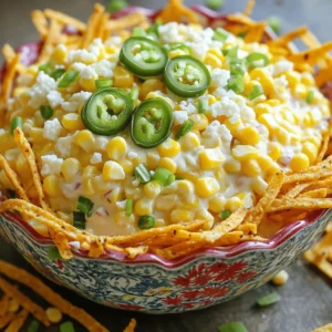 To make this tasty Jalapeno Popper Corn Salad, you need simple and fresh ingredients. Here’s what you’ll need: - 3 cups fresh corn kernels (or 2 cans of corn, drained) - 1 cup diced jalapeños (fresh or pickled) - 1 cup cream cheese, softened - 1 cup shredded cheddar cheese - ½ cup crumbled feta cheese - ½ cup green onions, chopped - ¼ cup mayonnaise - 2 tablespoons lime juice - 1 teaspoon garlic powder - Salt and pepper to taste - Optional: ¼ cup crispy tortilla strips for garnish Each ingredient adds a special flavor. The corn gives sweetness. The jalapeños add heat. Cream cheese and mayonnaise make it rich and creamy. The cheeses provide a salty kick. Green onions bring freshness and crunch. Lime juice adds a zesty touch. I love using fresh corn when it’s in season. It makes the salad taste even better. If you choose canned corn, drain it well. This prevents the salad from being too watery. You can decide if you like fresh or pickled jalapeños. Both work well! Feel free to adjust the cheese. Cheddar gives a nice melt and flavor. Feta adds a tangy bite. If you want, use just one type of cheese or mix different kinds. Seasonings like garlic powder, salt, and pepper round out the flavors. You can add more or take some away based on your taste. Optional crispy tortilla strips give a fun crunch on top. For the full recipe, check the details above. Enjoy this flavor-packed dish! 1. Mix the base ingredients: Start by taking a large bowl. Add the softened cream cheese and mayonnaise. Stir them together until you get a smooth mix. 2. Incorporate vegetables and cheese: Next, add the lime juice, garlic powder, salt, and pepper. Mix well until everything blends nicely. Now, toss in the diced jalapeños, fresh corn, cheddar cheese, feta cheese, and green onions. Gently stir to combine everything evenly. 3. Adjust seasoning and flavors: Now it’s time to taste your salad! You can add more salt or pepper if you want. If you like a bit of crunch, fold in the crispy tortilla strips. I suggest saving some for later to sprinkle on top before serving. - Recommended chilling time for flavor enhancement: Cover the bowl and pop it into the fridge for at least 30 minutes. The chill helps the flavors meld together and taste even better. - Serving suggestions and presentation tips: When you're ready to serve, give the salad a gentle toss. You can garnish it with more chopped green onions and those crispy tortilla strips on top. For a fun touch, serve it in a colorful bowl. A sprinkle of extra cheese and jalapeños will make it pop! Enjoy making this Jalapeno Popper Corn Salad by following the detailed steps in the Full Recipe. To adjust the spice level, taste the salad first. If you want more heat, add extra diced jalapeños. You can also mix in some hot sauce for a kick. If you prefer milder flavors, use less jalapeño or choose pickled ones. They tend to be less spicy. You can switch up the seasonings too. Try adding smoked paprika for a smoky flavor. A sprinkle of cumin gives a warm touch. Fresh herbs like cilantro or parsley can add a nice brightness. Don't hesitate to play around with flavors until you find your perfect mix. You can prepare this salad a day in advance for gatherings. Just follow the recipe and refrigerate it. The flavors will meld and taste even better after resting. Store it in an airtight container to keep it fresh. For optimal freshness, keep the crispy tortilla strips separate. Add them just before serving to maintain their crunch. This way, each bite will be as delightful as the first. For the full recipe, check out the Jalapeno Popper Corn Salad section above! {{image_2}} You can easily swap ingredients in Jalapeno Popper Corn Salad. If fresh corn is not available, use canned corn. Just drain the cans well. For cheese, try pepper jack or gouda instead of cheddar. These swaps give you a different twist. You can also add more veggies. Try diced bell peppers or chopped spinach for color and crunch. If you want protein, consider shredded chicken or black beans. These additions make the salad heartier. Spice it up! Add diced chipotle peppers for a smoky kick. You can also mix in some taco seasoning for a savory flavor. If you like tanginess, add some diced pickles or a splash of vinegar. Pair this salad with grilled meats or tacos. It also goes great with a refreshing drink like lemonade. Make it a full meal with some warm tortillas on the side. These ideas help you create a fun and tasty dining experience. Check out the Full Recipe for more inspiration! To keep your Jalapeno Popper Corn Salad fresh, store it in an airtight container. This keeps out air and moisture, which can spoil the salad. It’s best to refrigerate the salad as soon as you finish eating. When stored this way, the salad will stay fresh for up to three days. If you want the flavors to stay bright, don’t add crispy tortilla strips until you serve it. Can this salad be frozen? I don’t recommend freezing it. Freezing can change the texture of the corn and cheese. If you still want to freeze it, do so without the creamy ingredients. To freeze, place the salad in a freezer-safe bag. Squeeze out all the air before sealing. When you’re ready to eat, move it to the fridge overnight to thaw. Then, mix in the creamy ingredients before serving. I love serving Jalapeno Popper Corn Salad in a big, colorful bowl. This dish looks great and invites everyone to dig in. For a fun touch, I like to sprinkle extra cheese and jalapeños on top. You can also add crispy tortilla strips around the edge for a nice crunch. Chill the salad for at least 30 minutes before serving. This helps all the flavors come together and gives a refreshing taste. Absolutely! If you want more heat, you can add more diced jalapeños. You can also use spicy cheese or hot sauce in the mix. If you like it really spicy, try adding a dash of cayenne pepper. Just remember to taste your salad as you go. This way, you can find the perfect level of spice for your taste. Jalapeno Popper Corn Salad pairs well with many dishes. You could serve it with grilled chicken or fish for a light meal. It also goes great with tacos or burgers at a barbecue. For a complete spread, add some chips and salsa on the side. This combination makes for a fun and tasty meal. Enjoy exploring these pairings to enhance your dining experience! In this blog post, we explored the delicious Jalapeño Popper Corn Salad. We listed key ingredients like corn, jalapeños, and cheese. We walked through simple steps for preparation and serving, emphasizing chilling time for the best flavors. Finally, I shared tips for flavor enhancement and how to make this dish ahead of time. Variations allow for creative twists, and storage tips ensure freshness. Enjoy trying this tasty salad at your next gathering!