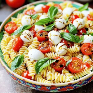 To make the best Caprese pasta salad, you need simple, fresh ingredients. Here’s what you need: - 8 oz pasta (fusilli or penne works great) - 1 cup cherry tomatoes, halved - 1 cup fresh mozzarella balls, halved - 1 cup fresh basil leaves, torn - 3 tablespoons olive oil - 2 tablespoons balsamic vinegar - 1 clove garlic, minced - Salt and pepper to taste - Optional: ¼ teaspoon red pepper flakes for a kick These ingredients blend together to create a bright and tasty dish. When you shop for your ingredients, look for quality. Here are my tips: - Pasta: Choose pasta that is firm and free from breaks. - Tomatoes: Select plump, vibrant cherry tomatoes. They should feel slightly soft. - Mozzarella: Fresh mozzarella is key. Look for cheese that is moist and creamy. - Basil: Pick basil leaves that are bright green and fragrant. Avoid wilted leaves. - Olive Oil: Use extra virgin olive oil for the best flavor. High-quality ingredients make a big difference in taste. Want to take your salad to the next level? Here are some fun add-ins: - Red pepper flakes: Add a little spice with optional red pepper flakes. - Avocado: Creamy avocado adds richness and pairs well with the tomatoes. - Olives: Black or green olives can bring a salty kick to the mix. - Pine nuts: Toasted pine nuts add a nice crunch and nutty flavor. Feel free to experiment and find what you love! You can also check the Full Recipe for more ideas. To make great Caprese pasta salad, start by cooking the pasta. Use 8 ounces of fusilli or penne. Bring a large pot of salted water to a boil. This step is crucial. The salt adds flavor to the pasta. Add the pasta and cook it until it is al dente. This means it should be firm to the bite. Check the package for cooking time. After cooking, drain the pasta. Rinse it under cold water to stop the cooking process. This step keeps the pasta from getting mushy. Set the pasta aside to cool. Now, let’s make the dressing. You will need a small bowl for this. Combine 3 tablespoons of olive oil with 2 tablespoons of balsamic vinegar. Add 1 clove of minced garlic. This gives the dressing a nice kick. Next, sprinkle in salt and pepper to taste. If you like spice, add ¼ teaspoon of red pepper flakes. Whisk everything together until it is well blended. This dressing is simple yet flavorful. In a large bowl, combine the cooked pasta, 1 cup of halved cherry tomatoes, 1 cup of halved fresh mozzarella balls, and 1 cup of torn fresh basil leaves. Gently mix these ingredients together. Now, pour the dressing over the pasta mixture. Toss everything gently until the pasta and veggies are well coated. Taste the salad and adjust the seasoning if needed. You can add more salt, pepper, or olive oil to fit your taste. Let the salad sit for about 15 minutes at room temperature. This allows the flavors to blend. You can also refrigerate it for up to an hour before serving. For a full recipe, check out the Best Caprese Pasta Salad section. Serve your Caprese pasta salad in a big, bright bowl. This makes it pop. Add extra basil leaves on top. Place a few whole mozzarella balls for a nice touch. Drizzle balsamic glaze over it for a fancy look. This salad is both tasty and pretty. To boost the flavor, use fresh ingredients. Look for ripe cherry tomatoes and soft mozzarella. You can also add garlic for a stronger taste. If you like heat, sprinkle red pepper flakes. A pinch of salt can bring out the other flavors. Let the salad sit for a while before serving. This helps the tastes mix well. If you want a gluten-free dish, use gluten-free pasta. You can swap mozzarella with dairy-free cheese for a vegan option. If you cannot eat garlic, leave it out of the dressing. You can also use lemon juice instead of balsamic vinegar for a different twist. Always taste as you go to make sure it is just right. For the full recipe, check out the Best Caprese Pasta Salad! {{image_2}} You can add grilled veggies to your Caprese pasta salad. Grilled zucchini, bell peppers, and eggplant work well. The smoky flavor from grilling boosts the taste. Simply grill the veggies until they are tender. Then, chop them and mix them into the salad. This variation adds a colorful touch and more nutrients. If you want more protein, try adding chicken or shrimp. Grilled chicken breast adds a hearty bite. Cook it simply with salt and pepper. For shrimp, just sauté it in olive oil until it turns pink. Once cooked, slice the chicken or toss in the shrimp. Mix them into the pasta salad for a filling meal. To make a vegan version, swap mozzarella for vegan cheese or tofu. Use a plant-based cheese that melts well for a similar taste. Tofu adds a great texture and soaks up flavors. You can also use avocado for creaminess. This version keeps the essence of the Caprese salad but fits vegan diets. For the full recipe, check out the Best Caprese Pasta Salad. To keep your Caprese pasta salad fresh, store it in an airtight container. Make sure the container seals well to prevent air from getting in. If you use a large bowl, cover it tightly with plastic wrap. This helps keep the flavors locked in. You can store Caprese pasta salad in the fridge for up to three days. After that, the fresh ingredients may lose their crispness. If you see any signs of spoilage, such as an off smell or discoloration, it's best to toss it. Reheating Caprese pasta salad is not always recommended. The fresh ingredients may wilt or lose flavor. Instead, enjoy it cold as a refreshing meal. If you must reheat, do so gently in the microwave. Heat in short bursts to avoid cooking the salad. Always check the taste and adjust seasoning if needed. For the full recipe, visit the Best Caprese Pasta Salad section! I recommend using fusilli or penne pasta. These shapes hold the sauce well. Fusilli's twists and penne's tubes catch the flavors nicely. Both types are fun to eat. You can use gluten-free pasta if needed, too. Just make sure to cook it according to the package instructions. Al dente pasta gives the best texture for this salad. Yes, you can make this salad ahead of time. It is perfect for meal prep and gatherings. Just follow the full recipe and store it in the fridge. Let it chill for at least 15 minutes to meld the flavors. However, I suggest adding the basil and dressing just before serving. This keeps them fresh and vibrant. To keep your Caprese Pasta Salad fresh, store it in an airtight container. Place it in the fridge right after making it. It usually lasts for 2 to 3 days. If you notice the tomatoes getting too soft, use them quickly. Adding a bit more olive oil when storing can help maintain the flavor. This blog post covered everything you need for a great Caprese pasta salad. We discussed key ingredients, cooking tips, and how to dress the salad. I shared ideas for enhancing flavor and offered variations for different diets. Remember, fresh ingredients make a big difference. Use proper storage to enjoy leftovers safely. With these tips, you can impress anyone with your pasta salad skills. Dive in and make your own tasty version today!