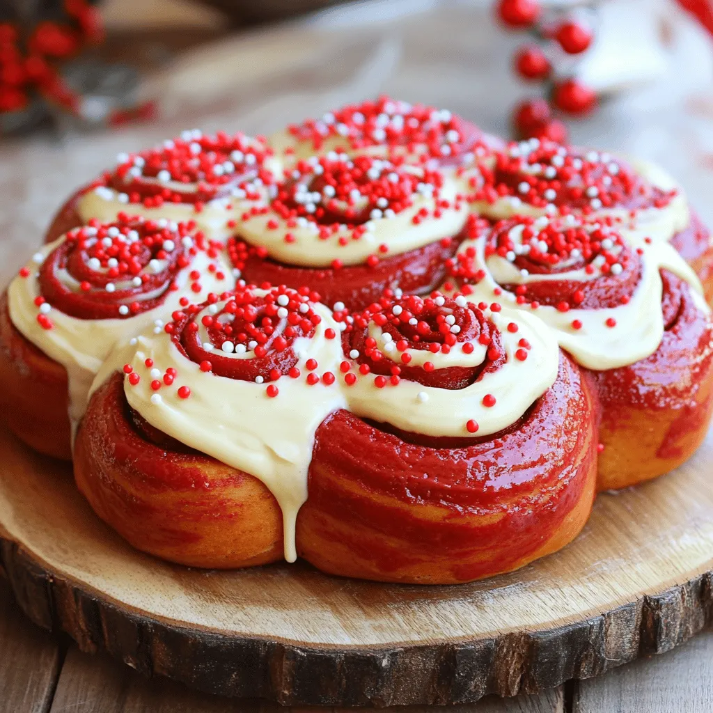 For a delightful batch of red velvet cinnamon rolls, you will need the following ingredients: - 2 cups all-purpose flour, plus more for dusting - 1/2 cup granulated sugar - 2 tablespoons unsweetened cocoa powder - 2 teaspoons baking powder - 1/2 teaspoon baking soda - 1/4 teaspoon salt - 1/2 cup whole milk, warm - 1/2 cup sour cream - 1 large egg - 1 tablespoon red food coloring - 1/4 cup unsalted butter, melted - 1 tablespoon vanilla extract - 1/2 cup brown sugar, packed - 1 tablespoon ground cinnamon - 1/4 cup unsalted butter, softened (for filling) - 1 cup cream cheese (for frosting) - 1 cup powdered sugar (for frosting) - 2 tablespoons milk (for frosting) - 1 teaspoon vanilla extract (for frosting) These ingredients work together to create a soft, sweet treat with a rich flavor and a stunning red hue. The cocoa powder adds depth, while the cream cheese frosting gives it a creamy contrast. Each element plays a role in making these rolls a true delight. For the full recipe, check the details above. - Combine dry ingredients in a bowl. - Mix flour, sugar, cocoa powder, baking powder, baking soda, and salt. - In another bowl, mix wet ingredients until smooth. - Stir warm milk, sour cream, egg, red food coloring, melted butter, and vanilla. - Gradually add wet to dry ingredients, mixing until a soft dough forms. - If too sticky, add a bit more flour as needed. - Turn the dough out onto a floured surface and knead for 2-3 minutes. - Roll out the dough into a rectangle about 1/4 inch thick. - Spread softened butter evenly over the dough. - Sprinkle brown sugar and cinnamon mixture on top. - Starting from one end, roll the dough into a tight log. - Seal the edges by pinching the seam closed. - Cut the log into 12 equal slices. Place them in a greased baking dish. - Cover the rolls with a kitchen towel. - Let them rise in a warm place for about 30 minutes. - Preheat your oven to 350°F (175°C). - Bake the rolls for 25-30 minutes until golden brown. - Combine all frosting ingredients in a mixing bowl. - Add cream cheese, powdered sugar, milk, and vanilla extract. - Beat until creamy and smooth. Try this Red Velvet Cinnamon Roll recipe for a delightful sweet treat! You’ll enjoy every bite. Use room temperature ingredients. This helps the dough rise well. Cold ingredients can slow down yeast activity. Knead the dough for elasticity. Kneading for 2-3 minutes makes it smooth. If the dough feels sticky, add a bit more flour. This will help you get the right consistency. Choose a good red food coloring. Gel colors work best for a vibrant look. You want a deep, rich red. Use quality cocoa powder for a great taste. Dutch-processed cocoa gives a smooth flavor, while regular cocoa offers a richer taste. Both can enhance your rolls. Drizzle the frosting with a spoon for a nice look. Start from the center and move outward. For extra toppings, consider sprinkles or crushed nuts. They add color and texture. You can also use white chocolate shavings for a classy touch. This makes your rolls even more appealing and tasty. For the complete recipe, refer to the Full Recipe. {{image_2}} You can get creative with the filling for your Red Velvet Cinnamon Rolls. One tasty option is to use Nutella or chocolate chips. These add a rich, chocolatey flavor that pairs well with the red velvet base. If you want a crunch, add some chopped nuts, like walnuts or pecans. The nuts will give your rolls a nice texture and extra flavor. If you need a gluten-free version, you can use gluten-free flour. Just make sure to choose a blend that has a good texture. You may need to add a bit more liquid to keep the dough moist. Gluten-free dough can be drier, so keep an eye on it as you mix. Adding a little more milk can help achieve the right texture for your rolls. For bite-sized treats, make mini Red Velvet Cinnamon Rolls. Roll the dough into a smaller rectangle and slice it into smaller pieces. This will create cute, little rolls that are perfect for sharing. Bake them for about 15-20 minutes instead of the usual time. Keep an eye on them to ensure they don’t overbake. For the complete recipe, check the Full Recipe section above. Enjoy exploring these fun variations! To keep your Red Velvet Cinnamon Rolls fresh, start by cooling them. Let the rolls sit at room temperature for about 30 minutes. Once they cool, you can place them in an airtight container. Refrigerate them if you plan to eat them in a few days. This keeps them soft and tasty. If you want to save them for longer, you can freeze the rolls. Wrap each roll in plastic wrap, then place them in a freezer bag. They can last for up to three months in the freezer. When it's time to enjoy your leftover rolls, reheating is key. The best way to reheat them is in the oven. Preheat your oven to 350°F (175°C). Place the rolls on a baking sheet and cover them loosely with foil. Heat for about 10-15 minutes. This keeps the rolls soft and warm. If you’re in a rush, you can use the microwave. Heat each roll for about 15-20 seconds. However, the microwave may make them a bit chewy. Always check for freshness by smelling them before you eat. The cooking time for red velvet cinnamon rolls is about 25 to 30 minutes. Bake them until they are golden brown. Be sure to check them around the 25-minute mark to avoid overbaking. Yes, you can make the dough ahead of time. After you knead it, cover it tightly and store it in the fridge. Let it warm up for about 30 minutes before rolling it out for best results. To keep your cinnamon rolls soft, use room temperature ingredients. Also, avoid overbaking. A warm, moist environment helps them rise and stay fluffy. Cover them with a towel while they cool. Absolutely! A stand mixer makes kneading easy. Just use the dough hook attachment. Mix until the dough is smooth and elastic, which will only take a few minutes. Red velvet desserts started in the 1920s. They gained fame in the South, especially in the 1980s. The eye-catching color comes from cocoa and vinegar reactions, plus food coloring. They became a favorite for special occasions. Yes, you can add cream cheese to the dough. This will give it a rich taste. Just replace a bit of the butter with cream cheese in the dough recipe. It adds creaminess and makes the rolls even better! For the full recipe, check out [Full Recipe]. You now have a complete guide to making delicious red velvet cinnamon rolls. From the list of ingredients to baking and frosting, every step is key for success. Remember to use room temperature ingredients for the best texture. Don’t forget the fun variations and storage tips to make your rolls last. Experiment with different fillings to find your favorite. Enjoy the process and the tasty rewards. These rolls can be a hit at any gathering! Dive into the art of baking with confidence!