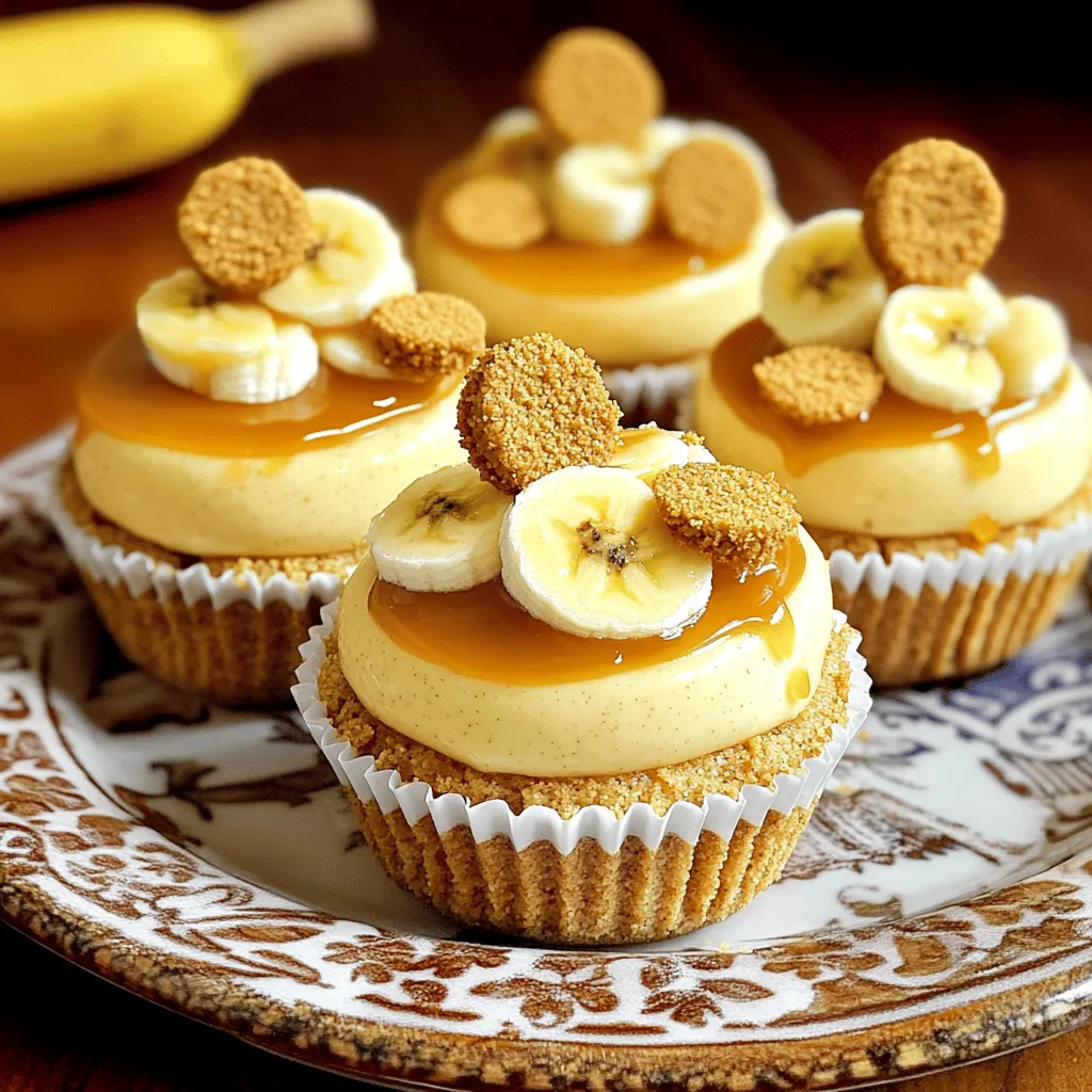 - 1 ½ cups graham cracker crumbs - ½ cup unsalted butter, melted - 2 tablespoons brown sugar - 16 oz cream cheese, softened - ½ cup granulated sugar - 1 teaspoon vanilla extract - 2 ripe bananas, mashed - 1 cup heavy whipping cream - ¼ cup powdered sugar - 1 teaspoon banana extract (optional) - Mini Nilla wafers and banana slices for garnish When making these mini banana pudding cheesecakes, I find the right ingredients make all the difference. The graham cracker crumbs serve as a sweet base, while the melted butter adds richness. Brown sugar gives the crust a hint of caramel flavor. For the filling, soft cream cheese is key. It blends well with sugar and vanilla extract to create a smooth texture. Mashed bananas bring that classic banana pudding taste. Whipping the heavy cream adds lightness, making each bite a delight. If you want to switch things up, there are options. For the crust, you can use crushed cookies or even oats for a healthier twist. If you need a dairy-free version, try cashew cream cheese or coconut cream instead of regular cream cheese. When it comes to bananas, fresh ones are best for flavor. But, if you have dried bananas, you can use them too. Just soak them in warm water for a bit before mashing. These choices let you create a version that fits your taste or dietary needs. For the full recipe, you'll find more details on how to make these tasty treats. 1. Preheating the oven: Start by preheating your oven to 325°F (160°C). This will ensure even baking. 2. Mixing the crust ingredients: In a large bowl, mix together 1 ½ cups of graham cracker crumbs, ½ cup of melted unsalted butter, and 2 tablespoons of brown sugar. Stir until the mixture resembles wet sand. 3. Packing the crust into muffin liners: Line a muffin tin with muffin liners. Take the crust mixture and press it into the bottom of each liner. Use your fingers or the back of a spoon to pack it tightly. This will form a solid base for your cheesecakes. 1. Beating the cream cheese mixture: In a separate bowl, beat 16 oz of softened cream cheese with ½ cup of granulated sugar and 1 teaspoon of vanilla extract. Mix until it’s smooth and creamy. 2. Folding in mashed bananas: Take 2 ripe bananas and mash them well. Gently fold the mashed bananas into the cream cheese mixture. This adds a lovely banana flavor. 3. Whipping heavy cream to stiff peaks: In another bowl, whip 1 cup of heavy whipping cream with ¼ cup of powdered sugar until stiff peaks form. This will give your filling a light and airy texture. Carefully fold this whipped cream into the banana cream cheese mixture until combined. 1. Baking time and optimal settings: Spoon the banana cheesecake filling over your prepared crusts in the muffin tin. Fill them almost to the top. Bake for 15-18 minutes. They should be set but still slightly wobbly in the center. 2. Cooling to room temperature: Once baked, remove the cheesecakes from the oven. Let them cool to room temperature on a wire rack, which helps prevent them from cracking. 3. Refrigeration time recommendations: After cooling, refrigerate the cheesecakes for at least 3 hours. This will help them firm up and develop flavor. Enjoy your Mini Banana Pudding Cheesecakes! For the complete recipe, please refer to the [Full Recipe]. - Ensuring perfect cheesecake texture: To achieve a creamy texture, mix your cream cheese well. You want it smooth before adding other ingredients. This prevents lumps and ensures even baking. - Avoiding cracks on the surface: Bake your cheesecakes at a lower temperature. If they bake too fast, they can crack. Also, let them cool slowly in the oven after baking. Cracks happen when the cheesecake cools too quickly. - How to know when they’re done: Check for a slight jiggle in the center. If the edges are set and the center wiggles gently, they are ready. Overbaking will make them dry. - Serving ideas and platter suggestions: Serve your mini cheesecakes on a colorful platter. It adds life to your table. You can also use cupcake stands for a fun touch. - Garnishing options for visual appeal: Top each cheesecake with a banana slice and a mini Nilla wafer. This adds a pop of color and a fun texture. Fresh mint leaves can also brighten the look. - Drizzling sauces and adding textures: Drizzle homemade caramel sauce over the cheesecakes. A sprinkle of crushed graham crackers on top adds crunch. You could also use chocolate sauce for a richer flavor. These tips will help you create perfect mini banana pudding cheesecakes that not only taste amazing but also look stunning. For the complete recipe, check the Full Recipe. {{image_2}} You can easily switch up the flavors of mini banana pudding cheesecakes. Here are some fun ideas: - Chocolate Banana Pudding Cheesecakes: Add cocoa powder to the cream cheese mix. This gives a rich chocolate taste that pairs well with banana. - Peanut Butter Banana Combination: Mix in creamy peanut butter with your cheesecake filling. This adds a nutty flavor that many love. - Adding Spices for Extra Flavor: Try cinnamon or nutmeg for warmth. Just a pinch can elevate the taste and make it unique. If you have dietary needs, you can still enjoy these cheesecakes. Here are some options: - Gluten-Free Crust Options: Use almond flour or gluten-free cookie crumbs for the crust. This keeps the dessert gluten-free without losing flavor. - Vegan Mini Banana Cheesecakes: Replace cream cheese with a plant-based option. Use coconut cream or cashew cream to make it creamy. - Low-Sugar Alternatives: Substitute granulated sugar with stevia or monk fruit. This helps to cut down on calories without losing sweetness. These variations allow you to customize your mini banana pudding cheesecakes. Try different options to find your favorite twist. For the complete recipe, check out the [Full Recipe]. To store your mini banana pudding cheesecakes, first, let them cool completely. Then, place them in an airtight container. Keep the cheesecakes in the refrigerator. They stay fresh for up to five days. If you want to keep them longer, freezing works too. Wrap each cheesecake in plastic wrap, then place them in a freezer-safe bag. They can last in the freezer for up to three months. These cheesecakes are best served chilled. If you freeze them, let them thaw in the fridge overnight before serving. Reheating is not needed, but if you prefer warm cheesecakes, gently warm them in a microwave for 10-15 seconds. This helps maintain their creamy texture. Enjoy your tasty treat! For the full recipe, check out the complete guide on making these delightful mini cheesecakes. How to prevent cheesecakes from sinking? To stop cheesecakes from sinking, avoid overmixing the batter. Overmixing adds air, which can cause sinking. Bake them until they are set but still slightly wobbly in the center. Let them cool slowly to room temperature before chilling. Can I make these mini cheesecakes ahead of time? Yes, you can make these mini cheesecakes a day or two in advance. Just store them in the fridge after they cool. They taste even better when chilled overnight. What can I substitute for heavy cream? You can use coconut cream or cashew cream as a substitute for heavy cream. These options keep the texture rich and creamy. If you need a lighter option, use whole milk mixed with a bit of butter. How to make banana pudding from scratch? To make banana pudding from scratch, start with a base of milk, sugar, and cornstarch. Cook until thickened, then stir in vanilla and sliced bananas. Layer with vanilla wafers for a classic pudding. Can I use store-bought crumbles for the crust? Absolutely! Store-bought crumbles save time and work well for the crust. Just make sure to mix them with melted butter and brown sugar for added flavor. What is the best way to serve these cheesecakes? Serve these cheesecakes chilled on a pretty platter. Top each one with a mini Nilla wafer and a banana slice. A drizzle of caramel or chocolate sauce adds a nice touch too. For the full recipe, check out the link! This blog post guides you in making delicious mini banana cheesecakes. You learned about the key ingredients and how to prepare them step by step. We discussed tips for baking and presentation, plus variations to spark creativity. Finally, remember to store your treats properly to keep them fresh. Enjoy every bite and share with friends. Baking should be fun, and these mini cheesecakes are sure to impress!