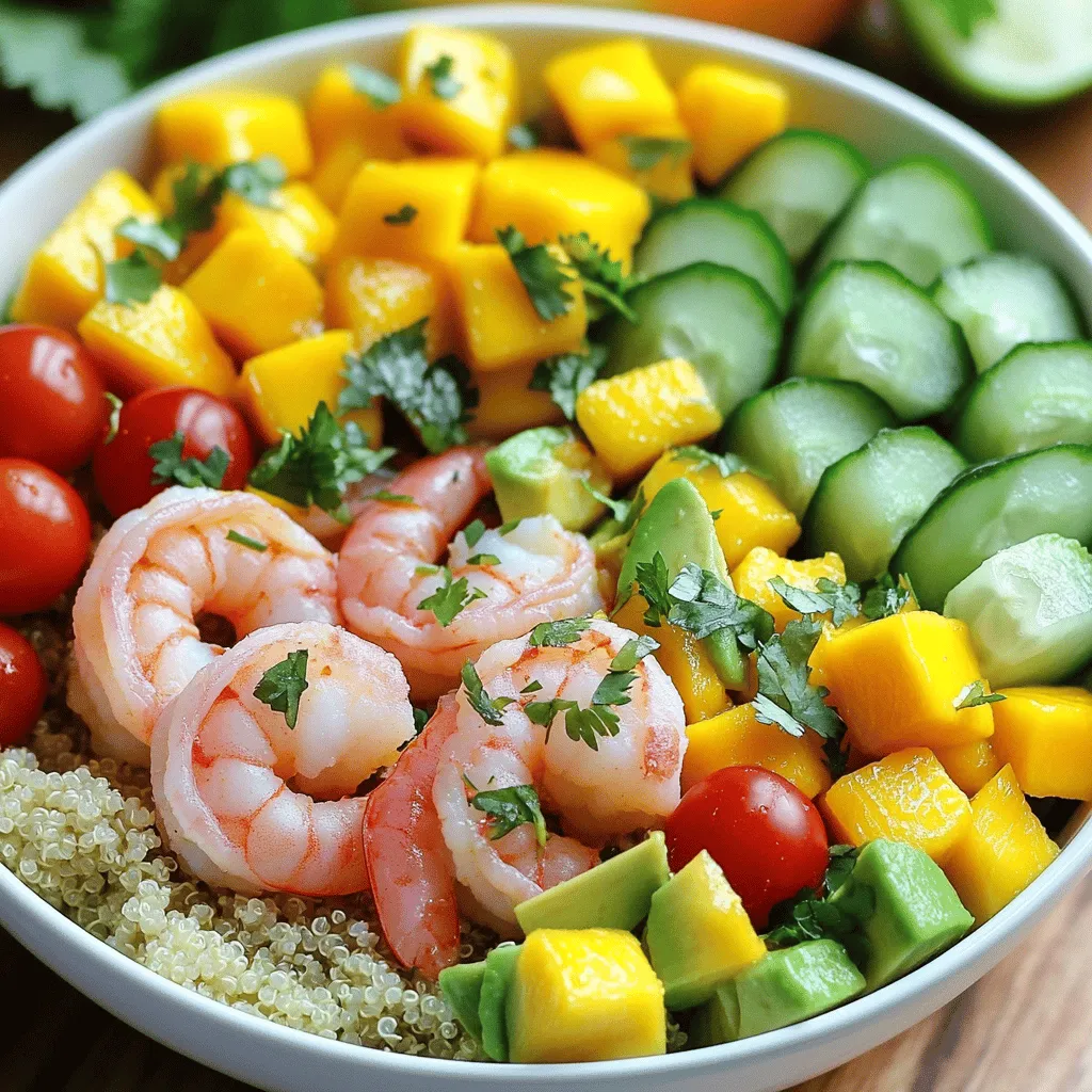 - 1 lb large shrimp, peeled and deveined - 2 ripe avocados, diced - 1 ripe mango, diced - 1 cup cherry tomatoes, halved - 1 cucumber, diced - 1/4 cup red onion, finely chopped - 1/4 cup fresh cilantro, chopped - 2 tablespoons olive oil - Juice of 2 limes - 1 teaspoon honey - Salt and pepper to taste - 1 cup cooked quinoa or rice (optional, for a heartier bowl) This dish is packed with nutrients. Shrimp offers protein, while avocados provide healthy fats. Mango adds sweetness and vitamins, and vegetables boost fiber. Each serving has a good balance of calories, fats, and carbs. If you use quinoa, you gain more protein and fiber. A bowl with shrimp and veggies can satisfy your hunger and keep you energized. For the full recipe, check out the Shrimp Avocado Mango Bowls 🥑. Start with fresh shrimp. Take 1 pound of large shrimp, peeled and deveined. Place shrimp in a medium bowl. Add 1 tablespoon of olive oil, juice from 2 limes, salt, and pepper. Toss well to coat. Let the shrimp marinate for about 15 minutes. This step adds great flavor. Heat a skillet over medium-high heat. Once hot, add the marinated shrimp. Cook for 2-3 minutes on each side. The shrimp should turn pink and opaque. This means they are cooked through. When done, remove from heat and let them cool slightly. In a large bowl, combine the diced avocados, ripe mango, halved cherry tomatoes, diced cucumber, finely chopped red onion, and fresh cilantro. Drizzle with 1 tablespoon of olive oil, lime juice, and 1 teaspoon of honey. Toss gently. Be careful not to mash the avocados. If you want a heartier bowl, start with 1 cup of cooked quinoa or rice at the bottom. Then, add the avocado-mango mixture on top. Finally, place the cooked shrimp over everything. This creates a colorful and tasty dish. Check out the Full Recipe for more details! When you pick avocados, look for a darker skin color. Gently press the fruit. It should feel soft but not mushy. If it yields too much, it may be overripe. For mangoes, check the color based on the variety. Most ripe mangoes are yellow or orange, with a slight give when pressed. A sweet smell at the stem end is a good sign too. Always choose fresh shrimp for the best flavor. Rinse the shrimp and pat them dry. Marinate them for about 15 minutes with olive oil, lime juice, salt, and pepper. Heat the skillet well before adding shrimp. Cook them for 2-3 minutes on each side. They should turn pink and opaque. Avoid overcooking, as it can make shrimp tough. To make your bowl look great, use a deep dish. Start with quinoa or rice at the bottom. Add the colorful avocado and mango mix on top. Finally, place the shrimp neatly. Garnish with fresh cilantro and a lime wedge. This not only adds color but also enhances the flavor. Your Shrimp Avocado Mango Bowls will look amazing and taste even better. For the full recipe, check out the detailed instructions. {{image_2}} You can make this dish fit many diets. If you need it gluten-free, skip the quinoa or rice. Use a grain like quinoa or rice if you want it heartier. If you're vegan, replace shrimp with grilled tofu or chickpeas. For a low-carb option, try zucchini noodles instead of rice. Always check for allergens, especially with seafood. Want to add more flavor? Try mixing in some diced jalapeños for heat. You can also add mango salsa for a sweet twist. A splash of coconut milk can give it a creamy texture. Try using fresh herbs like basil or mint for a unique taste. A sprinkle of chili flakes can add a nice kick. Serve this bowl as a wrap! Use whole wheat tortillas to wrap the mixture for a fun twist. You can also turn it into a salad by adding more greens like spinach or arugula. Another idea is to serve it in hollowed-out bell peppers for a colorful look. The options are endless! For the full recipe, check out the detailed instructions above. To store leftovers, let the shrimp avocado mango bowls cool to room temperature. Place them in an airtight container. Keep the bowls in the fridge for up to two days. If you stored quinoa or rice separately, they can last three to four days. Freezing this dish works best without the avocados. They do not freeze well and can turn brown. You can freeze the shrimp and mango mixture. Use a freezer-safe container or bag, and keep it for up to three months. Thaw in the fridge overnight before using. Reheat the shrimp and mango mixture on the stove over low heat. Stir gently until warmed through. You can also use a microwave. Heat in 30-second intervals, stirring in between. Avoid reheating avocados. Instead, add fresh avocado slices right before serving. If you can't find shrimp, there are great alternatives. You can use chicken, tofu, or even tempeh. These options work well in the same dish. Each alternative brings its own flavor and texture. I love using grilled chicken for a heartier bowl. Yes, you can prepare parts of this recipe ahead of time. You can chop the veggies and mix the dressing early. Just store them in separate containers. Cook the shrimp fresh for the best taste. This way, your meal stays vibrant and fresh. To add some heat, try adding jalapeños or a dash of hot sauce. You can also sprinkle some chili powder or paprika for flavor. Fresh herbs like basil or mint can bring a new twist. Experiment with spices to find your favorite combination. This dish pairs well with a light salad or crunchy tortilla chips. You could also serve it with a refreshing cucumber salad. A simple fruit salad can complement the flavors, too. Choose sides that keep the meal light and fresh. For the full recipe, check out the [Full Recipe] section above! This blog post covered how to create delicious Shrimp Avocado Mango Bowls. We explored key fresh ingredients, pantry items, and their nutrition. You learned step-by-step instructions for preparing and cooking shrimp, mixing bowl ingredients, and assembling the dish. Helpful tips guided you in choosing ripe fruits and presenting your meal. Variations offered substitutes and flavor boosts for different diets. Finally, I shared storage and reheating tips to keep your meal fresh. Enjoy making this tasty dish, and feel free to customize it to your taste!