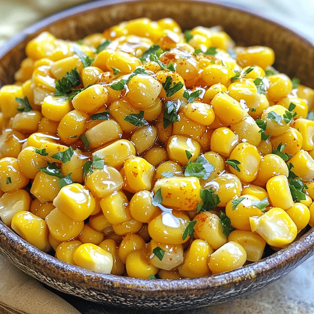 To make Honey Butter Skillet Corn, gather the following items: - 4 cups fresh corn kernels (about 6-8 ears of corn) - 4 tablespoons unsalted butter - 3 tablespoons honey - 1 teaspoon sea salt - 1/2 teaspoon black pepper - 1/4 teaspoon smoked paprika (optional for a smoky flavor) - 2 tablespoons fresh parsley, finely chopped (for garnish) If you need to convert measurements, here’s a quick guide: - 1 tablespoon = 3 teaspoons - 1 cup = 16 tablespoons - 1/4 teaspoon = 1.25 milliliters Choose corn that feels heavy for its size. The husk should be green and tight. Look for silk that is brown and moist. Avoid corn with dry or black silk. Fresh kernels should be plump and bright. Check for a nice yellow or golden color. If you can, buy your corn from a local farmer's market. This way, you get the best flavor. Start by gathering your ingredients. You need fresh corn, butter, honey, salt, pepper, and smoked paprika. Here’s a quick list: - 4 cups fresh corn kernels (about 6-8 ears of corn) - 4 tablespoons unsalted butter - 3 tablespoons honey - 1 teaspoon sea salt - 1/2 teaspoon black pepper - 1/4 teaspoon smoked paprika (optional) - 2 tablespoons fresh parsley, finely chopped Next, remove the corn kernels from the cobs. You can use a sharp knife for this. Place the kernels in a bowl and set them aside. Heat a large skillet over medium heat. Add the unsalted butter and let it melt. Once it bubbles, add the corn kernels. Stir well to coat them in butter. Cook for about 5 minutes. The corn should turn bright yellow and become tender. Next, lower the heat. Drizzle the honey over the corn. Stir to mix it well. Season with sea salt, black pepper, and smoked paprika if you want a smoky kick. Cook for an extra 2-3 minutes. This step helps the flavors blend together. Finally, take the skillet off the heat. Garnish with freshly chopped parsley for a pop of color. Serve the Honey Butter Skillet Corn in rustic bowls or on a platter. To make it even more inviting, drizzle a bit of extra honey on top. A sprinkle of parsley will also add a lovely touch. This dish goes well with grilled meats or can be enjoyed on its own. Try it as a side at your next meal. You can find the full recipe for more details. To get the best flavor from your Honey Butter Skillet Corn, use fresh corn. Fresh corn has a sweet taste that frozen corn lacks. Sweet corn is best when it is in season. Look for bright yellow kernels that are firm and plump. The butter adds richness. You can also use high-quality honey for a better taste. This makes the dish even sweeter. For a smoky twist, add smoked paprika. Just a little enhances the flavor without overpowering it. Keep tasting as you cook. Adjust the salt and pepper to match your taste. One common mistake is overcooking the corn. This can make it tough and chewy. Cook it just until it turns bright yellow. Another mistake is not stirring enough. You want to coat the corn well in butter and honey. If you forget to stir, some may burn while others stay raw. Avoid using too much honey; it can make it too sweet. Balance is key. Lastly, don’t skip the seasoning. Salt and pepper bring out the flavors. You can cook this dish in different ways if you don’t have a skillet. Try grilling the corn on the cob for a smoky flavor. Just brush it with butter and honey, then grill until charred. You can also roast it in the oven. Spread the corn on a baking sheet, drizzle with butter and honey, then roast until done. If you prefer, use a slow cooker. Combine all the ingredients and let it cook on low. This method takes longer but gives great flavor. Check the [Full Recipe] for detailed steps. {{image_2}} You can enhance the dish by adding other vegetables. Peppers and zucchini work well here. Just chop them into small pieces. Add them with the corn and cook until soft. This will give a nice crunch and color to your skillet corn. You can also add green onions for a fresh touch. If you want a different flavor, try using maple syrup instead of honey. This will give a rich taste. You can also try agave nectar for a lighter sweetness. Each sweetener brings its own twist to this dish. Just remember to taste as you go! Seasoning can change the whole dish. You can add a pinch of cayenne for heat. Or try Italian herbs like oregano or basil for a fresh taste. A squeeze of lime juice can add a bright zing, too. Mix and match to find what you like best. Each combo makes your Honey Butter Skillet Corn unique. Check out the Full Recipe for more ideas! To store leftover Honey Butter Skillet Corn, let it cool first. Place it in an airtight container. You can keep it in the fridge for up to three days. This helps keep the corn fresh and tasty. When you want to reheat the corn, do it gently. You can use a skillet over low heat. Add a little butter or water to keep it moist. Stir often to avoid burning. This way, you’ll keep the flavors alive and the corn tender. If you have lots of corn left, freezing is a great option. First, cool the corn completely. Then, place it in freezer bags. Squeeze out as much air as possible before sealing. Label the bags with the date. You can freeze for up to three months. When you are ready to eat it, thaw in the fridge overnight. Heat it up just like before, and enjoy! Yes, you can use frozen corn. Frozen corn saves time and is convenient. It often cooks faster than fresh corn. Just remember to thaw it before cooking. This way, the texture stays nice and tender. Using frozen corn may change the taste slightly, but it still tastes great. Honey Butter Skillet Corn pairs well with many dishes. Here are some tasty options: - Grilled chicken or steak - Barbecue ribs - Tacos or burritos - A fresh green salad - Mashed potatoes These sides create a colorful plate and boost flavors. Honey Butter Skillet Corn can be healthy. Corn has fiber, vitamins, and minerals. Using fresh corn adds nutrients. The butter and honey add flavor, but they also add calories. If you want a lighter dish, use less butter or honey. Overall, enjoy it as a side dish in moderation. For the full recipe, check out the Honey Butter Skillet Corn section. This blog post covered everything you need for Honey Butter Skillet Corn. I explained the ingredients, measurement tips, and how to pick fresh corn. You learned step-by-step instructions from prep to serving. I shared flavor tips, common mistakes, and variations for your dish. Lastly, I provided storage info and answered key questions. Now you can create this tasty dish with ease. Enjoy making it your own!