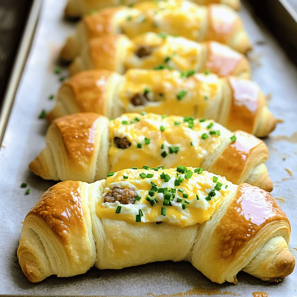 - 1 package (8 oz) crescent roll dough - 1 lb breakfast sausage (bulk or patties) - 1 cup shredded cheddar cheese - 1/4 cup cream cheese, softened - 1 tablespoon fresh chives, chopped - Salt and pepper to taste - 1 egg, beaten (for egg wash) - Baking sheet - Parchment paper - Skillet - Mixing bowl - Measuring spoons Gathering the right ingredients is key for Breakfast Sausage Crescent Rolls. You will need crescent roll dough, breakfast sausage, cheese, cream cheese, and chives. Each of these items adds to the flavor and texture of the rolls. The crescent roll dough brings a flaky layer that is perfect for wrapping around the filling. The sausage provides a savory taste. I prefer using bulk sausage because it mixes well with the other ingredients. The cheddar cheese adds a sharp flavor, while the cream cheese gives a creamy texture. Fresh chives bring a hint of freshness to the dish. You want to ensure you have salt and pepper on hand. These simple seasonings enhance the flavors of your filling. Finally, a beaten egg is essential for that golden color on the rolls after baking. For tools, you will need a baking sheet lined with parchment paper. This setup makes cleanup easy. A skillet helps you cook the sausage evenly. A mixing bowl is necessary for combining the ingredients. Measuring spoons ensure you add the right amounts. Having everything ready makes the cooking process smooth. You can find the full recipe with detailed steps in the main article. - Preheat oven to 375°F (190°C). - Chop chives finely and set aside. - If using bulk sausage, remove it from the package. - Heat a skillet over medium heat. - Add the breakfast sausage to the skillet. - Cook until browned, breaking it into small pieces as it cooks. - Drain any extra fat from the skillet. - In a large bowl, mix the cooked sausage, cheddar cheese, cream cheese, and chives. - Stir until everything is well combined. - Open the crescent roll dough package. - Unroll it and separate the dough into triangles. - Take a spoonful of the sausage mixture and place it on the wide end of each triangle. - Starting from the wide end, roll the dough toward the pointed end, forming a crescent. - Place the rolls on a baking sheet lined with parchment paper. - Brush the tops of the rolls with the beaten egg for a shiny finish. - Bake in the preheated oven for 12-15 minutes. - Watch for a golden color and puffed shape. - Remove the rolls from the oven and allow them to cool slightly. Now you're ready to enjoy your tasty Breakfast Sausage Crescent Rolls! For a full experience, check out the Full Recipe. To get crispy rolls, I always preheat my oven to 375°F (190°C) before baking. This step helps the rolls puff up nicely. I also use parchment paper on the baking sheet. It makes for easy removal and cleanup later. Want to spice things up? You can add different cheeses or herbs to the filling. I love using mozzarella or pepper jack for a kick. You can also try spices like garlic powder or onion powder. They add great flavor to the sausage mix. These rolls pair well with eggs or fresh fruit for a full breakfast. You can also serve them with dipping sauces like ketchup or mustard. This adds a fun twist to your meal. If you're feeling adventurous, try adding a bit of hot sauce for extra heat! For the full recipe, check out the detailed steps I shared earlier. {{image_2}} You can make these crescent rolls healthier. Try using turkey sausage or a vegetarian option instead of regular sausage. Both choices cut down on fat but keep the flavor. You can also swap in low-fat cream cheese. This change keeps the rolls creamy without adding too many calories. Feel free to get creative with your fillings. Adding veggies can boost nutrition and taste. Bell peppers or spinach work great in this recipe. You can also try different cheese types. Gouda, pepper jack, or mozzarella can change the flavor profile. Mixing and matching will keep your breakfast exciting! For a heartier meal, add scrambled eggs to the sausage mix. This makes the rolls more filling and satisfying. You can also make mini versions. They are perfect for brunch events or gatherings. Everyone loves bite-sized treats! To keep your rolls fresh, refrigerate them in an airtight container. This keeps moisture in and helps maintain their flavor. Leftovers can stay tasty for up to three days. For the best texture, reheat your rolls in the oven. Set your oven to 350°F (175°C) and warm them for about 10 minutes. This will help them regain their crispiness. If you're short on time, you can microwave them for quick reheating. Just heat for about 30 seconds, but this may make them a bit softer. You can freeze uncooked rolls for easy future meals. Simply prepare the rolls as directed, then place them on a baking sheet. Freeze them until solid, then transfer to a freezer bag. Cook them from frozen, adding a few extra minutes to the bake time. Cooked leftover rolls can also be frozen. Wrap them tightly in foil or plastic wrap, then place them in a freezer bag. You can reheat them directly from the freezer when you’re ready to enjoy. Breakfast sausage crescent rolls last about 3 to 4 days in the fridge. Store them in an airtight container to keep them fresh. If you notice any changes in smell or texture, it's best to toss them out. Yes, you can make these rolls ahead of time. Prepare the rolls and place them on a baking sheet. Cover with plastic wrap and store in the fridge for up to 24 hours. When you're ready to bake, simply remove the wrap and follow the baking instructions. You can also freeze uncooked rolls for up to a month. Just bake them straight from the freezer, adding a few extra minutes to the baking time. You can serve these rolls with many tasty sides. Some good options include: - Scrambled eggs - Fresh fruit, like berries or sliced oranges - Hash browns or home fries - A light salad with vinaigrette These sides balance the richness of the rolls and add color to your plate. Definitely! You can use different types of sausage based on your taste. Here are some ideas: - Turkey sausage for a leaner choice - Pork sausage for a classic flavor - Chicken sausage for a lighter option - Vegetarian sausage for a meat-free meal Each type will bring a unique flavor to your rolls. This recipe yields a total of 8 rolls. It’s perfect for a family breakfast or brunch with friends. If you need more, simply double the recipe for a larger crowd. For the full recipe, check out the ingredients and instructions listed above. In this post, we covered how to make delicious breakfast sausage crescent rolls. You learned about the key ingredients, kitchen tools, and step-by-step instructions. I shared tips for crispiness and flavor, along with healthy alternatives and creative fillings. Proper storage and reheating methods ensure these tasty rolls stay fresh. Experiment with different ingredients and enjoy a hearty breakfast! With these techniques, you can impress anyone with your cooking skills. Dive in and make this dish your own!