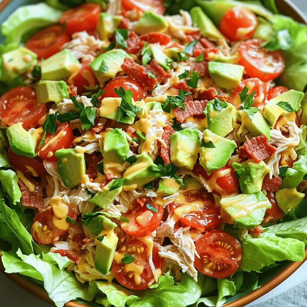 For a great BLT Chicken Salad, gather these ingredients: - 2 cups cooked chicken, shredded or diced - 4 strips of crispy turkey bacon, chopped - 1 large tomato, diced - 1 avocado, diced - 1/4 cup red onion, finely chopped - 1 cup romaine lettuce, chopped - 1/4 cup mayonnaise - 2 tablespoons Greek yogurt - 1 tablespoon Dijon mustard - 1 tablespoon lemon juice - Salt and pepper to taste - Fresh parsley, chopped (for garnish) You can swap some ingredients if needed. - Use chicken breast or rotisserie chicken for cooked chicken. - Regular bacon works well if you prefer it over turkey bacon. - Instead of avocado, try using diced cucumber for a fresh crunch. - You can replace mayonnaise with more Greek yogurt or mashed avocado. Fresh ingredients are best for flavor and texture. - Use fresh tomatoes and avocados when possible. - Romaine lettuce should be crisp; avoid wilted leaves. - Frozen chicken can work, but ensure it is well-cooked and thawed. - Fresh herbs like parsley add a punch of flavor. This recipe is simple and quick, making it perfect for busy days. Check out the Full Recipe for step-by-step guidance. Start by gathering all your ingredients. You will need cooked chicken, turkey bacon, tomato, avocado, red onion, and romaine lettuce. Make sure your chicken is shredded or diced. Next, chop the bacon into small bits. Dice the tomato and avocado into nice cubes. Finely chop the red onion and cut the romaine into bite-sized pieces. This will make a great mix of flavors and textures. In a large mixing bowl, add the mayonnaise, Greek yogurt, Dijon mustard, and lemon juice. Season it with salt and pepper to taste. Stir the mixture well until it looks creamy and smooth. This dressing will add a rich flavor to your salad. Now, add the shredded chicken, chopped turkey bacon, diced tomato, diced avocado, and chopped red onion to the bowl with the dressing. Gently fold everything together. Make sure everything is well coated in the dressing. Finally, add the chopped romaine lettuce and fold it in carefully. This way, you won’t bruise the lettuce. Taste your salad and adjust the seasoning if needed. You can serve it right away or chill it for about 30 minutes. This helps the flavors mix even more. For a full recipe, check out the details above. To create a tasty dressing, mix mayonnaise, Greek yogurt, Dijon mustard, and lemon juice. Use salt and pepper to add flavor. For a smooth texture, stir well until everything is combined. This dressing balances creamy and tangy notes, making each bite delightful. You can adjust the yogurt or mayo to fit your taste preferences. To boost the flavor, add a pinch of garlic powder or smoked paprika. Fresh herbs like basil or cilantro can also lift the taste. If you love heat, try a dash of hot sauce or red pepper flakes. These small tweaks can make your salad burst with flavor. Don't hesitate to experiment with different spices. Serve your salad in a big bowl for sharing or in individual cups for a fun touch. Garnish with fresh parsley for a pop of green. This adds color and freshness to the dish. For added crunch, pair it with whole-grain crackers. This makes the meal more appealing and enjoyable. For the full recipe, check the earlier section on ingredients and instructions. {{image_2}} To make a low-carb or keto version of this BLT chicken salad, swap out the regular mayonnaise for a low-carb option. You can also use Greek yogurt as your base. To cut carbs, skip the avocado and focus on the chicken and bacon. Add more leafy greens like spinach or kale for extra flavor. These changes keep the salad tasty and healthy. If you want a vegetarian version, leave out the chicken and bacon. Use chickpeas or black beans for protein. You can also add extra veggies, like bell peppers or cucumbers, for crunch. Use a plant-based mayo to keep it creamy. This way, you still enjoy a filling salad without meat. You can mix things up by using different proteins. Try cooked shrimp, canned tuna, or even grilled tofu. Each option gives the salad a new twist. Just make sure the protein is cooked and seasoned. These changes let you enjoy the salad based on your taste or what you have on hand. For the full recipe, check out the detailed instructions above. To keep your BLT chicken salad fresh, store it in an airtight container. Make sure to cover it well to avoid any air exposure. Place it in the fridge right after serving. This helps maintain its taste and texture. Consume leftovers within three days for the best flavor. Freezing this salad is not recommended. The ingredients, like lettuce and avocado, do not freeze well. They can become mushy when thawed. If you want to save some, freeze only the chicken and bacon. You can mix the fresh ingredients later when serving. The cooked chicken lasts about three to four days in the fridge. Bacon can stay fresh for a week if stored properly. Tomatoes and avocado should be used within a couple of days after cutting. Mayonnaise can last for months if unopened, but check the label once opened. You can make this salad in advance. Mix the dressing and chicken first. Store them in the fridge for up to 24 hours. Keep the lettuce and avocado separate. Add them right before serving. This keeps everything fresh and crisp. If you want a mayo alternative, use Greek yogurt or sour cream. Both add creaminess. You can also try avocado for a richer texture. Each option gives a unique taste to your salad. Yes, this recipe is great for meal prep. You can portion it into containers. Just remember to keep the lettuce and dressing separate until you eat. This keeps the salad fresh for days. Absolutely! You can add items like cheese, cucumber, or bell peppers. Experiment with flavors that you love. Just remember to keep the balance of textures and tastes. To make the salad more filling, add grains like quinoa or brown rice. You can also include beans for extra protein. These additions make the salad hearty and satisfying. Leftovers will last in the fridge for about 3 days. After that, the ingredients may lose freshness. Be sure to check for any changes in smell or texture before eating. Yes, rotisserie chicken works great in this recipe. It saves time and adds flavor. Just shred or chop it before adding to the salad. I love serving this salad chilled. You can use a large bowl or individual cups. Garnish with fresh parsley for a pop of color. Enjoy it with whole-grain crackers for a nice crunch. For the complete recipe, check out the Full Recipe section above. This blog post covered all the key parts of making a tasty BLT Chicken Salad. We looked at the ingredients, substitutions, and fresh choices. You learned step-by-step how to prepare the salad and mix the perfect dressing. We also shared tips on enhancing flavor and presentation. Lastly, we discussed variations, storage, and common questions. Keep these ideas in mind as you create your dish. Enjoy trying new flavors and making it your own!