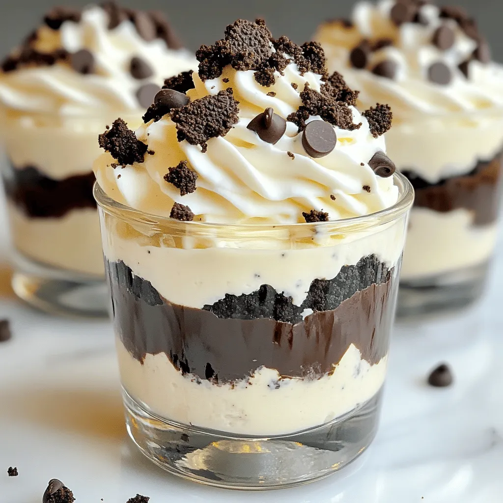 - 16 Oreos, crushed - 1 cup cream cheese, softened - 1/2 cup powdered sugar - 1 teaspoon vanilla extract - 1 cup whipped cream (homemade or store-bought) - 1/2 cup mini chocolate chips (for garnish) - Extra Oreos for crumbling on top - Mixing bowls - Electric mixer (or whisk) - Zip-top bag or food processor - Serving cups To create Oreo dessert cups, you need simple and tasty ingredients. First, gather 16 Oreos. I love using these for a crunchy base. You also need one cup of softened cream cheese. This adds a rich, creamy layer to your dessert. Next, grab half a cup of powdered sugar. This sweetens the mix perfectly. Add one teaspoon of vanilla extract for flavor. It makes everything taste even better! Whipped cream is key too. Use one cup, either homemade or store-bought. It lightens the dessert and makes it fluffy. Don’t forget the mini chocolate chips! You’ll need half a cup for a cute garnish. Lastly, keep some extra Oreos for crumbling on top. This will give your cups a nice finish. For tools, have mixing bowls ready. You will need an electric mixer or a whisk to mix your ingredients. A zip-top bag or food processor is great for crushing the Oreos. Finally, get some nice serving cups to layer your dessert. You can find the full recipe to create these delicious Oreo dessert cups in the next section. - Crushing the Oreos Start by crushing the Oreos. You can use a zip-top bag or a food processor. Aim for fine crumbs. This creates a great base for your dessert cups. Reserve about 2 tablespoons of the crushed Oreos for later. - Mixing the cream cheese and sugar In a large bowl, add the crushed Oreos, softened cream cheese, powdered sugar, and vanilla extract. Mix these together until they are smooth. This mixture should be creamy and well combined. - Layering the Oreo mixture Grab your serving cups. Begin by adding a layer of the Oreo mixture. Fill each cup halfway. This will be the first layer of deliciousness. - Adding whipped cream layers Now, add a layer of whipped cream on top of the Oreo mixture. Spread it out evenly. Repeat the layers until the cups are nearly full. Leave some space at the top for the finishing touches. - Topping with Oreo crumbs and chocolate chips Sprinkle the reserved Oreo crumbs and mini chocolate chips on top of each dessert cup. This adds a nice crunch and looks great. - Chilling time for optimal flavor Place the dessert cups in the refrigerator. Chill them for at least 30 minutes. This helps the flavors blend together. The result is a tasty and refreshing treat. For the full recipe, follow the steps above and enjoy making your Oreo Dessert Cups! To get the best cream cheese mixture, make sure your cream cheese is softened. Cold cream cheese does not mix well. Leave it out for about 30 minutes before you start. This makes blending easier and smoother. When mixing, use a hand mixer or a whisk. Start on low speed to blend the cream cheese with the powdered sugar. Then, increase to medium speed until fluffy. This step is key for a light texture in the dessert cups. Presentation matters! For a fun party look, use clear cups. This way, everyone can see those delicious layers. Top each cup with a small dollop of whipped cream and a half Oreo for a cute touch. You can even add a few mini chocolate chips on top for some extra flair. Try adding fresh berries for color. Strawberries or raspberries work well. They add brightness and a burst of flavor. One big mistake is overmixing the whipped cream. If you mix it too long, it can turn grainy. Mix gently just until it’s blended in. This keeps the fluffiness you want. Another mistake is not chilling long enough. Let the dessert cups chill for at least 30 minutes. This helps the flavors blend and sets the layers. If you skip this step, the cups may not hold their shape when served. {{image_2}} You can change up the Oreo dessert cups in fun ways. Adding peanut butter or Nutella gives a rich twist. Just mix a few spoonfuls into the cream cheese layer. You can also layer in fresh fruit like strawberries or bananas. This adds a bright flavor and color. Try adding a layer of raspberries for a sweet and tart kick. If you need gluten-free options, look for gluten-free Oreos. They taste great and work well in this recipe. For a vegan version, swap cream cheese with a plant-based cream cheese. Use coconut whipped cream instead of regular whipped cream. These swaps keep the dessert tasty while fitting different diets. Switch up how you serve these dessert cups. Mini jars work great for a fun look. They are perfect for parties or picnics. You can also use different types of cookies. Try chocolate cookies or vanilla wafers for a new taste. Each cookie will give your dessert a unique spin. For more ideas, check the Full Recipe. To keep your Oreo dessert cups fresh, store them in the fridge. Use an airtight container. This helps keep the layers from getting soggy. Make sure to cover them well. If you use plastic wrap, place it gently on top. Avoid pressing down on the layers. This way, they stay fluffy and tasty. Oreo dessert cups last about three days in the fridge. After this, they may lose their fresh taste and texture. You can freeze them if you want to keep them longer. However, the texture may change once thawed. If you freeze them, allow them to sit in the fridge overnight before eating. This helps keep the layers intact. You usually don’t need to reheat these dessert cups. They are best served cold. If you want to warm them, do it gently. Use a microwave for just a few seconds. This lets you enjoy the soft cream without ruining the layers. Avoid overheating, or the texture will get mushy. Enjoy your treat! You can make your Oreo Dessert Cups look even tastier with fun toppings. Here are some ideas: - Mini chocolate chips for extra crunch - Crumbled Oreos for a classic touch - Whipped cream dollops for creaminess - Shaved chocolate for a fancy look - Sprinkles for a pop of color These toppings add flavor and texture, making your dessert more exciting. Yes, you can prepare Oreo Dessert Cups in advance. Making them ahead saves time and stress. Here’s how: - Assemble the cups and cover them with plastic wrap. - Store them in the fridge for up to 2 days. This way, the flavors meld together nicely. Just remember to add toppings just before serving for best results. If you want a quick treat, look for pre-made Oreo Dessert Cups in stores. Check these places: - Grocery stores often have them in the dessert aisle. - Some bakeries sell their own versions. - Online retailers like Amazon may offer them too. Always read the labels to ensure they meet your taste needs. For the full recipe, refer to the provided link. In this article, we explored how to make Oreo Dessert Cups with simple steps. We looked at the main ingredients, tools needed, and the step-by-step process. I shared tips to avoid common mistakes and offered fun variations for flavors and dietary needs. Remember, chilling the dessert is key to great taste. Get creative with toppings and enjoy these cups at any event. Now it's time to make your own delicious Oreo Dessert Cups!