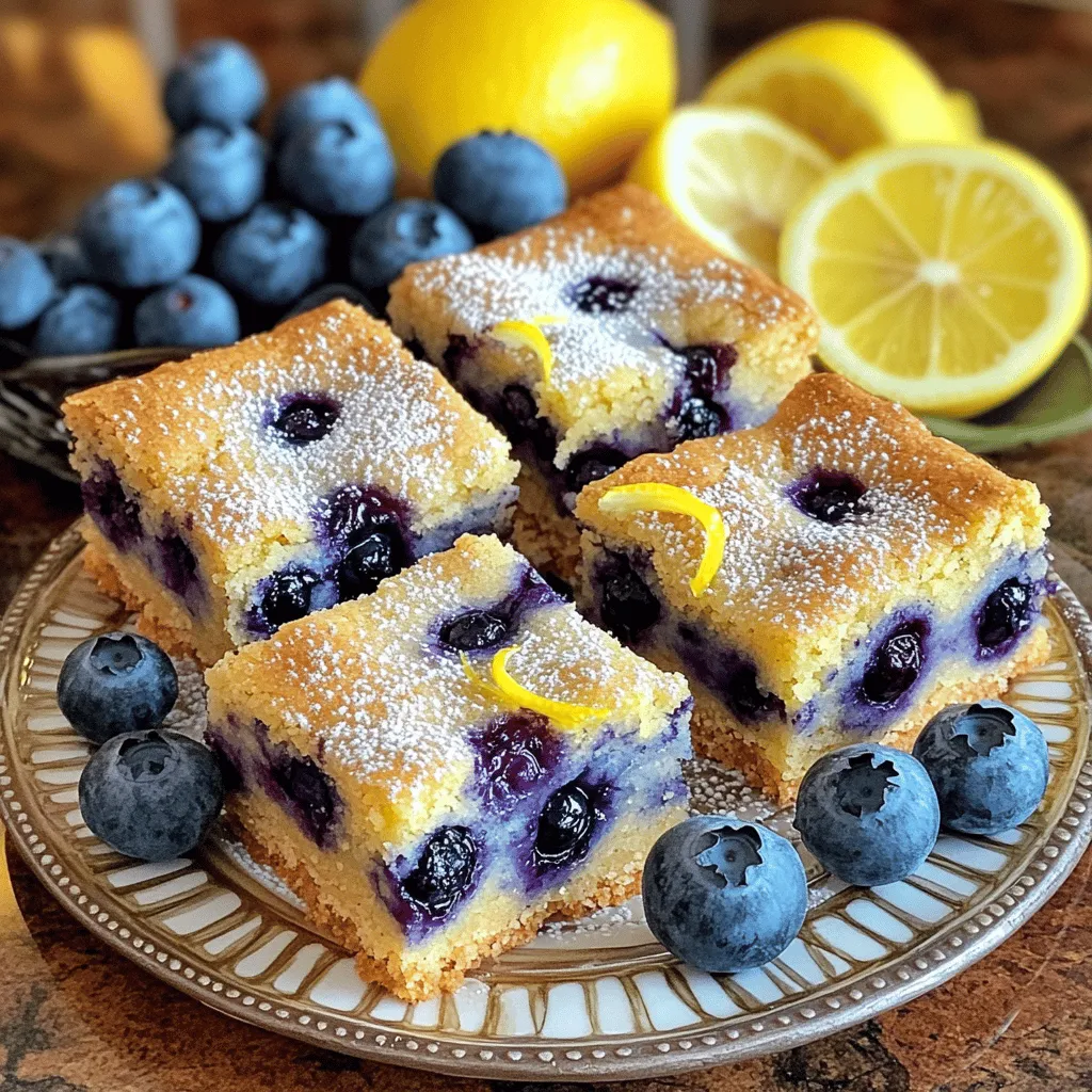 To make the best Blueberry Lemon Cookie Bars, gather these fresh and tasty ingredients: - 1 cup unsalted butter, softened - 1 cup granulated sugar - 1 cup brown sugar, packed - 2 large eggs - 2 teaspoons vanilla extract - 3 cups all-purpose flour - 1 teaspoon baking powder - 1/2 teaspoon baking soda - 1/2 teaspoon salt - Zest of 1 lemon - 1/4 cup fresh lemon juice - 2 cups fresh blueberries - Powdered sugar for dusting (optional) These ingredients come together to create a delightful treat. The butter adds richness, while the sugars bring sweetness. Eggs help bind everything. The flour gives structure, and the baking powder and baking soda help the bars rise. Lemon zest and juice add bright, fresh flavor. Blueberries bring natural sweetness and juicy bursts. If you like, dust with powdered sugar for a pretty finish. For the complete recipe, check out the Full Recipe section. Enjoy the process, and let the flavors shine! Start by preheating your oven to 350°F (175°C). This step gets the oven ready for baking. Next, grease or line a 9x13-inch baking pan. Lining with parchment paper helps the bars come out easily. In a large bowl, cream 1 cup of softened unsalted butter with 1 cup of granulated sugar and 1 cup of brown sugar. Beat them together until the mix is light and fluffy. This usually takes about 3-4 minutes. Then, add in 2 large eggs one at a time, mixing well after each. Stir in 2 teaspoons of vanilla extract and the zest of 1 lemon to add that fresh flavor. In another bowl, whisk together 3 cups of all-purpose flour, 1 teaspoon of baking powder, 1/2 teaspoon of baking soda, and 1/2 teaspoon of salt. This helps to evenly distribute the leavening agents. Gradually mix this dry mixture into the wet ingredients. Mix until everything is just combined; we want to avoid over-mixing. Pour in 1/4 cup of fresh lemon juice, then gently fold in 2 cups of fresh blueberries. Be careful not to break the blueberries; they add a lovely burst of flavor. Once everything is mixed, pour the batter into your prepared baking pan. Use a spatula to smooth it out evenly. Now, it's time to bake! Place the pan in the oven and bake for 30-35 minutes. The edges should turn lightly golden, and the center should be set. To check for doneness, insert a toothpick into the center. If it comes out clean, your cookie bars are ready. For the full recipe, you can refer to the earlier sections. Enjoy your baking! Using room temperature ingredients is key. When your butter and eggs are warm, they mix better. This helps create a light and airy texture in your cookie bars. Cold butter can lead to dense bars, which we want to avoid. Mix the batter just until combined. Over-mixing can make the bars tough. Gently fold in the dry ingredients, then add the blueberries. This keeps them intact and ensures a soft bite. Dusting with powdered sugar gives a nice touch. It adds sweetness and looks pretty. I like to use a fine sieve to sprinkle it evenly on top. For gatherings, serve the bars on a colorful platter. You can add fresh blueberries and lemon slices as decoration. This makes the dessert more inviting and fun. One common mistake is overbaking the cookie bars. Keep an eye on them in the oven. They should be lightly golden and spring back when touched. A toothpick should come out clean but not dry. Another mistake is not using fresh ingredients. Fresh blueberries burst with flavor. If they are old, your bars will taste bland. Always choose the best produce for the best results. For the full recipe, check the complete guide. {{image_2}} You can easily change the taste of these cookie bars. Adding nuts like walnuts or pecans gives a nice crunch. You can also sprinkle in shredded coconut for a tropical twist. If you want to switch up the berries, try raspberries or strawberries. For a refreshing zing, use lime instead of lemon. Each change gives a new flavor to enjoy. If you need gluten-free options, swap out regular flour for almond or oat flour. Both work great and keep the bars soft. For a vegan twist, replace the eggs with flaxseed meal or applesauce. Use vegan butter to keep the texture rich and delicious. These adjustments make the cookie bars friendly for all diets. You can serve these cookie bars in fun ways. Layer them with yogurt and fruit for a tasty dessert parfait. This adds a delightful texture and flavor mix. You can also serve them warm with a scoop of ice cream or a dollop of whipped cream. This makes the bars even more indulgent. For the complete recipe, check the Full Recipe section. To keep your blueberry lemon cookie bars fresh, store them at room temperature. Place them in an airtight container. This helps keep them soft and tasty. If you need to store them longer, refrigerate them. Just remember to wrap them tightly in plastic wrap or foil. You can also freeze them for up to three months. Use a freezer-safe container or bag for best results. When stored properly, your cookie bars will last about a week at room temperature. In the fridge, they stay fresh for about two weeks. If you freeze them, they will maintain good quality for three months. Check for signs of spoilage. Look for any mold or an off smell. If they feel hard or dry, they might not taste good. Always trust your senses when enjoying these delicious treats! For the full recipe, check above. You can easily make these cookie bars gluten-free by using gluten-free flour. Look for a blend that works in baking. You may also add a bit of xanthan gum. This helps bind the ingredients together. Start with 1 teaspoon per cup of gluten-free flour. It will give your bars a great texture. Yes, you can use frozen blueberries! Just make sure to rinse them first. This helps remove extra ice. You may want to add them straight from the freezer to the batter. This prevents them from becoming mushy. They will bake well and taste delicious in your cookie bars. If you want to make these bars vegan, there are great substitutes for eggs. You can use flaxseed meal and water. Mix 1 tablespoon of flaxseed meal with 2.5 tablespoons of water. Let it sit for five minutes until it thickens. Another option is unsweetened applesauce. Use 1/4 cup of applesauce for each egg. You can tell the cookie bars are done when the edges turn golden brown. Use a toothpick to check the center. If it comes out clean, they are ready. The texture should be soft but set. Let them cool before cutting for the best results. In this post, we explored making delicious lemon blueberry cookie bars. You learned the key ingredients and followed step-by-step instructions for perfect results. I shared tips for texture, common mistakes, and fun variations to try. Remember, using fresh ingredients makes a big difference. Store your cookie bars properly for lasting freshness. Enjoy these tasty treats at home or share them with friends. Your baking skills will shine!
