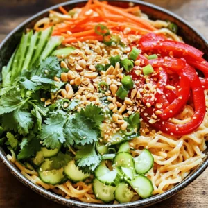 - 8 oz rice noodles - 1/4 cup creamy peanut butter - 3 tablespoons soy sauce - 2 tablespoons lime juice The stars of this salad are the rice noodles, peanut butter, soy sauce, and lime juice. Rice noodles are light and soak up flavors well. Creamy peanut butter adds richness and a nutty taste. Soy sauce gives it that salty kick, while lime juice brings in a zesty note. - 1 bell pepper (red or yellow), thinly sliced - 1 cup shredded carrots - 1 cucumber, julienned - 1/4 cup chopped fresh cilantro - 1/4 cup chopped green onions Fresh produce makes this dish pop with color and texture. The bell pepper adds crunch and sweetness. Shredded carrots give a nice bite, while cucumbers offer a refreshing crunch. Fresh cilantro and green onions add bright, herbal notes. - 1/4 cup crushed peanuts - Sesame seeds (optional, for garnish) Toppings can really enhance your salad. Crushed peanuts add a delightful crunch. Sesame seeds provide extra flavor and a nice look. You can skip these if you want, but they make the dish feel special. For the full recipe, check out the cooking instructions to create this tasty dish. 1. Start by boiling a large pot of water. 2. Add the rice noodles and cook them until they are tender. 3. Drain the noodles in a colander and rinse them under cold water. 4. This stops the cooking and keeps the noodles from sticking. 1. In a medium bowl, whisk together the peanut butter and soy sauce. 2. Add lime juice, honey or maple syrup, and the chopped scotch bonnet pepper. 3. Whisk until the dressing is smooth and well mixed. 4. If the dressing feels too thick, add a tablespoon of water to thin it out. 1. In a large bowl, mix the cooked noodles with sliced bell pepper, shredded carrots, and cucumber. 2. Pour the peanut dressing over the salad and toss everything together. 3. Make sure every noodle and piece of produce is coated with the dressing. 4. Gently fold in the chopped cilantro and green onions for added flavor. 5. Serve the salad in bowls and sprinkle crushed peanuts on top. 6. You can add sesame seeds for extra crunch and flavor if you like. For the complete recipe, check out the Full Recipe section. To make the best Thai Peanut Noodle Salad, focus on the noodles. - Avoid overcooking rice noodles. They should be soft but not mushy. - Rinse with cold water right after cooking. This stops the cooking and keeps them firm. The dressing makes this salad shine. You can tweak it to your taste. - Adjust sweetness or spice to taste. Add more honey for sweetness or more pepper for heat. - Use fresh lime juice for brightness. It really lifts the flavors and adds zing. How you serve the salad matters. It should look as good as it tastes. - Serve in vibrant bowls. Bright colors attract the eye and make the meal fun. - Garnish with crushed peanuts and sesame seeds. This adds crunch and makes it look appealing. For the detailed cooking steps, check the Full Recipe. {{image_2}} You can easily adjust the Thai Peanut Noodle Salad to fit different diets. For a gluten-free option, swap regular soy sauce for tamari or coconut aminos. These alternatives give you that savory taste without gluten. If you want to make it vegan, simply replace honey with maple syrup. This keeps the sweetness while staying plant-based. Want to boost the nutrition? Try adding protein to your salad. Tofu, chicken, or shrimp work great. Just cook them separately before mixing them in. To make the salad even healthier, toss in extra veggies. Edamame and snap peas add crunch and color. They also provide more fiber, which is good for digestion. Feel free to play around with flavors. Different nut butters can change the taste of your dressing. Almond or cashew butter can add a unique twist. Adding fresh herbs or spices can also enhance the salad. Try cilantro, basil, or even a pinch of red pepper flakes for extra zing. These small changes can make your dish even more exciting. Check out the Full Recipe for more details! To keep your Thai Peanut Noodle Salad fresh, store it in the fridge. Use airtight containers to prevent air from getting in. This keeps the flavors intact longer. Always make sure the salad is cooled before sealing it up. It helps avoid sogginess and keeps ingredients crisp. When you want to enjoy your leftovers, reheating is key. Use a microwave or a stovetop. For the microwave, warm in short bursts. Stir in between to heat evenly. If using the stovetop, add a splash of water to prevent sticking. Avoid overheating, as it can make the noodles mushy. Your salad can stay fresh for about 3 to 5 days in the fridge. Look for signs of spoilage like a sour smell or slimy texture. If you see any mold or if the noodles feel too soft, it’s best to toss it out. Enjoy your meal while it's still fresh! Yes, you can make this salad ahead of time. To prep in advance, cook the noodles and store them in an airtight container. Keep the veggies and dressing separate until serving. This keeps the salad fresh and crunchy. You can mix everything together just before you plan to eat. This way, the flavors blend well without getting soggy. If you have allergies to peanuts, use sunflower seed butter instead. This option is nut-free and still creamy. Almond butter works well too, but it has a different taste. You can also try tahini, made from sesame seeds. Each option gives a unique flavor to the salad. The spice level can vary based on how much scotch bonnet pepper you use. If you like less heat, use half of the pepper or remove the seeds. You can also skip the pepper entirely for a milder taste. Taste the dressing before mixing it in. Adjust the spice to fit your family's preference for heat. Thai peanut noodle salad is both fun to make and tasty. You learned about important ingredients like rice noodles and peanut butter. Fresh veggies add nice crunch and color. I shared step-by-step instructions to guide you through cooking. Tips help you make the salad shine. You can even change it up for special diets or add protein for more nutrition. Store leftovers correctly to enjoy later. This dish is a great choice for quick meals. Each bite brings flavor, freshness, and fun. Enjoy making your own delicious version!