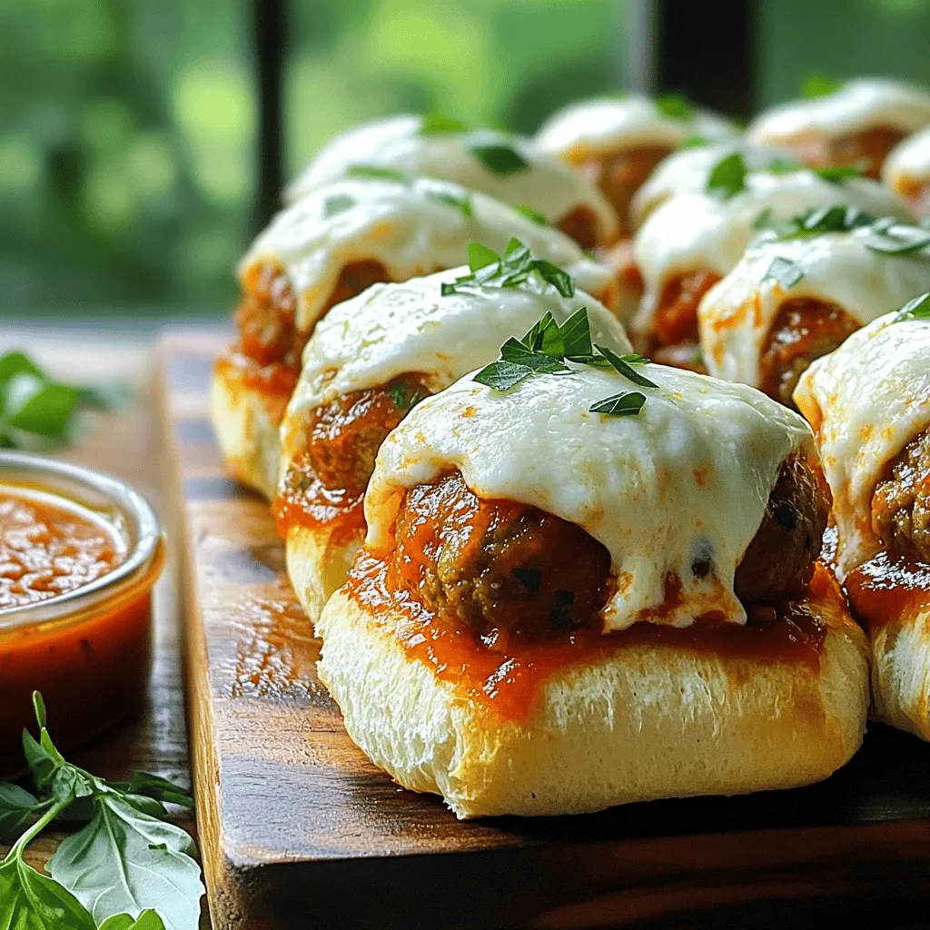 - 1 pound ground beef - 1/2 cup breadcrumbs - 1/4 cup grated Parmesan cheese - 1/4 cup fresh parsley, chopped - 1 clove garlic, minced - 1 egg - 1 teaspoon salt - 1/2 teaspoon black pepper - 2 cups marinara sauce (plus extra for serving) - 12 slider rolls (preferably soft and fluffy) - 1 cup mozzarella cheese, shredded - 2 tablespoons olive oil The base of these sliders is simple yet so tasty. You will start with ground beef, which gives a rich flavor. The breadcrumbs help bind everything together. Parmesan cheese adds a nice umami kick. Fresh parsley brightens the dish. A bit of minced garlic gives it depth. Don't forget the egg, salt, and black pepper to season the meatballs. - Fresh basil leaves Basil leaves add a fresh touch. They also bring a nice color to your sliders. Just sprinkle them on top before serving. This little detail makes a big difference. - Chopped onions - Italian seasoning - Crushed red pepper flakes Want to take your sliders to the next level? Consider adding chopped onions for sweetness. Italian seasoning brings in a burst of herbs. If you like a kick, crushed red pepper flakes are perfect. Feel free to mix and match to find your favorite combo. For the full recipe, check out the details provided earlier. Happy cooking! - Preheat the oven to 350°F (175°C). - In a large bowl, combine the ground beef, breadcrumbs, Parmesan cheese, parsley, garlic, egg, salt, and black pepper. Mix until everything is well blended. - Roll the mixture into small meatballs, about 1 inch in size. You should make around 15-18 meatballs. - Heat 1 tablespoon of olive oil in a large skillet over medium heat. Add the meatballs and cook until they are browned on all sides, which takes about 7-10 minutes. Remove the meatballs from the skillet. - In a separate saucepan, warm the marinara sauce. Gently add the browned meatballs to the sauce, stirring to coat them well. - Cut the slider rolls in half, keeping them attached at the back. Place the bottom halves in a baking dish. - Spoon the meatballs with marinara sauce over the bottom halves, making sure to spread them evenly. - Generously sprinkle shredded mozzarella cheese on top of the meatballs. - Place the top halves of the rolls over the meatballs and cheese. Brush the tops with the remaining olive oil. - Cover the dish with aluminum foil and bake for 15 minutes. After that, remove the foil and bake for an additional 10 minutes. The cheese should melt and the rolls should turn golden. - Let the sliders cool slightly. Use a knife to cut them apart. Serve with extra marinara sauce for dipping. For more details, check the Full Recipe. To make great meatballs, mix your ingredients well. Do not overwork the meat; this keeps them tender. For moist meatballs, add a splash of milk or soaked breadcrumbs. These tips help lock in flavor and prevent dryness. Marinating the meat for a few hours can boost the taste. You can use simple spices or even some Worcestershire sauce. When choosing marinara sauce, go for a brand you love. A good sauce enhances the meatballs and makes your sliders shine. Cover your baking dish with foil for the first part of baking. This traps steam and keeps the meatballs juicy. After 15 minutes, remove the foil. This step helps the cheese melt nicely and the rolls turn golden. Adjust baking time based on how you like your bread. For crispy rolls, bake a bit longer! Try these tips for the best Pull-Apart Meatball Sliders. Check out the Full Recipe for detailed steps! {{image_2}} You can change the meat in your sliders for a new taste. Try turkey or chicken meatballs. They are leaner but still tasty. If you want a plant-based option, use vegetarian meat alternatives. These can give you the same great flavor without meat. Mixing flavors can make your sliders exciting. For a spicy kick, use pepper jack cheese in your meatballs. This adds heat and creaminess. If you love Mediterranean flavors, try adding feta cheese and olives. They will give your sliders a fresh twist. Think about what to serve with your sliders. Salads can be a great side dish. They add crunch and freshness. You might also serve your sliders with chips for a fun crunch. For dips, try making a garlic aioli or a spicy marinara. These will add even more flavor to your meal. For the full recipe, don’t forget to check the detailed steps. To keep your sliders fresh, cool them down first. Let them sit at room temperature for about 30 minutes. This helps prevent moisture build-up. Next, place them in an airtight container. I recommend using a glass or plastic container with a tight lid. This keeps the sliders from drying out. When it’s time to enjoy your leftovers, you have two great options: the microwave or the oven. For the microwave, place one or two sliders on a plate. Cover them with a damp paper towel. Heat them in 30-second bursts until warm. For the oven, preheat it to 350°F (175°C). Place the sliders on a baking sheet and cover with foil. Heat for about 10-15 minutes until warm. You can freeze sliders before or after baking. To freeze before baking, form the meatballs and assemble the sliders. Wrap them tightly in plastic wrap and then in foil. Place them in a freezer bag. For freezing after baking, let them cool first. Then, follow the same wrapping method. When ready to eat, thaw them in the fridge overnight. Bake them at 350°F (175°C) for about 20 minutes until heated through. You can store leftover meatball sliders in the fridge for up to three days. Make sure to place them in an airtight container. This keeps them fresh and tasty. If you want to retain the best flavor, eat them within the first two days. For longer storage, you can freeze them. Just wrap each slider securely in foil or plastic wrap. This way, they stay good for about three months. Yes, you can make sliders in advance! Prepare the meatballs and sauce the night before. Store them in the fridge. You can also assemble the sliders and place them in the fridge. Just cover them tightly. When you're ready to bake, let them sit at room temperature for about 15 minutes. This helps them cook evenly. Then, bake as usual for a delicious meal without stress. Several side dishes pair well with Pull-Apart Meatball Sliders. Here are some of my favorites: - Garlic bread for extra flavor. - A fresh green salad for crunch. - Crispy potato chips for a fun side. - Roasted vegetables for a healthy touch. - Classic coleslaw for a tangy bite. You can easily spice up your meatball sliders with a few simple changes. Consider these ideas: - Swap ground beef for ground turkey or chicken for a lighter option. - Add chopped onions or bell peppers to the meat mix for extra flavor. - Mix in Italian seasoning or crushed red pepper flakes for heat. - Try using pepper jack cheese instead of mozzarella for a spicy kick. - Top with fresh basil or arugula for a fresh taste. For the full recipe, check out the Pull-Apart Meatball Sliders section! Pull-apart meatball sliders are fun and tasty. We’ve covered the key ingredients, from ground beef to garnishes. You learned how to make juicy meatballs and assemble sliders with melty cheese. I shared tips for perfecting your sliders and gave variations to try, like spicy or vegetarian options. Now, make these sliders your own. Get creative with flavors and enjoy them with friends. Whether it's for a party or a cozy night, these sliders will satisfy everyone!