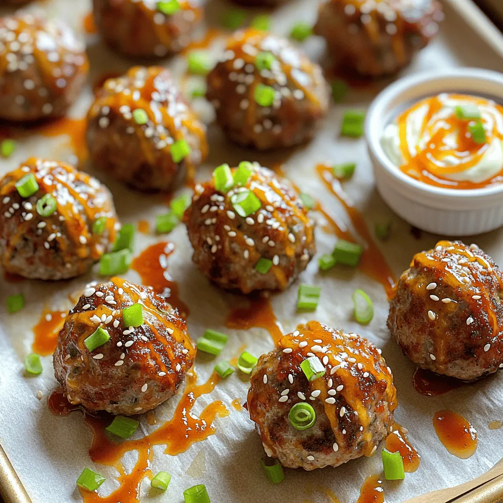 - 1 lb ground beef or ground chicken - 1/4 cup breadcrumbs - 1/4 cup green onions, finely chopped - 2 tablespoons soy sauce - 1 tablespoon sesame oil - 2 teaspoons grated ginger - 2 cloves garlic, minced - 1 tablespoon brown sugar - 1/2 teaspoon black pepper - 1/4 teaspoon red pepper flakes (adjust to taste) - 1/4 cup mayonnaise - 1 tablespoon sriracha (or to taste) - 1 teaspoon lime juice - Sesame seeds and additional sliced green onions for garnish I love using fresh ingredients in my Korean BBQ meatballs. Ground beef or chicken gives you a great base. Green onions add a nice crunch and flavor. The soy sauce and sesame oil give an umami kick. Ginger and garlic offer warmth and depth. Brown sugar balances out the flavors. The black pepper and red pepper flakes add just the right amount of spice. For the spicy mayo, mix mayonnaise with sriracha and lime juice. This dip is creamy and spicy, perfect for drizzling on the meatballs. You can adjust the sriracha to control the heat. You will need a mixing bowl, a baking sheet, parchment paper, and a whisk to prepare these delicious meatballs. This recipe is quick, taking about 30 minutes, and serves 4 to 6 people. For the full recipe, check out the detailed instructions. - Preheat the Oven: First, set your oven to 400°F (200°C). This step helps cook the meatballs evenly. - Mixing Meatball Ingredients: In a large bowl, combine the ground beef or chicken, breadcrumbs, chopped green onions, soy sauce, sesame oil, grated ginger, minced garlic, brown sugar, black pepper, and red pepper flakes. Mix the ingredients gently. You want them combined but not overworked. - Forming Meatballs: Take a small amount of the mixture. Shape it into a ball about the size of a golf ball. Place each meatball on a baking sheet lined with parchment paper. This keeps them from sticking and makes cleanup easy. - Arranging on Baking Sheet: Spread the meatballs out on the baking sheet. Make sure they are not touching. This allows them to cook evenly and get a nice crust. - Baking Time and Temperature: Bake the meatballs in the preheated oven for about 15 to 20 minutes. Check for a golden-brown color and make sure they are cooked through. - Ingredients for Spicy Mayo: For the spicy mayo, you will need 1/4 cup of mayonnaise, 1 tablespoon of sriracha, and 1 teaspoon of lime juice. - Mixing Instructions: In a small bowl, whisk together the mayonnaise, sriracha, and lime juice. Mix until smooth. You can add more sriracha if you want it spicier. These steps will guide you toward making Korean BBQ meatballs with spicy mayo. For the full recipe, refer to the earlier section. Enjoy the process and the delicious results! - Don’t Overmix: When you mix your meatball ingredients, do it gently. Overmixing makes them tough. Just blend until everything is evenly combined. - Tips for Uniform Sizing: Use a small ice cream scoop or your hands to form meatballs. This gives you a uniform size and better cooking. Aim for golf ball-sized portions for even cooking. - Ways to Control Heat Level: To lower the heat in your spicy mayo, add more mayonnaise. You can also reduce the sriracha or add a bit of honey for sweetness. - Alternative Ingredients for Mayo: If you want a twist, try Greek yogurt instead of mayo. It adds creaminess and a tangy flavor that works well. - Garnishing Ideas: Sprinkle sesame seeds and sliced green onions on top for a pop of color. Fresh herbs like cilantro can also add a nice touch. - Serving Suggestions: Serve your meatballs on a platter with the spicy mayo in a small bowl. This allows guests to dip as they please, making it fun and interactive. For the full recipe, check out the detailed instructions above! {{image_2}} You can swap the ground beef or chicken for other options. - Using Ground Turkey: Ground turkey works well and is leaner. It still holds flavor from the spices. Try the same seasonings for a tasty twist. - Vegetarian Options: For a meat-free choice, use lentils or chickpeas. Mash them up and mix with breadcrumbs and spices. They will still give you great flavor. You can boost the taste of your meatballs with a few tweaks. - Adding Different Herbs: Fresh herbs like cilantro or basil can elevate the flavor. Just chop them finely and mix them in. They add freshness and brightness. - Alternative Sauces: Instead of sriracha, try gochujang for heat. You can also use a sweet chili sauce for a milder flavor. Each option brings a unique taste. You can serve these meatballs in fun ways that surprise your guests. - Appetizer Ideas: Skewer the meatballs on toothpicks. Serve with spicy mayo for dipping. This makes a great party snack. - Meal Prep Suggestions: These meatballs store well. Make a big batch and freeze them for later. Just reheat and serve over rice or noodles for a quick meal. For the full recipe, check out the Korean BBQ Meatballs with Spicy Mayo. Enjoy experimenting with these variations! To store leftover meatballs, place them in an airtight container. You can also wrap them tightly in plastic wrap. This keeps them fresh and tasty. For freshness, eat leftover meatballs within three days. After that, they may lose flavor and texture. For freezing, let the meatballs cool completely first. Then, arrange them on a baking sheet in a single layer. This helps keep them from sticking together. Freeze for a few hours until solid, then transfer to a freezer bag. When you want to enjoy them, thaw the meatballs in the fridge overnight. To reheat, place them in the oven at 350°F (175°C) until warm. You can also microwave them for a quick option. To reheat, the oven is your best choice. It will keep the meatballs crispy. You can also use the microwave, but they may get soft. If you find the meatballs dry after reheating, drizzle some water over them before heating. This helps restore moisture and flavor. Enjoy your Korean BBQ meatballs with spicy mayo even after storage! For the full recipe, check out the main article. Yes, you can make these meatballs ahead of time. Prepare them and store them in the fridge. They stay fresh for up to two days. You can also freeze them for up to three months. Just make sure to cook them before serving. If you don’t have sriracha, try using gochujang, a Korean chili paste. It adds a nice kick and flavor. You can also use sweet chili sauce for a milder taste. Adjust the amount to suit your heat preference. Yes! You can use gluten-free breadcrumbs or crushed rice crackers. Both work well and keep the meatballs tasty. You can also use ground oats as a binder instead of traditional breadcrumbs. To check if the meatballs are done, use a meat thermometer. The internal temperature should reach 165°F (75°C). You can also cut one open; the meat should be fully cooked and no longer pink. Yes, you can bake the meatballs without parchment paper. Just lightly grease the baking sheet. This helps prevent sticking and makes cleanup easier. However, parchment paper helps with even cooking and browning. This blog post explored how to make delicious Korean BBQ meatballs. We covered the right ingredients, tools, and step-by-step instructions to create tasty meatballs. I shared tips for texture, spicy mayo adjustments, and presentation ideas. Don't forget the variations and storage info for those leftovers! Whether you choose ground beef or chicken, these meatballs are sure to please. Get ready to impress your friends and family with this simple, fun recipe. Happy cooking!