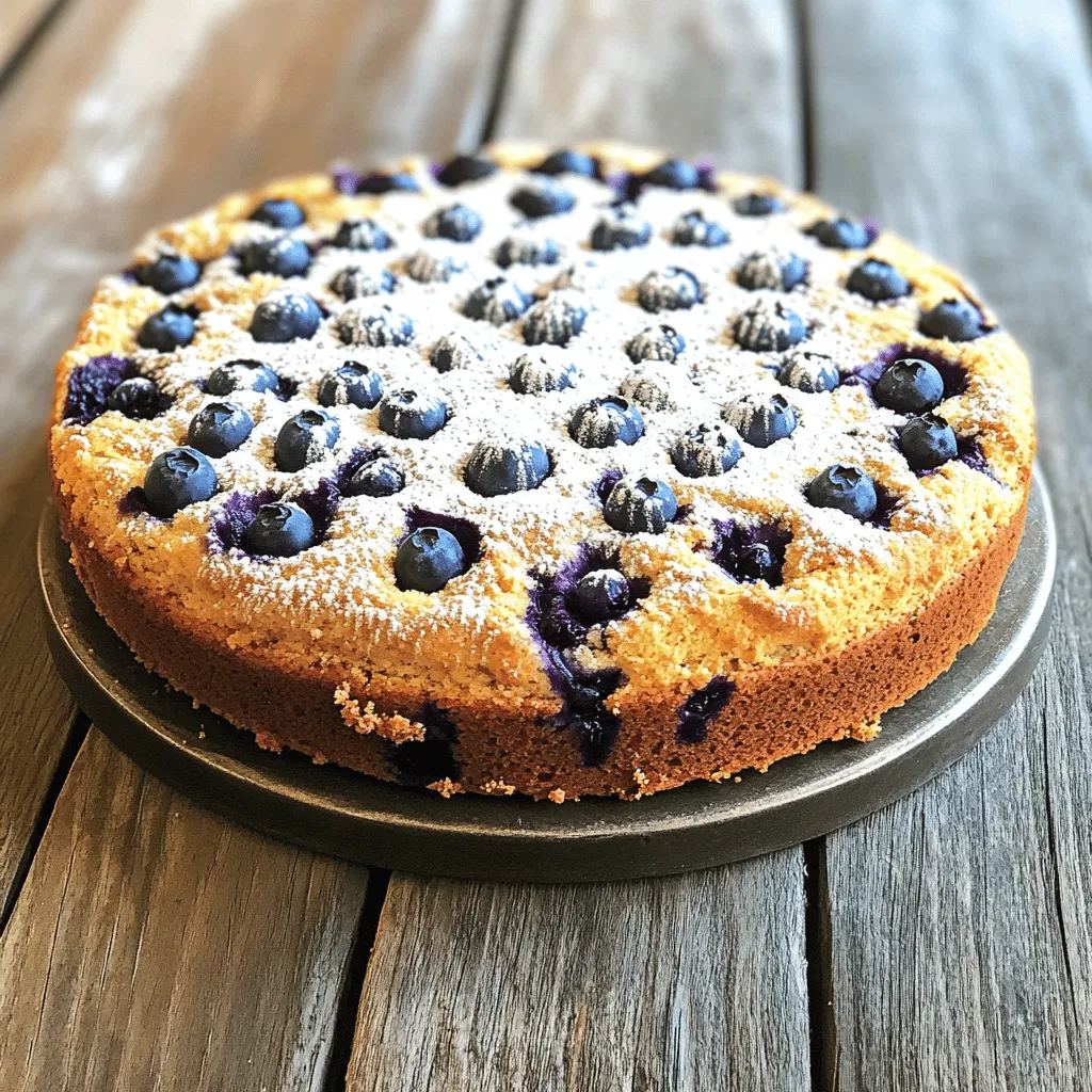 To make the Ultimate Blueberry Coffee Cake, you need some key ingredients. Here’s what you will need: - 1 cup all-purpose flour - 1 cup whole wheat flour - 1 cup granulated sugar - ½ cup unsalted butter, softened - 2 large eggs - 1 cup buttermilk - 2 teaspoons baking powder - 1 teaspoon baking soda - ½ teaspoon salt - 1 teaspoon vanilla extract - 2 cups fresh blueberries - 1 teaspoon lemon zest - ½ cup brown sugar - ½ teaspoon ground cinnamon These ingredients create a rich batter that is moist and flavorful. The blueberries add a burst of sweetness, making each bite a delight. For an extra touch, consider adding these optional ingredients: - ½ cup chopped pecans - A pinch of nutmeg - A splash of almond extract These add-ins can enhance the texture and flavor of the cake. The pecans provide a nice crunch, and nutmeg complements the blueberries perfectly. You can easily modify this recipe to fit different dietary needs. Here are some options: - Use gluten-free flour instead of all-purpose and whole wheat flour. - Replace buttermilk with almond milk or oat milk mixed with a splash of vinegar. - Swap eggs with flaxseed meal mixed with water for a vegan option. These substitutes help everyone enjoy this tasty treat. No one has to miss out on this delicious coffee cake! Start by gathering all your ingredients. Measure them out for easy use. You will need: - 1 cup all-purpose flour - 1 cup whole wheat flour - 1 cup granulated sugar - ½ cup unsalted butter, softened - 2 large eggs - 1 cup buttermilk - 2 teaspoons baking powder - 1 teaspoon baking soda - ½ teaspoon salt - 1 teaspoon vanilla extract - 2 cups fresh blueberries - 1 teaspoon lemon zest - ½ cup brown sugar - ½ teaspoon ground cinnamon - ½ cup chopped pecans (optional) Make sure your butter is soft. This helps it mix well with sugar. Use fresh blueberries for the best taste. Zest your lemon right before using it. This gives the cake a bright flavor. In a large bowl, cream the softened butter with granulated sugar. Mix until it is light and fluffy. Add the eggs one by one. Make sure to mix well after each egg. Then, stir in your vanilla extract and lemon zest. In another bowl, combine your flours, baking powder, baking soda, and salt. Mix these dry ingredients together. Gradually add them to the wet mixture. Alternate with the buttermilk. Mix until just combined. Be careful not to overmix; it should be a little lumpy. Gently fold in your blueberries. Now, pour half the batter into your greased baking pan. Spread it out evenly. Sprinkle half of the brown sugar and cinnamon mixture on top. This adds a nice sweet layer. Then, pour the rest of the batter over this layer. Spread it evenly again. Top with the remaining brown sugar and cinnamon mixture. Bake your cake in the preheated oven at 350°F (175°C) for 40 to 45 minutes. Check with a toothpick to see if it’s done. When it comes out clean, your cake is ready. Let it cool for at least 15 minutes before serving. Enjoy this warm treat! For the complete recipe, refer to the Full Recipe. Baking can be tricky. Here are some common mistakes to watch out for: - Overmixing the batter: This can make the cake tough. Mix just until combined. - Not measuring ingredients correctly: Use a scale or measuring cups for accuracy. - Skipping the oven preheat: Always preheat your oven. This ensures even baking. - Not greasing the pan: A well-greased pan helps the cake release easily. A good coffee cake has a soft, moist texture. Follow these tips for the best results: - Use room temperature ingredients: This helps the batter mix smoothly. - Add buttermilk: It adds moisture and a slight tang. - Fold in blueberries gently: This keeps them intact and prevents a blue batter. - Check for doneness: Use a toothpick in the center. If it comes out clean, the cake is ready. Want to boost the flavor? Here are some simple ideas: - Add lemon zest: It brightens the cake with a fresh taste. - Use vanilla extract: It enhances the sweetness and aroma. - Incorporate spices: A dash of nutmeg or cardamom can add warmth. - Top with a crumble: Mix butter, flour, and sugar for a crunchy topping. Try these tips and tricks to make your ultimate blueberry coffee cake even better. For the complete instructions, check the full recipe. {{image_2}} If you want to make this cake nut-free, simply leave out the pecans. The cake will still taste great! You can also add a bit more blueberries for extra flavor. This keeps the cake moist and delicious. To make a gluten-free version, swap the all-purpose flour for a gluten-free blend. Look for a blend that has a good mix of flours. You can also add a bit of xanthan gum to help with texture. This will give your cake the right rise and crumb. You can change the fruit based on the season. Try raspberries, blackberries, or even diced peaches. Each fruit brings its own taste. Using different fruits keeps the recipe fresh and fun. Just make sure the fruit is ripe for the best flavor. For the full recipe, check the section above. After you bake the ultimate blueberry coffee cake, let it cool. Then, cut it into squares. Place the squares in an airtight container. If you do not have one, wrap them tightly in plastic wrap. Store the cake at room temperature for up to three days. For longer freshness, put it in the fridge. It will last up to a week in the fridge. To reheat your coffee cake, slice it into pieces. You can use the microwave for quick heating. Heat one slice for about 20 seconds. Check if it's warm enough. If not, heat for another 10 seconds. For a crispier texture, use an oven. Preheat it to 350°F (175°C). Place the slices on a baking sheet and warm them for about 10 minutes. You can freeze the blueberry coffee cake for later. First, let the cake cool completely. Wrap each slice in plastic wrap. Then, place the slices in a freezer bag or container. Make sure to remove as much air as possible. You can freeze the cake for up to three months. When ready to eat, thaw it in the fridge overnight. Enjoy the taste of fresh coffee cake anytime! For the full recipe, check out the detailed instructions above. Yes, you can use frozen blueberries. They work well in this recipe. Just remember to thaw them first. Pat them dry to avoid extra moisture in the batter. Frozen berries might make the cake a bit more colorful, which is nice! To make this coffee cake vegan, swap eggs and butter for plant-based options. You can use flax eggs or applesauce instead of eggs. For butter, use coconut oil or a vegan butter substitute. Change buttermilk to a non-dairy milk with a splash of vinegar or lemon juice. This keeps the cake moist and tasty. Blueberry coffee cake is great on its own, but you can add more fun! Serve it warm with whipped cream or vanilla ice cream for a treat. A side of fresh fruit adds a nice touch too. For drinks, enjoy it with coffee or tea to balance the sweetness. You can find the full recipe for more ideas! This blog post covered everything you need for blueberry coffee cake. We explored essential and optional ingredients, and even substitutes for diets. I detailed step-by-step instructions for perfect baking. Tips helped you avoid common mistakes and improve texture and flavor. Variations let you adapt this cake to your needs. Lastly, we discussed storage for leftovers and answered key questions. Baking this coffee cake is fun, and it can bring joy to your table. Enjoy the process and share your delicious results.