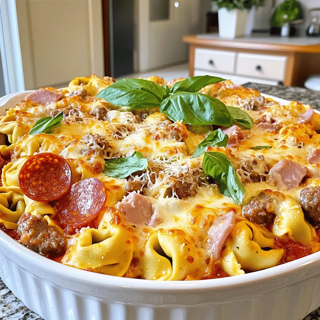 - 12 oz. cheese tortellini - 1 cup cooked Italian sausage, crumbled - 1 cup pepperoni slices - 1 cup diced ham - 1 cup marinara sauce - 1 cup mozzarella cheese, shredded - 1/2 cup Parmesan cheese, grated - 1 teaspoon Italian seasoning - 1/2 teaspoon crushed red pepper flakes (optional) - Fresh basil leaves for garnish Each ingredient plays a special role in this dish. The cheese tortellini gives a soft base. It soaks up the meat and sauce flavors. The Italian sausage adds a savory kick. Pepperoni brings a smoky taste, while ham adds a touch of sweetness. Marinara sauce ties it all together with a rich tomato flavor. Mozzarella makes it creamy and gooey when melted. Parmesan adds a sharp note to balance the richness. Italian seasoning brings depth, and crushed red pepper flakes add a hint of heat. Fresh basil gives a fresh finish. You can switch up the meats based on what you like. Try bacon, ground beef, or turkey for new flavors. For add-ins, consider mushrooms or bell peppers for extra veggies. You can also top with olives or extra cheese before baking. For gluten-free options, look for gluten-free tortellini. There are many brands available now. If you need low-carb, use zucchini noodles instead of tortellini. For a vegetarian version, skip the meats and add spinach or artichokes. You can also use a meat substitute to keep the hearty flavor. To start, boil water in a large pot. Add salt to the water; it helps flavor the tortellini. Cook the cheese tortellini per the package directions, usually about 3-5 minutes. Once cooked, drain it and set it aside. For perfect texture, do not overcook the tortellini. It should be tender but still firm. Now, let’s move on to the meat. In a large skillet, heat the pan over medium heat. Add the crumbled Italian sausage. Cook it for about 5 minutes until it turns brown. This step adds great flavor. Next, toss in the pepperoni and diced ham. Stir for 2-3 minutes until they heat through. It’s time to mix it all together! Add the cooked tortellini to the skillet with the meat. Pour in the marinara sauce and sprinkle the Italian seasoning and crushed red pepper flakes. Gently toss everything together. Next, fold in half of the mozzarella and Parmesan cheese. This will create a rich, cheesy texture. Now, preheat your oven to 375°F (190°C). Transfer the tortellini mixture into a greased baking dish. Sprinkle the remaining mozzarella and Parmesan cheese evenly on top. Bake for 20-25 minutes until the cheese is bubbly and golden. Follow this detailed guide from the Full Recipe to ensure you create a delicious meal that everyone will love! To keep your Meat Lovers Pizza Tortellini from drying out, use enough sauce. Marinara keeps everything moist. If you want more flavor, add herbs like basil or oregano. They add a fresh taste. Crushed red pepper flakes give a nice kick. Don’t skip them if you love heat! For a beautiful dish, garnish with fresh basil leaves. They add color and flavor. You can also sprinkle some extra cheese on top before serving. A drizzle of olive oil brings a nice shine. Serve in a wide bowl to show off those layers of flavor. If you’re busy, use pre-cooked meats. They save time and still taste great. You can also chop veggies ahead of time. This cuts down on prep time. Cook your tortellini while the meat heats. It all comes together quickly for a satisfying meal. For the full recipe, check out the Meat Lovers Pizza Tortellini section. {{image_2}} For a fun twist, try different meats in your dish. You can use ground beef for a rich flavor. Chicken adds a lighter touch, while pancetta gives a salty kick. Mix and match to find your favorite blend. You can also explore flavors from other cuisines. How about adding some spicy chorizo for a kick? Or go Italian with prosciutto for a savory bite? Each meat brings its own taste, making your dish exciting and unique. If you want a meatless version, it’s easy to switch things up. Start by using mushrooms for a hearty base. They add umami and texture. Bell peppers and zucchini can give you that fresh crunch. You can also add plant-based sausage for that meaty flavor without the meat. Use your favorite marinara sauce and load up on cheese for richness. This way, everyone can enjoy a delicious meal! While tortellini is a great choice, there are many pasta options. You can try penne or rigatoni for a different shape and bite. If you prefer noodles, spaghetti or fettuccine works too. For gluten-free diets, look for rice or corn-based tortellini. These options will still give you a tasty and satisfying meal. No matter what pasta you choose, it will soak up all those lovely flavors. To keep your Meat Lovers Pizza Tortellini fresh, let it cool first. Place it in an airtight container. This keeps out air and moisture. Glass or plastic containers work well. Make sure the lid seals tight. You can store leftovers in the fridge for up to three days. When reheating, use a microwave or an oven. If using the microwave, heat in short bursts. Stir in between to warm evenly. For the oven, cover with foil to keep moisture. This helps avoid a dry texture. Soggy leftovers can ruin the meal. Keep an eye on it while it heats. You can also freeze this dish for later. To freeze, let it cool completely first. Scoop it into a freezer-safe container. Use a tight lid or wrap it well. It can last up to three months in the freezer. When you're ready to eat, thaw it overnight in the fridge. Reheat as mentioned before. Enjoy your tasty dish anytime! To make Meat Lovers Pizza Tortellini at home, follow these steps: 1. Cook the Tortellini: Boil salted water. Cook 12 oz. of cheese tortellini until tender. Drain and set aside. 2. Prepare the Meat Mixture: In a skillet, cook 1 cup of crumbled Italian sausage over medium heat for about 5 minutes. Add 1 cup of pepperoni slices and 1 cup of diced ham. Stir for another 2-3 minutes. 3. Combine Ingredients: Add the cooked tortellini to the skillet. Pour in 1 cup of marinara sauce. Sprinkle in 1 teaspoon of Italian seasoning and 1/2 teaspoon of crushed red pepper flakes. Toss everything gently. 4. Add Cheese: Mix in half of 1 cup of shredded mozzarella and half of 1/2 cup of grated Parmesan cheese until melted. 5. Transfer to Baking Dish: Preheat the oven to 375°F (190°C). Pour the tortellini mixture into a greased baking dish. 6. Top with Cheese: Sprinkle the remaining mozzarella and Parmesan on top. 7. Bake: Bake for 20-25 minutes until the cheese is bubbly and golden. 8. Garnish and Serve: Let cool slightly, then add fresh basil leaves on top. Enjoy your meal! For a full and detailed recipe, refer to the Full Recipe section. Yes, you can prepare Meat Lovers Pizza Tortellini ahead. Here's how: - Meal Prep: Cook the tortellini and meat mixture. Combine them, but don’t bake yet. - Storing: Place the mixture in an airtight container. Store it in the fridge for up to 2 days. - Freezing: You can freeze the unbaked dish for up to 3 months. Use a freezer-safe container. When ready to eat, thaw in the fridge overnight. Bake as directed until hot and bubbly. Here are some great sides to enjoy with your Meat Lovers Pizza Tortellini: - Garlic Bread: Easy to make and pairs well with the dish. - Caesar Salad: Adds a fresh crunch and balances the meal. - Roasted Vegetables: A healthy, colorful option that complements the flavors. - Steamed Broccoli: Simple, quick, and nutritious addition. Try these sides for a complete and satisfying meal! Meat Lovers Pizza Tortellini is rich, tasty, and easy to make. You learned about the key ingredients and how they work together. We explored optional ingredients for different preferences and dietary needs. I shared step-by-step instructions for cooking and assembling the dish. You also found tips on presentation, storage, and variations for everyone. Now, you're ready to create your own delicious version. Enjoy experimenting with flavors and making this comforting meal your own.