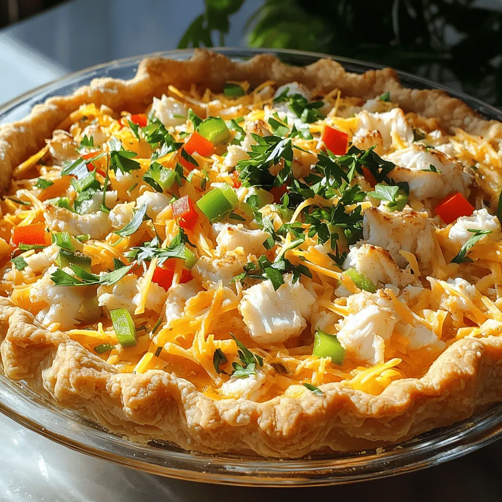 To make a delicious Southern Crab Pie, you need a few key items: - 1 pre-made pie crust (9-inch) - 1 pound fresh crab meat, picked over for shells - 1 cup heavy cream - 3 large eggs These main ingredients form the base of your pie. The fresh crab meat offers a sweet taste, while heavy cream and eggs create a rich filling. Using a pre-made pie crust saves you time and effort. Next, we add some flavors to make the pie shine: - 1 cup shredded sharp cheddar cheese - 1/2 cup mayonnaise - 1/4 cup finely chopped green onions - 1/4 cup diced bell pepper (red or green) - 2 tablespoons Dijon mustard Sharp cheddar cheese adds a nice, tangy kick. Mayonnaise gives a creamy texture, while green onions and bell peppers bring freshness. Dijon mustard adds a hint of spice that elevates the dish. Lastly, don’t forget to season and garnish: - 1 teaspoon Old Bay seasoning - Salt and pepper to taste - Fresh parsley, chopped (for garnish) Old Bay seasoning is a classic choice for seafood. It enhances the crab's flavor. Salt and pepper balance everything. Fresh parsley adds a pop of color and freshness on top. For the full recipe, check out the instructions to create this delightful pie! To start, you need to prepare the pie crust. Take your pre-made pie crust and place it in a 9-inch pie dish. Crimp the edges to make it look nice. This small step helps keep the filling from spilling out while it bakes. Next, set your oven temperature to 350°F (175°C). This is very important. If the oven is too hot, the crust can burn. If it's too cool, the pie won't bake properly. So, always check the oven setting before you begin. Now, let’s mix the filling. In a large bowl, whisk together the heavy cream, eggs, and mayonnaise. Make sure it is smooth. This creates a creamy base for your pie. Then, add in the shredded cheddar cheese, green onions, and diced bell pepper. These ingredients give the pie great flavor and texture. Don't forget the Dijon mustard and Old Bay seasoning. They really bring out the crab’s taste. Once everything is in the bowl, gently fold in the fresh crab meat. Be careful not to break it apart too much. You want it to stay in nice pieces. After mixing, it's time to bake. Pour the crab mixture into your prepared pie crust. Use a spatula to spread it out evenly. Bake the pie in your preheated oven for about 40-45 minutes. Keep an eye on it. You know it’s done when the top is golden brown. You can also check by inserting a knife into the center. If it comes out clean, your pie is ready. Once baked, remove the pie from the oven and let it cool for about 10 minutes. This helps the filling set. Finally, garnish with freshly chopped parsley before serving. Enjoy your Southern Crab Pie! For the full recipe, refer to the detailed instructions above. For Southern Crab Pie, you want fresh crab meat. You can choose between lump, backfin, or special crab meat. Lump crab has large pieces and is great for texture. Backfin has smaller pieces and is still tasty. Special crab meat is less expensive but works well for flavor. You can find fresh crab at local fish markets or grocery stores. Look for crab labeled as "fresh" or "wild-caught." Always check for signs of freshness, like a clean smell and firm texture. To get a creamy filling, use heavy cream and eggs. Whisk them well before mixing in the cheese and vegetables. This helps create a rich taste. Make sure to fold the crab meat gently to keep it intact. To prevent a soggy crust, use a pre-made pie crust that is chilled. Bake it for a few minutes before adding the filling. This helps it stay crisp. You can also brush the crust with a little egg wash for extra protection. For more flavor, feel free to adjust your seasonings. Add extra Old Bay seasoning or a dash of hot sauce for a kick. You can also mix in fresh herbs like thyme or dill. If you want to swap out cheese or veggies, try cream cheese or goat cheese for a different taste. You can also use sautéed spinach or mushrooms as a substitute for bell pepper. These changes can make your Southern Crab Pie unique and still delicious. For the full recipe, check out the details above. {{image_2}} You can make Southern Crab Pie even more exciting by adding other seafood. Shrimp and scallops work great with the crab. They bring their own sweet flavor, which blends well with the creamy filling. When you add shrimp, chop them into small pieces. This way, they mix well with the other ingredients. Scallops can be sliced thin or diced. Their firm texture adds a nice bite to the pie. If you want a vegetarian Southern Crab Pie, you can swap out the crab. Use a mix of vegetables instead. Zucchini, corn, and artichokes are good choices. They add texture and flavor. You can also try using mushrooms for a hearty feel. For a complete vegetarian version, follow these ingredients: - 1 pre-made pie crust (9-inch) - 1 cup heavy cream - 3 large eggs - 1 cup shredded sharp cheddar cheese - 1/2 cup mayonnaise - 1/4 cup finely chopped green onions - 1/4 cup diced bell pepper (red or green) - 2 tablespoons Dijon mustard - 1 teaspoon Old Bay seasoning - Salt and pepper to taste - 1 cup mixed vegetables (like zucchini, corn, or mushrooms) - Fresh parsley, chopped (for garnish) This mix keeps the pie creamy and full of flavor. Southern cooking has many regional twists. You can add unique flavors from other cuisines. For example, consider using herbs like cilantro or lime zest for a Mexican touch. You can also try a dash of curry powder for an Indian flavor. Each variation gives the pie a new spin. Play with spices and herbs to find what you love best. This makes your Southern Crab Pie a global dish! To keep your Southern Crab Pie fresh, it's best to store leftovers in the fridge. Place the pie in an airtight container or cover it tightly with plastic wrap. This method helps prevent the filling from drying out. Your pie will stay good in the fridge for about 3 to 4 days. You can freeze Southern Crab Pie for later enjoyment. If you want to freeze it before baking, wrap it well in plastic wrap and foil. This way, you can pull it out and bake it when you're ready. If you freeze it after baking, let it cool completely first. Wrap it tightly and store it in the freezer for up to 3 months. When you are ready to eat it, thaw the pie in the fridge overnight. To reheat, bake it in a 350°F oven for about 30 minutes. This will warm it through and keep it tasty. Southern Crab Pie pairs well with a fresh salad. A simple green salad with a light vinaigrette works great. You can also serve it with coleslaw for a crunchy contrast. For drinks, try a crisp white wine or a light beer. Both complement the flavors in the pie nicely. For the full recipe, check out the details above. You can use several tasty alternatives to crab meat. Shrimp works well and adds a nice flavor. You can also try cooked lobster for a richer taste. For a plant-based option, use artichoke hearts or hearts of palm. Both have a good texture and absorb flavor well. Each choice gives a unique twist to the dish. Just remember, the cooking time may change, so check your pie as it bakes. Look for a few key signs to know your pie is ready. The top should turn a lovely golden brown. When you insert a knife in the center, it should come out clean. If the filling jiggles too much, it needs more time. You can also check that the edges of the crust are firm and not too soft. These signs will help you get a perfect Southern Crab Pie every time. Yes, you can prepare the pie ahead! Make the filling and store it in the fridge for up to a day. You can also assemble the pie, cover it, and keep it in the fridge. When you’re ready to bake, just pop it in the oven. If you bake it ahead, let it cool, then store it in the fridge. Reheat it in the oven before serving for the best taste. For the full recipe, check the earlier sections of this article. Southern crab pie is a delightful dish made with fresh ingredients and bold flavors. We covered its key components, from crab meat to a perfect pie crust. The steps to mix and bake ensure a creamy filling without a soggy base. You can also explore variations with seafood or vegetarian options. Always store leftovers properly to enjoy later. Embrace your cooking journey and have fun creating this flavorful pie. Enjoy it with friends and family for a great meal!