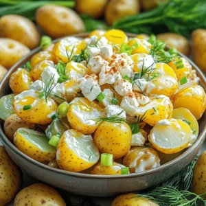 - 2 pounds baby potatoes - 1 cup Greek yogurt - 2 tablespoons Dijon mustard - 1 tablespoon honey - 1/2 cup chopped green onions - 1/2 cup diced pickles (or relish) - 1/4 cup fresh dill - 1/4 cup crumbled feta cheese - 1 tablespoon olive oil In this fresh twist on potato salad, I use baby potatoes for their creamy texture. The Greek yogurt adds a nice tang and is a healthier base than mayonnaise. Dijon mustard gives it a little kick, balancing the flavors well. Adding honey brings a hint of sweetness that works wonders. I love tossing in chopped green onions for a fresh crunch. Pickles or relish add zest and depth to the dish. Fresh dill brightens the salad and pairs beautifully with feta cheese. The olive oil rounds out the flavors, making it rich without being heavy. This blend of ingredients makes the salad unique and delicious. For the full recipe, check the instructions above. You’ll love how easy it is to make this dish stand out at any gathering! To start, bring a large pot of salted water to a boil. Add 2 pounds of halved baby potatoes. Cook them for about 15 to 20 minutes. You want them tender but not mushy. Test by piercing with a fork. When done, drain them well and let them cool slightly. Once drained, spread the potatoes out on a baking sheet. This helps them cool faster and prevents them from steaming. Cooling is key to avoid a soggy salad. In a medium bowl, combine 1 cup of Greek yogurt, 2 tablespoons of Dijon mustard, and 1 tablespoon of honey. Add in a teaspoon of smoked paprika and salt and pepper to taste. Whisk everything together until it is smooth and creamy. The yogurt gives a fresh twist to the dressing. Check the consistency of your dressing. It should be thick but pourable. If it’s too thick, add a splash of water or a touch of olive oil. This will make it easier to coat the potatoes evenly. In a large mixing bowl, add the slightly cooled potatoes. Pour the yogurt dressing over the potatoes. Gently fold everything together. Be careful not to mash the potatoes; you want them whole. Stir in 1/2 cup of chopped green onions, 1/2 cup of diced pickles, 1/4 cup of fresh dill, and 1/4 cup of crumbled feta cheese. Once mixed, cover the bowl with plastic wrap. Chill the salad for at least 1 hour. This resting time helps the flavors blend beautifully. For the full recipe, you can refer back to the ingredient list and detailed instructions. Enjoy making your potato salad with this fresh twist! To get the best texture in your potato salad, avoid over-mixing. When you combine the potatoes with the dressing, use a gentle folding method. This keeps the potatoes intact and prevents them from becoming mushy. You want soft potatoes, not mashed ones. Use the right technique when cooking your potatoes. Choose baby potatoes for their creamy texture. Boil them until they are just tender, about 15 to 20 minutes. Always check with a fork. If it goes in easily, they are done. Let them cool slightly before mixing. To make your salad pop, experiment with additional seasonings. Try adding garlic powder, onion powder, or even a splash of hot sauce. These simple tweaks can bring your dish to life. Consider using alternative mustards or dressings. Swap Dijon for whole grain mustard for a different taste. You can also experiment with flavored dressings like chipotle or honey mustard. Each option gives your salad a unique twist. Serving suggestion matters! Use a stylish bowl to serve your potato salad. It makes all the difference. A vibrant, colorful bowl enhances visual appeal. For garnishing, sprinkle extra smoked paprika and fresh dill on top. This adds color and improves the look of your dish. You can also place a few baby potatoes and dill sprigs around the edges for a rustic touch. These simple ideas create a feast for the eyes! {{image_2}} You can make this potato salad lighter. Consider swapping Greek yogurt for sour cream. Greek yogurt gives creaminess without extra fat. It adds protein too. Low-calorie dressings can also work well. Look for options with less sugar and fat. These swaps help keep the salad tasty and healthy. Want to spice things up? Try adding avocado or mango. Avocado adds creaminess and healthy fats. Mango brings sweetness and a tropical twist. You can also add spicy elements like jalapeños. They give a nice kick and contrast the creamy yogurt. Experimenting with these flavors can really change your salad game. Using fresh, seasonal herbs can elevate your dish. Basil, parsley, or cilantro can add a fresh taste. You can also adapt the salad for holidays. For example, add cranberries in fall for a festive touch. In summer, toss in fresh corn or diced bell peppers. These changes keep the potato salad exciting all year long. After making Not Your Grandma's Potato Salad, store any leftovers in an airtight container. This keeps the salad fresh and safe to eat. Make sure to chill it in the fridge right away. Leftover potato salad stays good for about 3 to 5 days. If you notice any strange smells or colors, it’s best to toss it out. Can you freeze potato salad? Yes, but with caution. Freezing can change the texture of the ingredients, especially the potatoes and yogurt. If you decide to freeze it, use a freezer-safe container. It’s best to eat frozen potato salad within 1 to 2 months. When you're ready to eat, thaw it in the fridge overnight. For reheating, do not microwave directly. Instead, let it come to room temperature first. You can then gently mix it before serving. Making this potato salad ahead of time is easy! You can prepare it a day or two in advance. This gives the flavors more time to blend. Pair it with grilled chicken or a fresh garden salad for a complete meal. This salad also goes well with BBQ dishes or picnics. For more details, check out the Full Recipe. To make your potato salad creamy, use Greek yogurt instead of mayo. Greek yogurt adds a nice tang and keeps the salad light. Here are some tips for a creamier texture: - Use fresh baby potatoes. They are softer and hold moisture well. - Avoid overcooking the potatoes. They should be tender but still hold their shape. - Mix the yogurt dressing while the potatoes are still warm. This helps the flavors blend better. - Add a little olive oil for extra creaminess. It gives a smooth finish to your salad. Yes, adding bacon or other meats can make your potato salad even tastier. Here are some suggestions for meaty variations: - Cooked bacon bits add a smoky flavor. Use crispy pieces for a nice crunch. - Shredded chicken is a great option. It makes the salad more filling. - Crumbled sausage gives a hearty twist. Try using spicy sausage for some heat! - You can also add diced ham for a classic touch. It pairs well with the creamy dressing. Yes, this recipe can be gluten-free. Here’s how to check ingredients for gluten-free options: - Make sure the Dijon mustard is gluten-free. Most brands are, but always check the label. - Use pickles or relish that do not contain gluten. Look for those labeled gluten-free. - The baby potatoes are naturally gluten-free, so you don’t have to worry about them. - Keep an eye on any additional seasonings. Some spice blends may contain gluten, so check before using. For the full recipe, check out Not Your Grandma's Potato Salad. This blog post covers everything you need for a great potato salad. We discussed the key ingredients, from baby potatoes to Greek yogurt and Dijon mustard. I shared step-by-step instructions for preparing and mixing them to create a delicious dressing. We also explored tips for texture, flavor boosts, and even variations to suit your taste. In the end, potato salad is versatile and easy to make. You can customize it for any occasion, ensuring it's always a hit. Enjoy creating your perfect dish!
