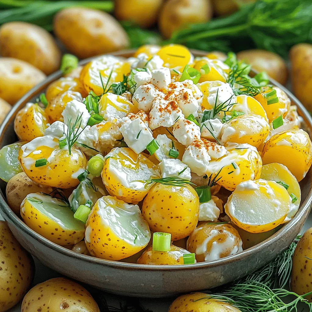 - 2 pounds baby potatoes - 1 cup Greek yogurt - 2 tablespoons Dijon mustard - 1 tablespoon honey - 1/2 cup chopped green onions - 1/2 cup diced pickles (or relish) - 1/4 cup fresh dill - 1/4 cup crumbled feta cheese - 1 tablespoon olive oil In this fresh twist on potato salad, I use baby potatoes for their creamy texture. The Greek yogurt adds a nice tang and is a healthier base than mayonnaise. Dijon mustard gives it a little kick, balancing the flavors well. Adding honey brings a hint of sweetness that works wonders. I love tossing in chopped green onions for a fresh crunch. Pickles or relish add zest and depth to the dish. Fresh dill brightens the salad and pairs beautifully with feta cheese. The olive oil rounds out the flavors, making it rich without being heavy. This blend of ingredients makes the salad unique and delicious. For the full recipe, check the instructions above. You’ll love how easy it is to make this dish stand out at any gathering! To start, bring a large pot of salted water to a boil. Add 2 pounds of halved baby potatoes. Cook them for about 15 to 20 minutes. You want them tender but not mushy. Test by piercing with a fork. When done, drain them well and let them cool slightly. Once drained, spread the potatoes out on a baking sheet. This helps them cool faster and prevents them from steaming. Cooling is key to avoid a soggy salad. In a medium bowl, combine 1 cup of Greek yogurt, 2 tablespoons of Dijon mustard, and 1 tablespoon of honey. Add in a teaspoon of smoked paprika and salt and pepper to taste. Whisk everything together until it is smooth and creamy. The yogurt gives a fresh twist to the dressing. Check the consistency of your dressing. It should be thick but pourable. If it’s too thick, add a splash of water or a touch of olive oil. This will make it easier to coat the potatoes evenly. In a large mixing bowl, add the slightly cooled potatoes. Pour the yogurt dressing over the potatoes. Gently fold everything together. Be careful not to mash the potatoes; you want them whole. Stir in 1/2 cup of chopped green onions, 1/2 cup of diced pickles, 1/4 cup of fresh dill, and 1/4 cup of crumbled feta cheese. Once mixed, cover the bowl with plastic wrap. Chill the salad for at least 1 hour. This resting time helps the flavors blend beautifully. For the full recipe, you can refer back to the ingredient list and detailed instructions. Enjoy making your potato salad with this fresh twist! To get the best texture in your potato salad, avoid over-mixing. When you combine the potatoes with the dressing, use a gentle folding method. This keeps the potatoes intact and prevents them from becoming mushy. You want soft potatoes, not mashed ones. Use the right technique when cooking your potatoes. Choose baby potatoes for their creamy texture. Boil them until they are just tender, about 15 to 20 minutes. Always check with a fork. If it goes in easily, they are done. Let them cool slightly before mixing. To make your salad pop, experiment with additional seasonings. Try adding garlic powder, onion powder, or even a splash of hot sauce. These simple tweaks can bring your dish to life. Consider using alternative mustards or dressings. Swap Dijon for whole grain mustard for a different taste. You can also experiment with flavored dressings like chipotle or honey mustard. Each option gives your salad a unique twist. Serving suggestion matters! Use a stylish bowl to serve your potato salad. It makes all the difference. A vibrant, colorful bowl enhances visual appeal. For garnishing, sprinkle extra smoked paprika and fresh dill on top. This adds color and improves the look of your dish. You can also place a few baby potatoes and dill sprigs around the edges for a rustic touch. These simple ideas create a feast for the eyes! {{image_2}} You can make this potato salad lighter. Consider swapping Greek yogurt for sour cream. Greek yogurt gives creaminess without extra fat. It adds protein too. Low-calorie dressings can also work well. Look for options with less sugar and fat. These swaps help keep the salad tasty and healthy. Want to spice things up? Try adding avocado or mango. Avocado adds creaminess and healthy fats. Mango brings sweetness and a tropical twist. You can also add spicy elements like jalapeños. They give a nice kick and contrast the creamy yogurt. Experimenting with these flavors can really change your salad game. Using fresh, seasonal herbs can elevate your dish. Basil, parsley, or cilantro can add a fresh taste. You can also adapt the salad for holidays. For example, add cranberries in fall for a festive touch. In summer, toss in fresh corn or diced bell peppers. These changes keep the potato salad exciting all year long. After making Not Your Grandma's Potato Salad, store any leftovers in an airtight container. This keeps the salad fresh and safe to eat. Make sure to chill it in the fridge right away. Leftover potato salad stays good for about 3 to 5 days. If you notice any strange smells or colors, it’s best to toss it out. Can you freeze potato salad? Yes, but with caution. Freezing can change the texture of the ingredients, especially the potatoes and yogurt. If you decide to freeze it, use a freezer-safe container. It’s best to eat frozen potato salad within 1 to 2 months. When you're ready to eat, thaw it in the fridge overnight. For reheating, do not microwave directly. Instead, let it come to room temperature first. You can then gently mix it before serving. Making this potato salad ahead of time is easy! You can prepare it a day or two in advance. This gives the flavors more time to blend. Pair it with grilled chicken or a fresh garden salad for a complete meal. This salad also goes well with BBQ dishes or picnics. For more details, check out the Full Recipe. To make your potato salad creamy, use Greek yogurt instead of mayo. Greek yogurt adds a nice tang and keeps the salad light. Here are some tips for a creamier texture: - Use fresh baby potatoes. They are softer and hold moisture well. - Avoid overcooking the potatoes. They should be tender but still hold their shape. - Mix the yogurt dressing while the potatoes are still warm. This helps the flavors blend better. - Add a little olive oil for extra creaminess. It gives a smooth finish to your salad. Yes, adding bacon or other meats can make your potato salad even tastier. Here are some suggestions for meaty variations: - Cooked bacon bits add a smoky flavor. Use crispy pieces for a nice crunch. - Shredded chicken is a great option. It makes the salad more filling. - Crumbled sausage gives a hearty twist. Try using spicy sausage for some heat! - You can also add diced ham for a classic touch. It pairs well with the creamy dressing. Yes, this recipe can be gluten-free. Here’s how to check ingredients for gluten-free options: - Make sure the Dijon mustard is gluten-free. Most brands are, but always check the label. - Use pickles or relish that do not contain gluten. Look for those labeled gluten-free. - The baby potatoes are naturally gluten-free, so you don’t have to worry about them. - Keep an eye on any additional seasonings. Some spice blends may contain gluten, so check before using. For the full recipe, check out Not Your Grandma's Potato Salad. This blog post covers everything you need for a great potato salad. We discussed the key ingredients, from baby potatoes to Greek yogurt and Dijon mustard. I shared step-by-step instructions for preparing and mixing them to create a delicious dressing. We also explored tips for texture, flavor boosts, and even variations to suit your taste. In the end, potato salad is versatile and easy to make. You can customize it for any occasion, ensuring it's always a hit. Enjoy creating your perfect dish!