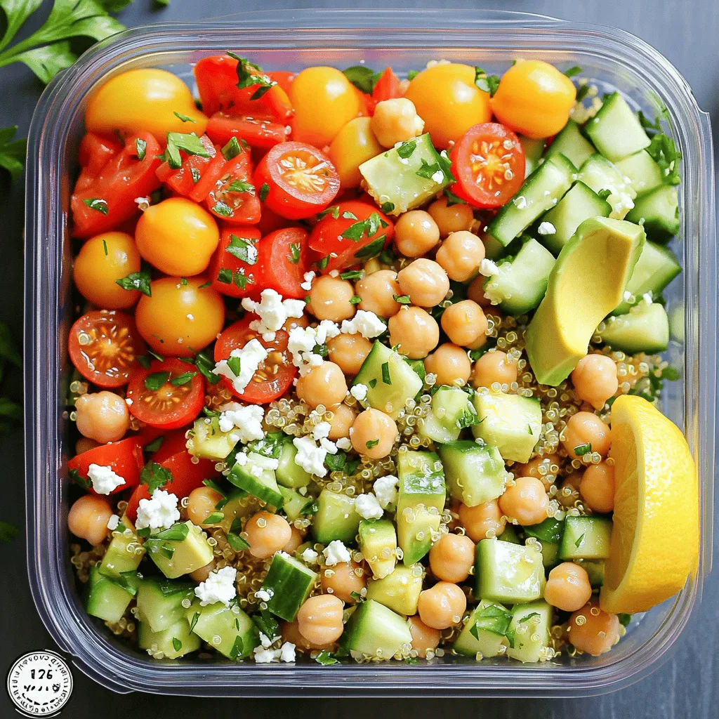 To build your high protein salad, gather these key items: - 1 cup cooked quinoa - 1 cup canned chickpeas, rinsed and drained - 1 cup cherry tomatoes, halved - 1 cucumber, diced - 1 bell pepper (any color), diced - 1 avocado, diced - 1/4 cup feta cheese, crumbled (optional) - 2 tablespoons olive oil - 2 tablespoons lemon juice - 1 teaspoon Dijon mustard - Salt and pepper to taste - Fresh parsley, chopped (for garnish) These ingredients create a colorful and nutritious base for your salad. Quinoa and chickpeas provide great protein. The fresh veggies add crunch and vitamins. You can customize your salad with these optional add-ins: - Nuts or seeds (like almonds or sunflower seeds) - Fresh herbs (like basil or cilantro) - Cooked chicken or tofu for extra protein - A variety of other veggies (like carrots or radishes) Feel free to mix and match. These add-ins boost flavor and nutrition. To further enhance protein levels, consider these sources: - Grilled chicken or turkey - Hard-boiled eggs - Edamame or lentils - Greek yogurt as a dressing base Adding one or more of these protein sources will make your salad even more filling. This way, your meal prep will keep you energized throughout the day. For the full recipe, check out the Power-Packed Protein Rainbow Salad. To start, gather your ingredients for the Power-Packed Protein Rainbow Salad. Begin by cooking one cup of quinoa. While it cooks, rinse and drain one cup of canned chickpeas. In a large bowl, mix the quinoa and chickpeas well. Next, chop your veggies. Halve one cup of cherry tomatoes, dice one cucumber, and one bell pepper. Add these to the bowl with the quinoa and chickpeas. Then, dice one avocado and fold it in gently to avoid mashing. For a creamy touch, you can sprinkle in 1/4 cup of crumbled feta cheese if you like. Meal prepping can save you time. Start by washing and chopping all veggies in one go. Store them in airtight containers. This way, they stay fresh for the week. Cook a big batch of quinoa at once. You can use it for other meals too. Make the dressing ahead of time. Whisk together two tablespoons of olive oil, two tablespoons of lemon juice, and one teaspoon of Dijon mustard. Store it in a small jar. Just shake before using. This keeps your salad fresh and tasty. When it’s time to eat, pour the dressing over the salad mix. Toss gently to coat everything. Be careful not to crush the avocado. If you want, add the feta cheese now for extra flavor. Toss lightly one last time. For a nice touch, garnish with chopped fresh parsley. This adds color and flavor. Serve your salad in meal prep containers. You can add a wedge of lemon on the side for a fresh burst of flavor. Enjoy your nutritious meal! To keep your salad fresh, store it in airtight containers. Use containers with dividers to separate wet and dry ingredients. This helps avoid sogginess. Layer heavier items, like quinoa or chickpeas, at the bottom. Place lighter items, like greens, on top. Add dressings just before eating. This way, flavors stay bright. Choose glass or BPA-free plastic containers for meal prep. Glass containers are safer and easy to clean. Look for containers with tight lids. This prevents air from getting in. Some containers come with separate compartments. These can keep items fresh longer. Invest in a few sizes to fit all your meals. To boost nutrition, add seeds or nuts to your salad. They add crunch and protein. Try sunflower seeds, pumpkin seeds, or almonds. Fresh herbs can brighten flavors too. Consider adding cilantro or basil for a unique taste. You can also mix in spices for an extra kick. Paprika or cayenne can elevate your dish. For a complete meal, check out the Full Recipe for a Power-Packed Protein Rainbow Salad. {{image_2}} You can make your salad unique. Start by changing the base. Instead of quinoa, use farro or brown rice. These grains add different textures. You can also switch up the protein. Try adding grilled chicken, tofu, or hard-boiled eggs. Each choice gives a new taste and feel. Using fresh, seasonal ingredients keeps your salad exciting. In spring, add fresh peas and radishes. In summer, try sweet corn and zucchini. In fall, roasted squash or apples work well. For winter, think about hearty greens like kale or Brussels sprouts. These changes help your salad feel fresh all year. The dressing makes a big difference in flavor. Instead of the basic olive oil and lemon, try a yogurt-based dressing. This adds creaminess and extra protein. You can also mix in herbs like basil or cilantro for a fresh twist. A balsamic vinaigrette gives a tangy taste. Experiment with different dressings to find your favorite. For a full recipe, check out the Power-Packed Protein Rainbow Salad. Enjoy making it your own! To keep your high protein salad fresh, store it in airtight containers. This helps prevent air and moisture from getting in. Always cool the salad before sealing it. If you add dressing, keep it separate until you're ready to eat. This keeps the greens crisp and tasty. You can also layer ingredients to protect delicate items like avocado and tomatoes from getting squished. You can safely keep your prepared salads in the fridge for about 3 to 5 days. After this time, the taste and texture may change. Always check for signs of spoilage before eating. If you follow proper storage methods, your meal prep can last the week, making it easy to grab a healthy meal. Look for a few key signs to know if your salad is bad. If you see any mold or slimy greens, toss it out. A sour smell or off taste means it's time to say goodbye. If the colors look dull or the ingredients seem mushy, it's best to avoid eating it. Trust your senses to keep you safe and healthy. The best high protein salad recipes include ingredients like quinoa, chickpeas, and beans. These ingredients give you protein and fiber. A great option is the Power-Packed Protein Rainbow Salad. It offers a colorful mix of veggies and protein. This salad is simple to make and perfect for meal prep. You can boost the protein in your salad by adding nuts, seeds, or cheese. For example, sprinkle some sunflower seeds or add a handful of almonds. You can also use protein-rich dressings, like tahini or yogurt-based dressings. Adding grilled chicken or tofu can give you an extra protein punch, too. Yes, you can use frozen vegetables. They are easy to store and quick to use. Just thaw them before adding them to your salad. Frozen veggies often keep their nutrients well. They can add great flavor and texture, making your salad more satisfying. This blog covered key ingredients for a healthy protein rainbow salad. You learned about essential items, tasty add-ins, and protein sources. We also discussed step-by-step prep, meal storage, and ways to keep salads fresh. Understanding these tips helps you create meals that stand out and last. Meal prepping your salads takes effort, but it pays off in health and time saved. Feel free to mix ingredients and explore variations to suit your taste. Enjoy making your salads vibrant and nutritious!