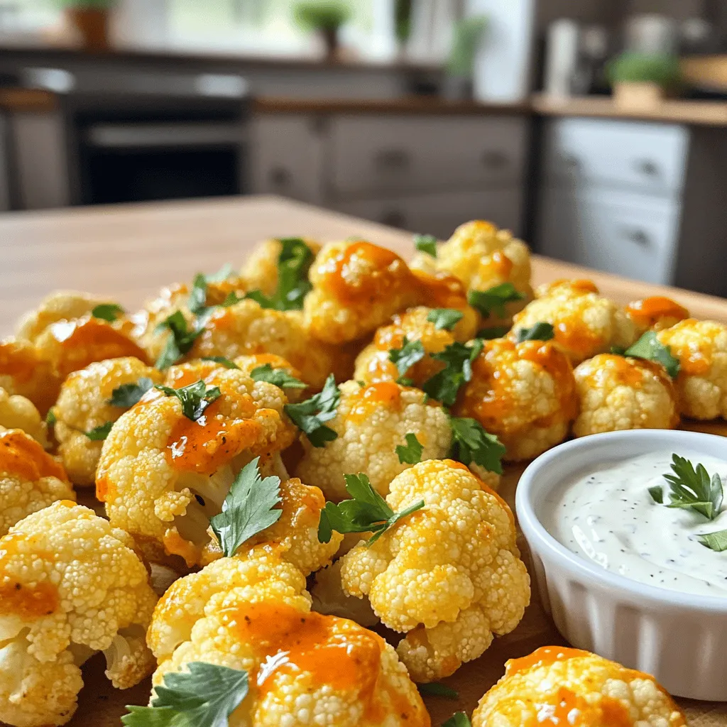 To make Air Fryer Buffalo Cauliflower, you need: - 1 medium head cauliflower, cut into florets - 1 cup all-purpose flour - 1 teaspoon garlic powder - 1 teaspoon onion powder - ½ teaspoon paprika - ½ teaspoon salt - ½ teaspoon pepper - 1 cup water (or plant-based milk for creamier batter) - ½ cup buffalo sauce (adjust to taste) - 1 tablespoon olive oil These seasonings add great flavor to the batter. I love using garlic and onion powder for depth. Paprika gives a nice color and a hint of smoke. Adjust the salt and pepper to fit your taste. You can spice it up more if you like heat! Garnishes add a nice touch to your dish. I recommend: - 2 tablespoons chopped fresh parsley for garnish - ½ cup ranch or blue cheese dressing for dipping These garnishes not only enhance the look but also add flavor. You can find the full recipe above for all the details you need. Start by rinsing your cauliflower. Cut it into bite-sized florets. This helps them cook evenly. Set the florets aside while you make the batter. In a bowl, whisk together the flour, garlic powder, onion powder, paprika, salt, and pepper. Gradually add water or plant-based milk. Keep whisking until you get a smooth batter. It should feel like pancake batter. 1. Preheat the Air Fryer: Set your air fryer to 400°F (200°C). Let it preheat for about 5 minutes. 2. Coat the Cauliflower: Dip each cauliflower floret into the batter. Make sure each piece is fully coated. Let any extra batter drip off. 3. Air Fry the Cauliflower: Place the coated florets in a single layer in the air fryer basket. Lightly spray them with olive oil for extra crispiness. Air fry for 10-12 minutes. Shake the basket halfway through to cook evenly. 4. Add Buffalo Sauce: When the cauliflower is golden brown and crispy, transfer it to a mixing bowl. Drizzle buffalo sauce over the florets. Toss gently to coat all pieces. 5. Final Air Fry: Return the sauced florets to the air fryer. Air fry for another 3-5 minutes. This helps the sauce stick and adds more crisp. Now, you have a tasty and crispy dish to serve! For the full recipe, check back for more details. To get crispy buffalo cauliflower, start with dry florets. Pat them down with a towel. When making the batter, use equal parts flour and water or plant-based milk. This creates a thick layer that helps with crisping. Once coated, place the florets in a single layer in the air fryer. Avoid overcrowding. This lets hot air circulate and keeps everything crispy. A light spray of olive oil also helps the batter crisp up well. You can easily adjust the spice in your buffalo cauliflower. If you want it milder, use less buffalo sauce or mix it with a bit of ranch. For a spicier kick, add a dash of cayenne pepper or use a hotter buffalo sauce. Taste as you go to find the right balance. Remember, you can always add more spice, but it’s hard to take it away! If you have leftover buffalo cauliflower, store it in an airtight container. Refrigerate it for up to three days. When you reheat, use the air fryer for best results. This keeps the cauliflower crispy instead of soggy. Just air fry for about 5 minutes at 350°F (175°C). If you want to enjoy it cold, pair it with ranch or blue cheese dressing. For the full recipe, check out the crispy air fryer buffalo cauliflower section. {{image_2}} You can easily change the flavor of your buffalo cauliflower. Want a sweet touch? Try adding honey or maple syrup to your buffalo sauce. For a zesty kick, mix in lime juice or hot sauce. If you love garlic, add minced garlic to the batter. You can even switch the buffalo sauce for barbecue sauce. This gives a smoky flavor. The options are endless. Just think about what you enjoy most. While the air fryer is a great choice, you can try other methods too. Baking is simple and makes a crispy snack. Preheat your oven to 425°F (220°C). Spread the coated cauliflower on a baking sheet. Bake for about 25-30 minutes. Turn them halfway for even browning. You can also deep fry for a crunchier texture. Heat oil in a deep pot and fry until golden brown. Each method gives a different texture and taste. You can make this dish fit many diets. For gluten-free options, use almond flour or a gluten-free flour blend. Swap the buffalo sauce for a plant-based sauce to keep it vegan. If you need a low-carb option, try using a keto-friendly flour. You can also reduce the salt and spice to fit specific diets. Just adjust the ingredients to meet your needs while keeping the flavor. For the full recipe, check the earlier section! When you make Air Fryer Buffalo Cauliflower, the right dipping sauce can take it to the next level. Here are my favorite sauces to pair with this crispy and flavorful dish. Ranch dressing is a classic choice. Its cool and creamy taste balances the heat of the buffalo sauce. You can buy ranch dressing at the store, or you can make your own at home. Just mix sour cream, mayonnaise, buttermilk, and herbs like dill and parsley. This dip is a crowd-pleaser and adds extra flavor to each bite. Blue cheese dressing adds a rich and tangy flavor. If you love blue cheese, this sauce is perfect for you. You can find blue cheese dressing in stores, or you can whip it up quickly. Combine crumbled blue cheese, sour cream, mayonnaise, lemon juice, and a little Worcestershire sauce. This dip pairs wonderfully with the spicy cauliflower, giving it a bold taste. For a spicy kick, try a homemade spicy dipping sauce. Mix together mayonnaise, sriracha, and a splash of lime juice. Adjust the sriracha to control the heat. This sauce adds an extra layer of flavor to the buffalo cauliflower. It’s great for those who enjoy a bit of heat with their meal. These sauces make your Air Fryer Buffalo Cauliflower even more enjoyable. Feel free to experiment and find which one you like best. Remember, you can always check the Full Recipe for more tips on serving! You should air fry buffalo cauliflower for about 10 to 12 minutes. Start with 400°F (200°C). Halfway through, shake the basket to ensure even cooking. For extra crisp, add 3 to 5 more minutes after coating with buffalo sauce. This gives you a crunchy texture that’s hard to resist. Yes, you can use frozen cauliflower. However, it might need extra cooking time. Thaw the florets first for better batter adherence. This helps the batter stick and gives a better crunch. Just remember, frozen cauliflower may not crisp up as well as fresh cauliflower. Buffalo cauliflower gets its spice from buffalo sauce. This sauce typically contains hot sauce, vinegar, and butter. You can adjust the heat by adding more or less sauce. For a milder version, try mixing it with a bit of ranch dressing. This allows you to customize the heat to your liking. Want the full recipe? Check out the Full Recipe for more details. This post covers how to make buffalo cauliflower. We talked about ingredients, steps, and tips. You learned about variations and great dipping sauces. Remember, the key is the air frying process for the best crispiness. Feel free to change flavors to suit your taste. Enjoy your cooking, and don't forget to try the recommended sauces. Check out the Full Recipe for all the details.