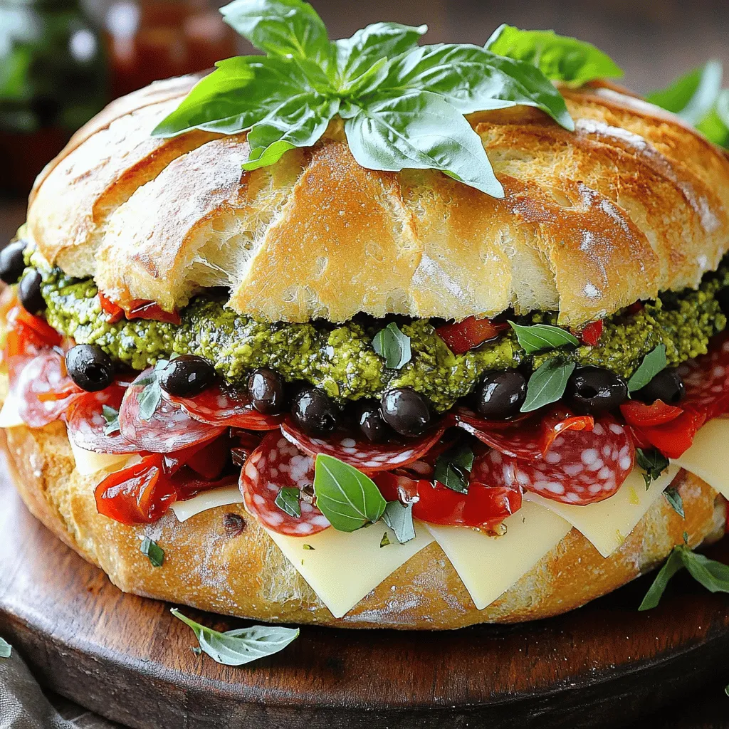 To make a great Muffuletta, you need good ingredients. Let's break them down. - Italian bread options and dimensions: Use a round loaf of Italian bread. Aim for about 10 to 12 inches in diameter. This shape helps hold all the fillings inside. - Cured meats: Mortadella and salami are must-haves. Mortadella adds a rich, smooth texture. Salami brings a nice spice. Together, they create a balanced flavor that makes each bite exciting. - Importance of the olive salad and veggie components: The olive salad is the star. It combines green and black olives, roasted red peppers, garlic, and dried oregano. This mix adds tanginess and freshness. It brightens the flavors and cuts through the richness of the meats. Don't forget to season with olive oil, salt, and black pepper. These ingredients make the sandwich feel alive! These key ingredients create the magic in a Muffuletta. You can find the Full Recipe to guide you through the steps of making this delightful sandwich. To start, we want a rich, flavorful olive spread. First, take a medium bowl. In it, mix together: - 1 cup green olives, pitted and chopped - 1 cup black olives, pitted and chopped - 1/2 cup roasted red peppers, chopped - 2 cloves garlic, minced - 1 teaspoon dried oregano - 1/2 cup olive oil Stir all these ingredients well. This mix should be tangy and fresh. Add salt and black pepper to taste. If you like a bolder flavor, try adding capers or a splash of vinegar. Let it sit for a few minutes. This helps the flavors blend. Now, let’s get to the bread. Use a round loaf of Italian bread. Cut the bread in half horizontally. You want a top and bottom half. Next, hollow out some bread from the inside. This step makes room for all the tasty fillings. Spread half of the olive mixture on the bottom half of the bread. This will soak into the bread, adding flavor. Then, layer the meats and cheese: - 8 ounces mortadella, sliced - 8 ounces salami, sliced - 8 ounces provolone cheese, sliced After the cheese, add the rest of the olive mixture on top. This builds great flavor and texture. Pressing the sandwich is key. Take the top half of the bread and place it back on. Gently push down to compress the sandwich. This helps meld the flavors together. Wrap your sandwich tightly in plastic wrap. To enhance the pressing, put a heavy object on top. A cast-iron skillet works great! Leave it for 30 minutes to an hour. Once pressed, unwrap the sandwich. Slice it into wedges or quarters for serving. For a nice touch, arrange the wedges on a platter. Garnish with fresh basil leaves. Serve with pickles or a light salad. This gives you a complete meal. Enjoy your Muffuletta! For the full recipe, check out Muffuletta Madness. To elevate your Muffuletta, consider adding some extra herbs. Fresh parsley or thyme can add a bright touch. You can also sprinkle in some crushed red pepper for a little heat. Letting the sandwich rest is key. After you assemble it, wrap it tightly. Place a heavy object on top for at least 30 minutes. This helps the flavors blend and makes each bite more tasty. One big mistake is overstuffing the sandwich. Too much filling can make it hard to eat. Aim for a nice balance with your meats, cheese, and olive spread. To prevent sogginess, avoid adding too much olive oil in your spread. Use just enough to coat the olives and peppers. Also, hollow out some bread from the inside to hold the filling without making it wet. {{image_2}} You can change the Muffuletta to fit your needs. For a vegetarian Muffuletta, skip the meats. Use more roasted red peppers and add marinated artichokes. You can also swap in different cheeses. Goat cheese adds a nice tang. Regions have their own spin on the Muffuletta. In New Orleans, they often add pickled vegetables. In Sicily, they might use different meats or local cheeses. Each twist makes the sandwich unique and tasty. Pair your Muffuletta with sides for a full meal. Pickles add crunch and tang. A light salad with vinaigrette complements the flavors well. For drinks, try a cold iced tea or sparkling water. If you have leftovers, get creative! Use the Muffuletta in a pasta salad or a savory dip. You can also slice it into smaller pieces for easy snacks. Enjoy the flavors in new ways! To keep your Muffuletta fresh, wrap it tightly in plastic wrap. This helps lock in moisture and flavor. You can also use aluminum foil for an extra layer of protection. Place it in the fridge to maintain its taste. If stored correctly, Muffuletta can last for up to three days. Just remember to check for any signs of spoilage before enjoying it again. When reheating your Muffuletta, the oven is the best choice. Preheat it to 350°F. Wrap the sandwich in foil to keep it moist. Heat for about 10-15 minutes, or until warm. You can also use a skillet over medium heat. Just flip it a few times to avoid burning. Enjoy leftover Muffuletta within three days for the best flavor. If you want the freshest taste, making a new sandwich is always a great idea. The Muffuletta sandwich comes from New Orleans. It has roots in Italian culture. Italian immigrants brought this sandwich to the city in the early 1900s. It features a mix of flavors from Italy and New Orleans. The round bread is key, as it can hold a lot of filling. The olive salad gives it a unique twist. This sandwich became popular for its bold taste and hearty size. It is now a staple in many delis and restaurants. Yes, you can make Muffuletta in advance. The flavors improve when the sandwich sits. Wrap it tightly in plastic wrap after assembling. Press it down with a heavy object. This helps meld the flavors. I recommend making it at least 30 minutes before serving. For the best taste, let it sit overnight in the fridge. This way, you'll enjoy a more flavorful bite. The best bread for Muffuletta is a round Italian loaf. It should be about 10 to 12 inches wide. This size allows for ample filling. The crust should be firm, and the inside soft. This balance keeps the sandwich from getting soggy. You can also use focaccia or ciabatta. Just ensure it is sturdy enough to hold all the tasty layers. For the complete Muffuletta Madness recipe, check out the full recipe. The Muffuletta sandwich comes alive with bold flavors and simple steps. We covered key ingredients like Italian bread, cured meats, and the tangy olive salad. Following the step-by-step guide helps you prepare, assemble, and serve a perfect Muffuletta. Remember to explore variations that suit your taste and follow tips to avoid mistakes. Store leftovers wisely to enjoy later. Experiment with flavors and enjoy this delicious treat anytime. The Muffuletta is more than a sandwich; it’s a celebration of taste and tradition.
