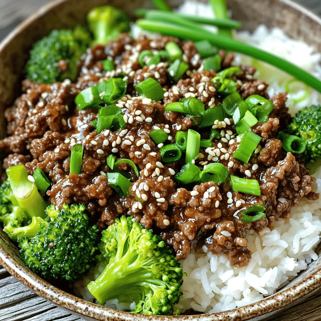 - 1 lb ground beef - 2 tablespoons soy sauce - 1 tablespoon sesame oil - 2 tablespoons brown sugar - 2 cloves garlic, minced - 1 tablespoon fresh ginger, grated - 1 teaspoon red pepper flakes - 2 green onions, chopped - 1 cup cooked jasmine rice - 1 cup steamed broccoli florets - 1 tablespoon sesame seeds To create a tasty Korean Ground Beef Bowl, you need a few key items. First, ground beef is your main protein. Choose lean beef for a better texture. Next, soy sauce brings a salty depth. Sesame oil adds a nutty flavor. Brown sugar balances the saltiness with sweetness. For extra flavor, use fresh garlic and ginger. They give the dish a warm kick. Red pepper flakes bring heat, but you can adjust this to your taste. Lastly, chop green onions for a fresh bite. When serving, jasmine rice is perfect as a base. It soaks up all the delicious sauce. Steamed broccoli adds color and nutrients. A sprinkle of sesame seeds on top gives crunch and a nice look. For the full recipe, don’t forget to check the details! Enjoy making this simple yet flavorful dish! Start by heating a large skillet over medium-high heat. Add the ground beef to the skillet. Sauté it until it turns brown, which takes about 5 to 7 minutes. Use a wooden spoon to break the meat apart as it cooks. This helps it brown evenly. If there is excess fat, drain it from the skillet. Next, add minced garlic and grated ginger to the browned beef. Sauté these for about 1 minute. You will notice a nice smell as they cook. This step adds a lot of flavor to the dish. Now, stir in the soy sauce, sesame oil, brown sugar, and red pepper flakes. Mix everything well so the beef is coated in the sauce. Let it cook for an additional 2 to 3 minutes. This step allows all the flavors to blend together. For the full recipe, check out the earlier sections. To make your Korean Ground Beef Bowl shine, adjust the red pepper flakes. If you like heat, add more. For a milder taste, use less. Fresh ingredients are key. Use fresh garlic and ginger for the best flavor. They give a strong punch that dried spices can’t match. When serving, layer your rice, beef, and broccoli. This not only looks nice but also helps with flavors. The rice soaks up the beef sauce while the broccoli adds crunch. Don’t forget the sesame seeds. They add a nice touch of texture and a nutty flavor. Sprinkle them on top right before serving. For cooking, I recommend using a non-stick skillet. It makes cooking and cleanup easy. A wooden spoon is also important. It won't scratch your skillet and helps break apart the beef. This tool is perfect for making sure the meat cooks evenly. Don't skip these tools; they make your cooking easier. For the full recipe, check out the Korean Ground Beef Bowl section above! {{image_2}} You can mix it up with different meats. Use turkey or chicken instead of beef. This makes the dish lighter but still tasty. If you're looking for a healthier grain, swap jasmine rice for quinoa or cauliflower rice. Both options add great texture. Want to add more color? Toss in bell peppers or snap peas. They bring a nice crunch and freshness. Carrots add a touch of sweetness. You can slice them thin for quick cooking or grate them for a different feel in the bowl. To kick up the taste, mix in spices like garlic powder or onion powder. These add depth and richness. If you like heat, a drizzle of sriracha gives a nice kick. It boosts the flavor and makes it even more exciting. For the full recipe, check the main section. To store leftovers, let the Korean ground beef bowl cool first. Then, place it in a container with a tight lid. This keeps the meal fresh and ready for later. Use glass or plastic containers that seal well. These are best for keeping flavors in and air out. You can freeze the beef mixture if you want to save it longer. First, cool the beef completely. Then, transfer it to a freezer-safe bag. Squeeze out any air before sealing. For reheating, thaw the beef in the fridge overnight. Heat it in a pan over low heat until hot. You can also add a splash of water to keep it moist. In the fridge, the beef lasts for about 3-4 days. If frozen, it can last up to 3 months. Always check for spoilage signs. Look for any off smells or changes in color. If something seems wrong, it’s best to throw it away. You can serve many tasty sides with this dish. Here are some ideas: - Kimchi: This spicy, fermented cabbage adds a nice crunch. - Pickled Veggies: Carrots or radishes give a fresh kick. - Salad: A simple green salad with sesame dressing works well. - Egg: A fried egg on top adds richness. - Noodles: Serve with cold soba or rice noodles for variety. These sides enhance the flavors and make your meal more exciting. Yes, you can prepare this dish in advance. Here are some tips: - Cook the Beef: Make the beef mixture a day early. Store it in the fridge. - Reheat: When you’re ready to eat, warm the beef in a skillet. Add a splash of water if it seems dry. - Rice Prep: You can cook the rice ahead too. Keep it in an airtight container. This way, you save time and can enjoy a quick meal. Absolutely! You can use plant-based meat options. Here are some ideas: - Ground Tofu: Crumble firm tofu for a protein boost. - Lentils: Cooked lentils can replace beef and add heartiness. - Mushrooms: Finely chopped mushrooms create a meaty texture. These swaps keep the dish flavorful and satisfying. You can find many plant-based recipes online. In this post, we explored how to make a flavorful Korean ground beef bowl. We discussed the main ingredients, including beef, soy sauce, and sesame oil. You learned step-by-step instructions for cooking and flavoring your dish. Tips on serving and variations gave you options to customize. Finally, we covered storage info to keep leftovers fresh. This dish is simple, tasty, and perfect for busy nights. Enjoy your cooking adventure with this recipe!