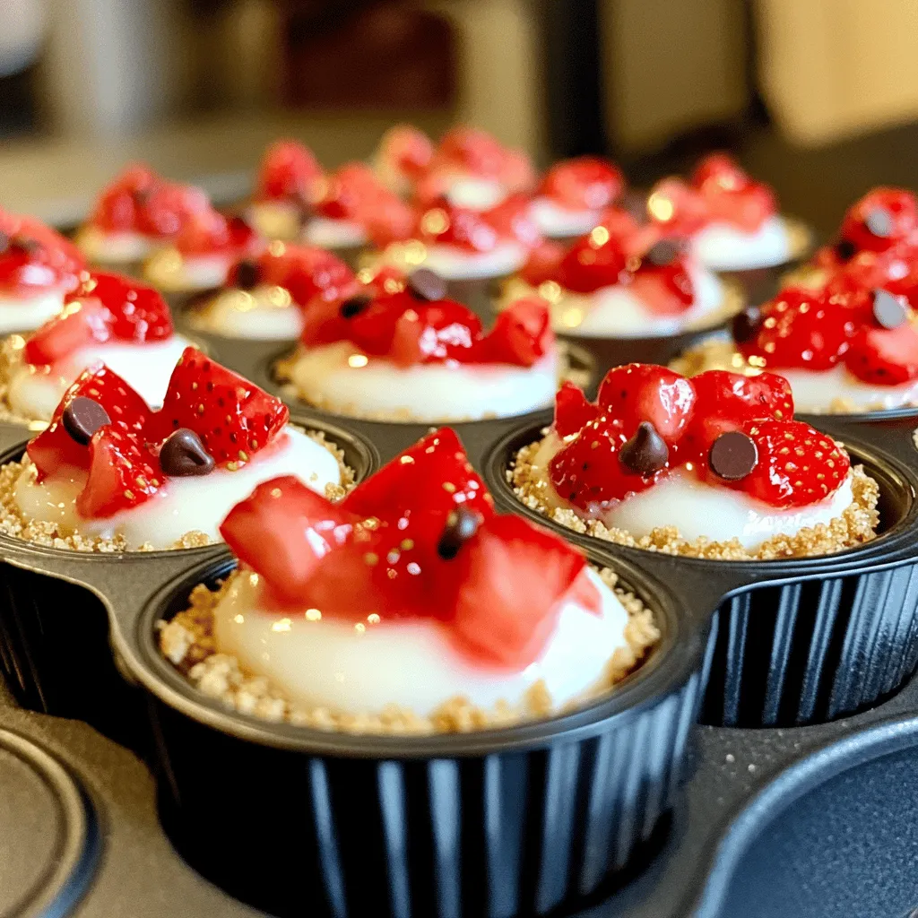 - 1 cup fresh strawberries, hulled and chopped - 1 tablespoon sugar - 8 oz cream cheese, softened - 1/4 cup powdered sugar - 1 teaspoon vanilla extract - 1/2 cup whipped cream - 1 cup crushed graham crackers - 2 tablespoons melted butter - 1/2 teaspoon cinnamon - Pinch of salt - 1/4 cup mini chocolate chips (optional) Gathering the right ingredients is the first step to making these Strawberry Cheesecake Crunch Bites. Fresh strawberries bring bright flavor and color. The sugar helps draw out the juice, making the strawberries juicier. For the creamy filling, softened cream cheese is key. It blends easily with powdered sugar and vanilla for sweetness. Whipped cream adds lightness and a fluffy texture. The crust is simple, made from crushed graham crackers mixed with melted butter, cinnamon, and a bit of salt. This mix creates a tasty base that holds the bites together. If you want a fun twist, adding mini chocolate chips gives a lovely crunch. Remember, you can find the complete recipe above. Enjoy making these delightful bites! - First, mix the chopped strawberries with sugar in a small bowl. - Let them sit for about 10 minutes. This helps the juices release for better taste. - In a medium bowl, beat the softened cream cheese, powdered sugar, and vanilla extract. - Keep mixing until the mixture is smooth and creamy. - Next, gently fold in the whipped cream for a light and fluffy texture. - In another bowl, mix the crushed graham crackers, melted butter, cinnamon, and salt. - Make sure the mixture holds together when you press it. This is key for a good crust. - Line a mini muffin tin with cupcake liners. - Press a small amount of the graham cracker mixture into the bottom of each liner. - Add a spoonful of the cheesecake filling on top of the crust. - Spoon some of the sugared strawberries over the cheesecake filling. - If you like, sprinkle mini chocolate chips on top for extra crunch. - Finally, top each bite with more cheesecake filling and smooth it out with a spatula. - Place the bites in the fridge for at least 2 hours to set properly. - When ready to serve, carefully remove each bite from the muffin tin. - You can serve them in the cupcake liners or move them to a platter for a nice look. For the complete instructions and tips, check out the Full Recipe. - Experiment with different fruits, like blueberries or raspberries. - Consider adding lemon zest for a citrus kick. You can easily switch up the fruit in these bites. Blueberries and raspberries both pair well with cheesecake. They add nice color and taste. Lemon zest brings a fresh zing. Just a little zest can brighten the whole dish. - Use decorative cupcake liners for special occasions. - Drizzle with chocolate sauce for an elegant touch. To make your bites stand out, use fun cupcake liners. They add a pop of color. Drizzling chocolate sauce on top makes a lovely touch. It also adds a rich flavor that many love. - Prepare the cheesecake mix in advance and assemble just before serving. - Keep refrigerated until ready to serve for best results. You can save time by making the cheesecake mix first. Just store it in the fridge. Assemble the bites just before serving. This keeps them fresh and tasty. {{image_2}} You can make your Strawberry Cheesecake Crunch Bites healthier. Here’s how: - Substitute low-fat cream cheese and whipped cream to cut calories. - Use honey or agave syrup instead of regular sugar for natural sweetness. These swaps still give you creamy bites without the guilt. You can enjoy them while staying mindful of your health. For those who need gluten-free options, it’s easy to adapt: - Use gluten-free graham crackers for the crust to keep it safe. - Check that all other ingredients are certified gluten-free. These changes make it possible for everyone to enjoy these treats. You won’t lose any flavor by going gluten-free. Want to make a vegan version? Here’s what you can do: - Replace cream cheese with cashew cream for a nutty flavor. - Use coconut whipped cream to add a light and fluffy touch. - Use maple syrup as a sweetener instead of sugar. This vegan option is tasty and kind to the planet. You get a creamy dessert that feels indulgent while being plant-based. For the full recipe, check the detailed instructions above. To keep your Strawberry Cheesecake Crunch Bites fresh, store leftovers in an airtight container in the fridge. This helps maintain their taste and texture. I suggest consuming them within 3-4 days for the best flavor. After that, the strawberries may lose their freshness, and the cheesecake may become less creamy. If you want to enjoy these bites later, freeze the unassembled bites. This method gives them a longer shelf life. Just place the graham cracker crusts and cheesecake filling in separate containers. When you're ready to serve, thaw them in the refrigerator overnight. This will help them retain their great taste and texture when you finally indulge. - Follow the detailed recipe instructions outlined above. - Yes, but fresh strawberries provide better flavor and texture. Using ripe, juicy strawberries makes a big difference. They add sweetness and a nice pop of color to your bites. - They should chill for at least 2 hours to set properly. Chilling allows the flavors to meld and the bites to firm up, making them easier to serve. - Check local bakeries or grocery stores for pre-made options or specialty treats. Some stores may even have seasonal varieties. - Prep time is 30 minutes, and total time including chilling is 2 hours 30 minutes. This timeline allows you to enjoy these tasty treats with minimal wait! These Strawberry Cheesecake Crunch Bites are simple and fun to make. You mix fresh strawberries, cream cheese, and a crunchy crust. The process is easy: prepare the filling, layer it, and chill. You can try new fruits or make healthier choices. Store leftovers well for tasty treats later. Enjoy making this dessert for any event or just for yourself!