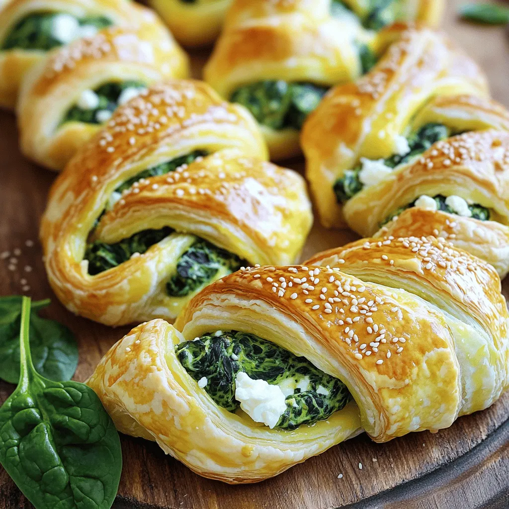 To create delicious Spinach and Feta Puff Pastry Twists, gather these ingredients: - Puff pastry and dairy selections - 1 sheet of puff pastry (thawed) - 2 cups fresh spinach, chopped - 1 cup feta cheese, crumbled - 1/2 cup ricotta cheese - Seasoning essentials - 1 tablespoon olive oil - 1/2 teaspoon garlic powder - 1/2 teaspoon salt - 1/4 teaspoon black pepper - Optional garnishes - Sesame seeds (for garnish) These ingredients work together to make tasty twists that are perfect for snacking. The puff pastry gives a flaky texture, while the spinach and feta create a rich flavor. The seasoning adds a nice touch. If you want an extra crunch, sprinkle sesame seeds on top! For the full recipe, follow the detailed steps to enjoy these delightful treats! First, preheat your oven to 400°F (200°C). This step is key for a crispy twist. While the oven heats, let’s prepare the filling. In a large bowl, mix the chopped spinach, crumbled feta, ricotta cheese, olive oil, garlic powder, salt, and black pepper. Stir until everything blends well. This filling brings great flavor to your twists. Now it’s time to assemble. Unroll the sheet of puff pastry on a lightly floured surface. Cut the pastry into 1-inch wide strips. Each strip will hold a tasty filling. Take a spoonful of your filling and place it in the center of each strip. Fold the pastry over to cover the filling. Gently twist the strip to create a fun shape. This step makes them look fancy! Place your twists on a baking sheet lined with parchment paper. Brush the top of each twist with the beaten egg. This egg wash helps them turn golden brown. If you like, sprinkle sesame seeds on top for extra crunch. Bake in your preheated oven for 15-20 minutes. Keep an eye on them until they puff up and turn a lovely golden color. Once done, let them cool for a few minutes before digging in! You can find the full recipe for Spinach and Feta Puff Pastry Twists in the earlier section. Enjoy! To make puff pastry perfect, thaw it correctly. Leave it in the fridge overnight. If you're in a hurry, place it on the counter for about 30 minutes. This prevents the dough from getting too warm. Even cooking is key. Roll out the dough on a floured surface to keep it from sticking. Aim for even thickness. This helps all the twists bake at the same time. You can boost flavor with more herbs and spices. Try adding dill or parsley for a fresh twist. A pinch of cayenne pepper adds heat without overpowering. Dips and sauces make great pairings. A yogurt dip works well with these twists. You can mix plain yogurt with lemon juice and herbs. This adds a refreshing touch. You can find the Full Recipe for more detailed steps and tips. {{image_2}} You can change the cheese to fit your taste. If you want a creamier twist, try using goat cheese. It gives a tangy flavor that blends well with spinach. For a milder taste, mozzarella works great too. If you need a dairy-free option, consider using vegan cream cheese. This option keeps the texture nice and creamy without the dairy. Make these twists vegan by skipping the egg wash. Use non-dairy milk to brush the tops instead. You can also add more veggies to the filling. Try roasted red peppers or artichokes for a burst of flavor. These changes keep the dish fresh and exciting while keeping it plant-based. Pair your twists with drinks for a fun snack time. A glass of crisp white wine complements the flavors. If you prefer non-alcoholic drinks, a cool lemonade works too. You can serve these twists on a platter with dips. A yogurt dip adds a creamy contrast. Hummus is another great choice that matches well. You can also add fresh veggies or olives to the platter. This makes your snack spread colorful and tasty. For the full recipe, check out the Spinach & Feta Puff Pastry Twists. To keep your twists fresh, store them right after they cool. Place them in an airtight container. This helps lock in moisture and keep them tasty. You can keep them in the fridge for up to three days. If you want to enjoy them later, freezing is a great option. Lay the twists in a single layer on a baking sheet. Freeze them for about an hour. After that, transfer them to a freezer bag. This way, they won’t stick together. They can last in the freezer for up to three months. When it’s time to enjoy your twists again, reheating is key. The best method is to use an oven. Preheat it to 350°F (175°C). Place the twists on a baking sheet and cover them loosely with foil. This helps them heat evenly without drying out. Bake for about 10 minutes. Check them to make sure they’re hot and crispy. If you want a quicker option, you can use a microwave. However, this may make the pastry a bit soggy. Heat them for about 30 seconds, then check if they’re warm enough. For the full recipe, check out the details above. Can I make Spinach and Feta Puff Pastry Twists in advance? Yes, you can prepare the filling a day early. Store it in the fridge. When ready, wrap the twists and bake them fresh. This keeps them crunchy and tasty. What’s the best way to prevent the pastry from becoming soggy? To keep the pastry crisp, avoid overfilling. Also, make sure to drain any excess moisture from the spinach. Baking the twists right after preparing them helps, too. How do I know when they are done baking? Look for a golden-brown color. The twists should puff up nicely. If they are firm to the touch and not doughy, they are ready. Can I add meat to the filling? Absolutely! Cooked chicken or ground beef works well. Just chop it fine and mix it with the cheese and spinach. This adds more flavor and protein to your twists. For the full recipe, check out the Spinach & Feta Puff Pastry Twists. You now have a clear path to making delicious Spinach and Feta Puff Pastry Twists. We covered the key ingredients you need, the step-by-step process, and tips for success. With the right techniques, you can create tasty twists that impress any guest. Remember, experimenting with flavors or variations can make these twists uniquely yours. Store extras properly and reheat them well to keep them fresh. Enjoy your cooking and the delightful results that come from it!