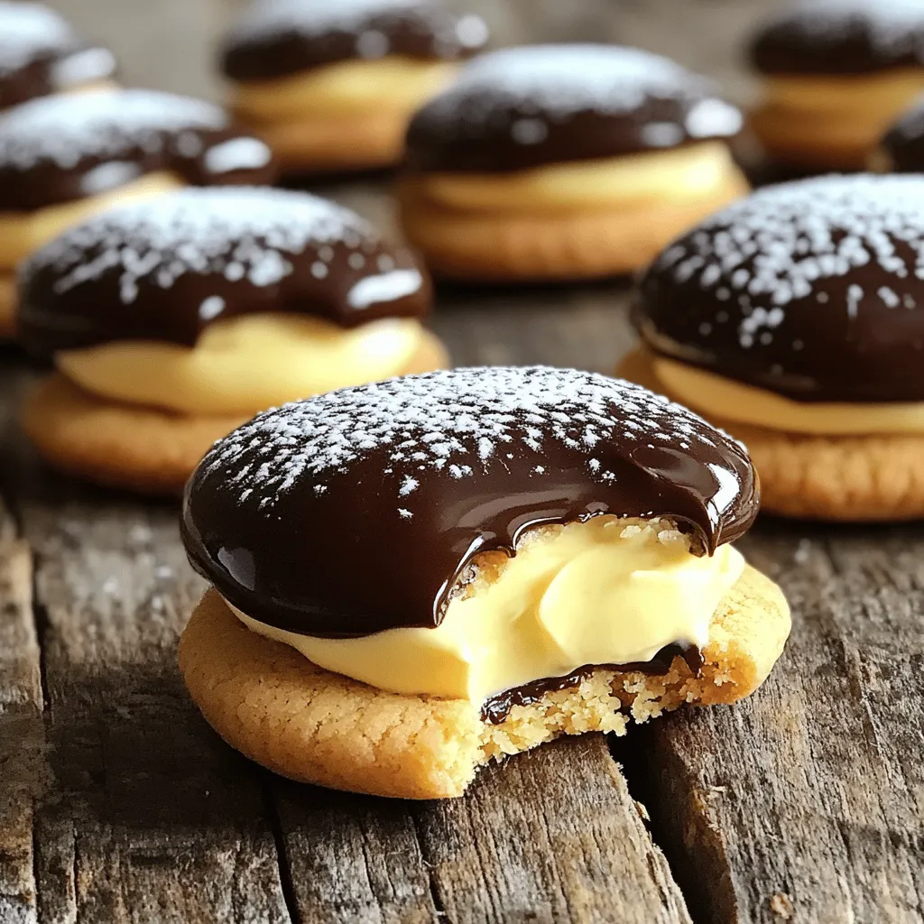 To make the Easy Boston Cream Pie Cookie Bites, you need simple ingredients that pack a lot of flavor. Here’s the list you’ll need: - 1 ½ cups all-purpose flour - ½ teaspoon baking powder - ¼ teaspoon baking soda - ½ teaspoon salt - ½ cup unsalted butter, softened - ¾ cup granulated sugar - 1 large egg - 1 teaspoon vanilla extract - ¼ cup milk - ½ cup chocolate chips (for melting) - ½ cup pastry cream (store-bought or homemade) - Powdered sugar (for dusting) Each ingredient plays a key role. The flour gives structure, while the butter adds richness. Sugar is key for sweetness, and the egg helps bind everything together. The baking powder and baking soda help the cookies rise. Pastry cream adds that creamy filling, and chocolate chips bring a delicious touch when melted. I recommend using high-quality chocolate for melting. It makes a big difference in taste. If you want to make your pastry cream, you can find a simple recipe in the Full Recipe section. It’s worth the extra step for that homemade touch! - Preheat the oven to 350°F (175°C). - Line a baking sheet with parchment paper. Start by preheating your oven. This gets it ready for baking. Next, line your baking sheet with parchment paper. This helps cookies not stick. - Whisk together dry ingredients. - Cream butter and sugar until light and fluffy. - Incorporate wet ingredients gradually. In a bowl, whisk together the flour, baking powder, baking soda, and salt. This mixes the dry ingredients well. In another bowl, cream the softened butter and sugar. Use a mixer for 3-5 minutes until it’s light and fluffy. This step adds air to the dough. Next, add the egg and vanilla extract to the butter mixture. Mix well until combined. Gradually pour in the milk and stir until smooth. Finally, slowly mix in your dry ingredients. Stop when it’s just combined to keep the cookies soft. - Scoop dough onto the baking sheet. - Bake until edges are golden. - Fill cookies with pastry cream. Using a small scoop, place rounded tablespoons of dough on the baking sheet. Leave space between each scoop. Bake for 10-12 minutes or until the edges turn golden. Let the cookies cool for 5 minutes on the sheet. Then, move them to a wire rack. Once they are cool, it’s time to fill them! Use a piping bag to fill each cookie with pastry cream. You can also slice the cookies in half to fill them. - Melt chocolate chips. - Drizzle or dip cookies in melted chocolate. - Dust with powdered sugar after setting. In a microwave-safe bowl, melt chocolate chips. Heat them in 20-second intervals, stirring until smooth. Drizzle or dip the tops of each filled cookie in the melted chocolate. Let the excess chocolate drip off. Place the cookies back on the wire rack. Once the chocolate sets, you can dust the cookies with powdered sugar. This adds sweetness and makes them look nice. For the full recipe, check out the link. Enjoy your Easy Boston Cream Pie Cookie Bites! Room temperature ingredients make a big difference. When butter and eggs are at room temp, they blend better. This helps create a light and fluffy dough. Cold ingredients can lead to dense cookies. Always plan ahead and let your butter sit out for about 30 minutes before using it. Do not overmix your dough. Overmixing makes the cookies tough. Mix just until you see no dry flour. This way, your cookie bites will be soft and tender. To achieve a neat chocolate drizzle, use a fork. Dip it in melted chocolate and move your wrist back and forth. This creates a lovely pattern. You can also use a piping bag for more control. If you want a change from chocolate, try white chocolate or caramel. Both add a nice twist. You can even use colorful candy melts for a fun look. Underbaking is a common mistake. If your cookies are too soft, they won't hold the filling. Bake until the edges are golden, and check for a firm center. Overbaking can also ruin your treats. If you leave them in too long, they will be dry. Keep an eye on the timer! Lastly, be careful when filling the cookies. Use a piping bag to insert pastry cream. If you slice the cookies, make sure the filling stays inside. This keeps each bite rich and creamy. For the full recipe, check out the [Full Recipe]. {{image_2}} You can make your Boston Cream Pie Cookie Bites even more fun by changing a few things. Adding citrus zest, like lemon or orange, to the dough gives a fresh taste. The zesty flavor pops and brightens every bite. You can also try using flavored extracts, such as almond or coconut. These extracts add a unique twist that surprises the taste buds. Just swap out the vanilla extract for your favorite flavor. If you need to make these cookie bites gluten-free, use gluten-free flour instead of all-purpose flour. Many blends work well and keep the cookie's texture light and soft. For a vegan version, substitute the butter with coconut oil or a plant-based butter. Replace the egg with flaxseed meal mixed with water or a store-bought egg replacer. These changes let everyone enjoy these tasty treats. Pair these cookie bites with a scoop of vanilla ice cream or fresh fruit. The cold ice cream balances the sweet chocolate and creamy filling. For parties, arrange them on a colorful platter. Dusting them with powdered sugar adds a nice touch. You can even add fresh berries or mint leaves for extra color and flavor. These small details make your dessert stand out and impress your guests. To keep your Boston Cream Pie Cookie Bites fresh for up to a week, store them in an airtight container. Place a piece of parchment paper between layers to prevent sticking. Keep them at room temperature, away from direct sunlight. This method helps maintain their soft texture and delicious taste. For long-term storage, you can freeze the cookie bites. First, allow them to cool completely. Then, place them in a single layer on a baking sheet. Freeze them for about an hour. Once frozen, transfer the cookie bites to a freezer-safe bag. Remove as much air as possible before sealing. They can last up to three months in the freezer. To thaw and serve frozen cookies, take them out of the freezer and let them sit at room temperature for about 30 minutes. For a warm treat, you can also warm them in the microwave for 10-15 seconds. This will bring back their soft texture and make them extra tasty. To tell if your cookies have gone stale, check for a hard texture. Fresh cookies should be soft and slightly chewy. If they smell off or have a dry feel, they are likely stale. Always trust your senses; they will guide you in knowing when to enjoy your cookie bites or toss them out. To fill Boston Cream Pie Cookie Bites, use a piping bag. Fill the bag with pastry cream and attach a small round tip. Insert the tip into the top of each cookie and squeeze gently. This method gives you control and fills the cookie evenly. You can also slice the cookie in half and spread the cream inside if you prefer. Yes, you can use store-bought pastry cream. It saves time and effort. Store-bought cream is often smooth and easy to use. However, homemade pastry cream can taste fresher and richer. Making your own allows you to adjust the flavor. Consider your time and taste when choosing between the two. To keep cookies from spreading, chill the dough before baking. After mixing, wrap the dough in plastic wrap and place it in the fridge for 30 minutes. This helps the cookies hold their shape. Also, make sure you use the right amount of flour. Too little flour can lead to flat cookies. If you don't have pastry cream, consider using whipped cream or custard. They can add a creamy texture and flavor. For a simpler option, use Greek yogurt mixed with a bit of sugar. It won't be as rich, but it works in a pinch. You can also try pudding for a quick alternative. Yes, you can make these cookie bites ahead of time. Bake the cookies and store them in an airtight container for up to a week. Fill them with pastry cream on the day you plan to serve them. This keeps the cookies fresh and the filling creamy. You can also freeze the baked cookies and thaw them before filling. Making Boston Cream Pie Cookie Bites combines simple ingredients and steps for big flavor. You learned how to create tasty cookies with pastry cream filling and a chocolate top. Remember, using room temperature ingredients and avoiding overmixing is key. Experimenting with flavors or dietary tweaks can also add your unique twist. Store them correctly to keep their freshness. With these tips, your cookie bites will impress friends and family. Enjoy baking and sharing these delightful treats!