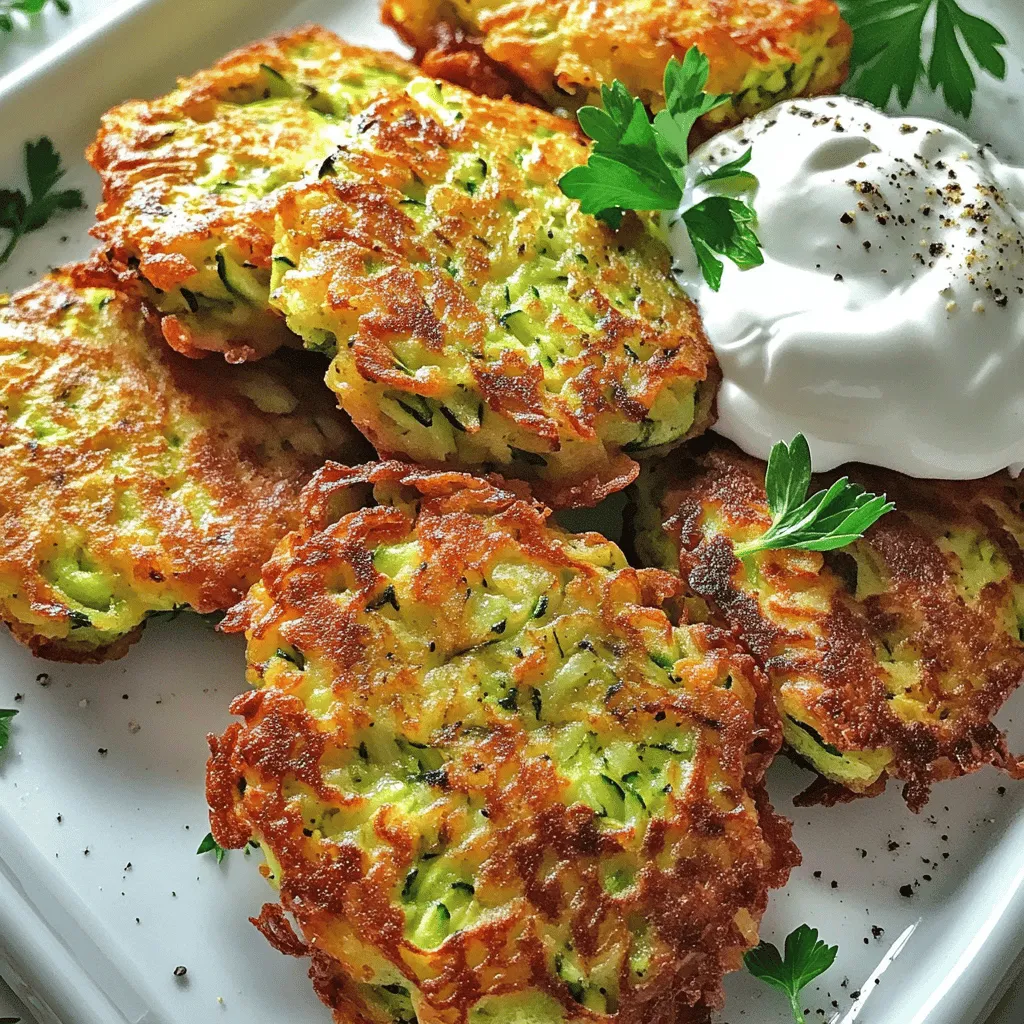 - 2 medium zucchini, grated - 1 cup all-purpose flour - 1/2 cup grated Parmesan cheese - 2 large eggs - 1/4 cup chopped fresh parsley - 2 green onions, finely sliced - Additional seasonings (garlic powder, black pepper) - Vegetable oil for frying To get the best results, grate your zucchini using a box grater or food processor. This will save you time and effort. Aim for even grating so your fritters cook evenly. Measuring ingredients accurately is key. Use dry measuring cups for flour and a liquid measuring cup for eggs. This helps ensure the right texture in your fritters. Too much flour can make them dry. Too little can make them too wet. Balance is essential for crispy zucchini fritters. For the best flavor, don’t skip the salt on the zucchini. Salting helps draw out moisture. Use a clean kitchen towel to squeeze out the excess moisture before mixing. This step is crucial for getting that perfect crunch. For the full recipe, check out the detailed instructions. Happy cooking! Start by grating your zucchini. Use a box grater or a food processor. Place the grated zucchini in a large bowl. Sprinkle one teaspoon of salt over it. Mix well and let it sit for about 10 minutes. This helps to draw out excess moisture. After 10 minutes, take a clean kitchen towel. Place the zucchini in the center of the towel. Twist the towel and squeeze out the moisture. This step is key for crispy fritters. If you skip this, the fritters may turn out soggy. In the same bowl with the zucchini, add the dry and wet ingredients. Combine one cup of flour, half a cup of grated Parmesan, two large eggs, a quarter cup of chopped parsley, two sliced green onions, one teaspoon of garlic powder, and half a teaspoon of black pepper. Mix until everything is well combined. You want a thick batter that holds together. If it feels too wet, add a little more flour. If it seems dry, you can add a splash of water. Next, heat a few tablespoons of vegetable oil in a large skillet over medium heat. You can test if the oil is ready by dropping in a small bit of batter. If it sizzles, you are good to go. Scoop about a quarter cup of the batter and drop it into the skillet. Use the back of a spatula to flatten it slightly. Don’t overcrowd the skillet; this helps them cook evenly. Fry for about 3-4 minutes on each side. You want them golden brown and crispy. Once cooked, transfer the fritters to a plate lined with paper towels to absorb excess oil. Repeat the process until you cook all the batter. You can add more oil to the skillet as needed. For the full recipe, refer to the detailed instructions above. To make your zucchini fritters really crispy, you must remove moisture. After grating the zucchini, add salt and let it sit for 10 minutes. This process pulls out excess water. Then, use a clean towel to squeeze out the moisture. The drier the zucchini, the crispier the fritters will be. For frying, use medium heat. If the oil is too cool, the fritters will absorb oil and become soggy. If it’s too hot, they’ll burn. The right temperature makes a golden, crispy outside. Pair your fritters with tasty dips like sour cream or Greek yogurt. These creamy dips enhance flavor and balance the crispiness. You can also sprinkle fresh parsley on top for color. A pinch of black pepper adds a nice touch too. One big mistake is overcrowding the skillet. If you add too many fritters at once, they won’t fry evenly. Stick to a few at a time. Another error is skipping the moisture extraction step. If you don’t remove the water from the zucchini, your fritters might turn out mushy. Following these steps will help you make perfect crispy zucchini fritters. For the full recipe, see the instructions above. {{image_2}} You can easily change some ingredients in crispy zucchini fritters. For cheese, try feta or cheddar instead of Parmesan. This swap gives a new flavor twist. You can also add spices like cumin or cayenne to heat things up. These little changes can make your fritters exciting and unique. If you want a lighter version, bake the fritters instead of frying them. Preheat your oven to 400°F (200°C). Spread the fritters on a baking sheet lined with parchment paper. Bake for about 20-25 minutes. Flip them halfway through to get both sides crispy. This method cuts down on oil while still giving you a tasty snack. You can mix in other veggies for a fun twist. Try adding grated carrots or diced bell peppers to the batter. These not only add color but also extra nutrients. Fresh herbs like basil or dill can enhance the flavor too. Experimenting with these additions can make each batch of fritters special. For the complete recipe, check out the [Full Recipe]. To keep leftover fritters fresh, place them in an airtight container. This helps seal in moisture and flavor. Store them in the fridge for up to three days. If you want to stack them, place parchment paper between layers. This prevents sticking and keeps them intact. For crispy fritters, I recommend using the oven. Preheat it to 350°F (175°C). Place the fritters on a baking sheet for about 10-15 minutes. This method maintains their crunch. If you use a microwave, heat them for about 30-60 seconds. However, this may make them soft. To freeze fritters, let them cool completely first. Then place them in a single layer on a baking sheet. Freeze for about an hour until solid. After that, transfer them to a freezer-safe bag or container. This way, they won't stick together. To thaw, leave them in the fridge overnight. Reheat them in the oven for the best results. To make your zucchini fritters crispier, remove as much moisture as possible from the zucchini. After grating the zucchini, sprinkle it with salt and let it sit for 10 minutes. This helps draw out excess liquid. Then, squeeze the zucchini with a clean towel to remove more moisture. Use a hot skillet with enough oil to fry the fritters. Fry them in batches, avoiding overcrowding. This allows even cooking and crispiness. Yes, you can prepare the batter ahead of time. Store it in an airtight container in the fridge for up to 2 hours. However, it’s best to cook the fritters soon after mixing to ensure the best texture. If you wait too long, the batter may become too watery as the zucchini releases more moisture. You can make zucchini fritters gluten-free by swapping the all-purpose flour for a gluten-free flour blend. Almond flour or chickpea flour are great alternatives. These options will give a nice texture and flavor. Always check ingredient labels to ensure they are gluten-free. Zucchini fritters pair well with several sides. Consider serving them with a dollop of sour cream or Greek yogurt. You can also add a side salad for freshness. For a heartier meal, serve them with a light pasta dish or grilled chicken. These combinations create a balanced and tasty meal. For the full recipe, check out the complete guide. Zucchini fritters are simple and fun to make. You learned the key ingredients, such as zucchini, flour, and Parmesan. I shared tips for making the batter and cooking methods to achieve crispy fritters. Remember to remove moisture for the best texture and avoid common mistakes like overcrowding your skillet. These fritters are versatile. You can change ingredients or try baking them for a different twist. Enjoy these delicious bites with your favorite dips or sides. You now have the know-how to impress your friends and family. Happy cooking!