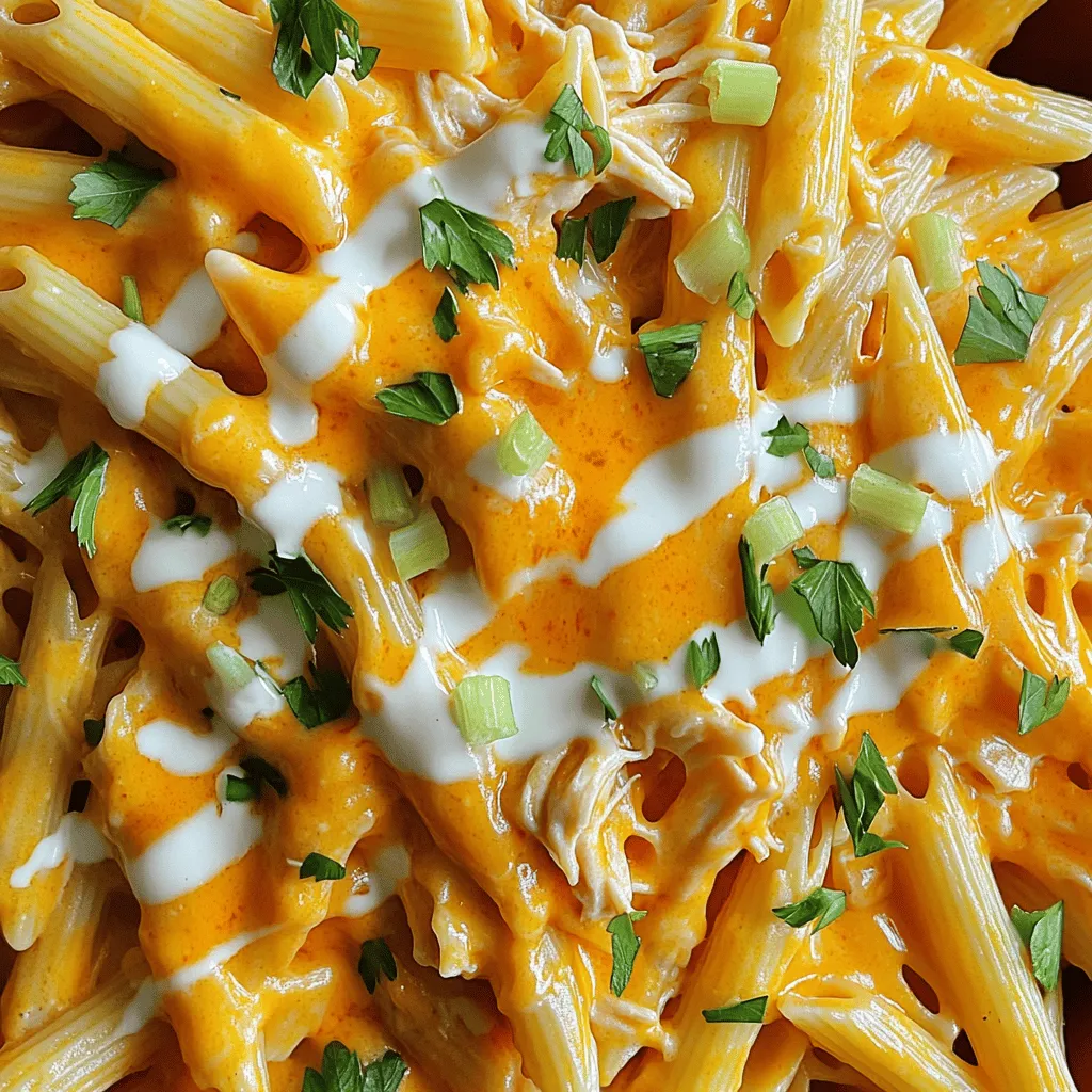 To make Buffalo Chicken Pasta, you need a few kitchen tools. A large pot is key for boiling pasta. A skillet helps cook the chicken and sauce. You also need a mixing spoon and measuring cups for accuracy. Don’t forget a colander to drain the pasta. Having these tools ready makes cooking easy and fun. Here’s what you will need for this tasty dish: - 8 oz (225 g) penne pasta - 2 cups cooked chicken, shredded - 1/2 cup buffalo sauce (adjust to taste) - 1 cup cream cheese, softened - 1 cup shredded cheddar cheese - 1/2 cup ranch dressing - 1/2 tsp garlic powder - 1/2 tsp onion powder - Salt and pepper to taste - 2 green onions, sliced for garnish - Fresh parsley, chopped for garnish These ingredients create a rich and creamy dish. The buffalo sauce adds a spicy kick, while the cream cheese and ranch dressing balance the flavors. When shopping, aim for fresh ingredients. Look for chicken that is free-range or organic. This choice can enhance taste and nutrition. For cheese, choose blocks of cheddar instead of pre-shredded. Block cheese melts better and gives a creamier texture. Pick buffalo sauce that fits your spice level. Taste it first to find one you like. Fresh herbs, like parsley and green onions, add brightness to the dish. Always check the expiration dates on dairy products to ensure freshness. Start by boiling salted water in a large pot. Once it bubbles, add the penne pasta. Cook the pasta as the package says, usually around 8-10 minutes. You want it to be al dente, which means it should be firm to the bite. After cooking, drain the pasta in a colander. Set it aside while you make the sauce. In a large skillet, heat the shredded chicken over medium heat. Pour in the buffalo sauce and stir well. Let it heat for about 3-4 minutes. This step ensures the chicken absorbs that spicy flavor. Next, lower the heat and add the softened cream cheese. Stir constantly until it melts and blends with the chicken and sauce. The mixture should look creamy and smooth. Now it's time to mix in the fun stuff! Add shredded cheddar cheese and ranch dressing to the skillet. Stir until the cheese melts into the sauce. Next, sprinkle in garlic powder, onion powder, salt, and pepper. These spices add more flavor. Finally, toss the cooked penne pasta into the skillet. Mix gently until the noodles are covered in the sauce. Cook everything together for 2-3 more minutes. Adjust the taste with more buffalo sauce or salt if needed. Once it’s hot and tasty, serve it up with sliced green onions and parsley. This dish is a hit! For the full recipe, check out the earlier section. To change the spice level, start with less buffalo sauce. You can add more later. Taste your sauce as you go. If it’s too spicy, mix in more cream cheese. This will cool it down. You can also use mild buffalo sauce for a gentler flavor. For a creamy sauce, use softened cream cheese. This helps it blend well. Stir it in slowly to avoid lumps. Always keep the heat low when adding cheese. This prevents it from breaking down. If the sauce is too thick, add a splash of milk. Cook your pasta just until al dente. This keeps it firm and tasty. When mixing everything, heat gently. You want the cheese to melt without burning. Watch your timing closely. It takes just a few minutes to heat through. Enjoy the process and taste as you go! For the complete recipe, check the Full Recipe. {{image_2}} You can easily add vegetables to your Buffalo chicken pasta. This will boost the flavor and nutrition. Good options include bell peppers, spinach, or broccoli. Just sauté them in the skillet before you add the chicken. This method keeps them bright and crisp. Toss them in with the sauce for a colorful dish. If you want a lighter dish, use low-fat cream cheese. You can also swap ranch dressing for Greek yogurt. This change cuts calories but keeps the taste. Use whole wheat pasta for more fiber. These swaps make it a healthy meal without losing the fun flavors. Cheese is key in this dish. You can try different types to mix things up. Mozzarella adds a nice stretch, while pepper jack brings heat. For a tangy twist, use feta cheese. Each cheese gives a unique spin on the classic Buffalo chicken flavor. Have fun and find your favorite mix. For the full recipe, check out the recipe section above. To store leftover Buffalo Chicken Pasta, let it cool first. Place it in an airtight container. You can use glass or plastic containers. Make sure to seal it tightly. This helps keep the moisture in. Store it in the fridge for up to three days. If you want to keep it longer, consider freezing it. Just use a freezer-safe container. You can freeze it for up to two months. When you reheat Buffalo Chicken Pasta, do it slowly. You can use a microwave or a skillet. If using a microwave, add a splash of water. This keeps the pasta moist. Heat it in short bursts. Stir between each time to warm it evenly. If using a skillet, add a little oil or butter. This adds flavor and moisture. Heat on low until it’s hot throughout. Buffalo Chicken Pasta lasts about three days in the fridge. If frozen, it can last up to two months. Always check for signs of spoilage before eating. Look for any off smells or changes in texture. If it seems off, it’s best to toss it. Enjoy your meal fresh for the best taste! For the full recipe, check out the recipe section above. Yes, you can use rotisserie chicken. It saves time and adds great flavor. Just shred the chicken and add it to the skillet with the buffalo sauce. This makes the dish even easier to prepare. You can enjoy the same tasty results with less work. To make your Buffalo Chicken Pasta gluten-free, choose gluten-free penne pasta. Many brands offer this option. Check the label to ensure it is certified gluten-free. The rest of the recipe works well without changes. Your dish will still taste delicious and creamy! Some great side dishes include a fresh salad or garlic bread. A crisp Caesar salad pairs well with the spicy pasta. You can also serve steamed broccoli for a healthy option. These sides balance the rich flavors of the pasta and add freshness to your meal. In this post, we explored how to make delicious Buffalo Chicken Pasta. We covered essential ingredients, step-by-step cooking instructions, and helpful tips for the best results. We also shared variations to suit different tastes and health needs. Don't forget to store your leftovers properly to enjoy them later. You can have fun modifying the recipe. Try different veggies and cheeses or adjust the spice. With these tips and tricks, you’ll create a tasty dish everyone will love. Enjoy cooking and let your creativity shine!