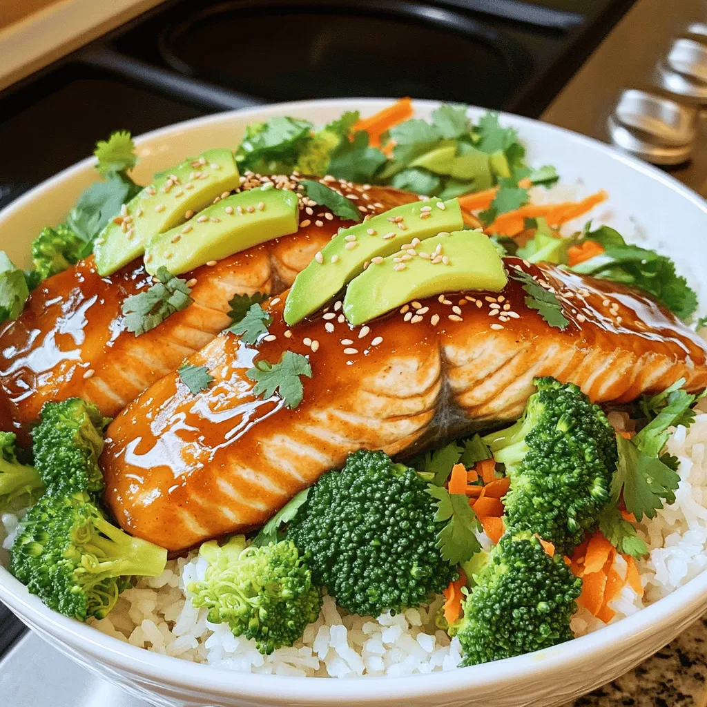 - 2 salmon fillets (6 oz each) - 2 tablespoons honey - 2 tablespoons sriracha sauce - 1 tablespoon soy sauce - 1 cup cooked jasmine rice (or brown rice) - 1 cup steamed broccoli florets - 1 cup shredded carrots - 1 avocado, sliced - 1 tablespoon sesame seeds - Fresh cilantro for garnish - Lime wedges for serving When making Honey Sriracha Salmon Bowls, it's essential to choose the best ingredients. The salmon fillets should be fresh and firm. Honey adds sweetness, while sriracha brings heat. The soy sauce rounds it all out with umami. For the base, I recommend jasmine rice for its light flavor. Brown rice is a healthy option too. Fresh toppings are key to this dish's appeal. I love using steamed broccoli florets for crunch and color. Shredded carrots add a sweet touch, and sliced avocado brings creaminess. This mix of textures makes every bite exciting. For garnishes, sesame seeds add a nice crunch. Fresh cilantro gives a burst of flavor, and lime wedges brighten the dish. These extras elevate your meal and make it look beautiful. For the full recipe, check the details above. Enjoy making this delightful dinner! - Preheat your oven to 400°F (200°C). This heat helps cook the salmon well. - Line a baking sheet with parchment paper. This makes for easy cleanup later. - In a small bowl, whisk together the honey, sriracha sauce, and soy sauce. This glaze adds a sweet and spicy kick. - Place the salmon fillets on the baking sheet. You want them to be spaced out. - Generously brush the honey sriracha mixture over the salmon. Make sure to coat it well. - Place the baking sheet in the oven. Bake for 12-15 minutes. The salmon will be done when it flakes easily with a fork. - While the salmon is baking, divide the cooked jasmine rice into two bowls. - Top each bowl with steamed broccoli, shredded carrots, and sliced avocado. - Once the salmon is ready, remove it from the oven and let it rest for a minute. - Place one salmon fillet on each bowl and drizzle any remaining glaze over the top. - Finally, sprinkle sesame seeds and fresh cilantro over the bowls. Serve with lime wedges for a zesty touch. Enjoy your Honey Sriracha Salmon Bowls! For the complete list of instructions, check out the Full Recipe. - Best temperature for baking salmon: I recommend baking salmon at 400°F (200°C). This high heat cooks the fish quickly and keeps it tender. - Ensuring salmon stays moist: To keep salmon moist, brush it with the honey sriracha glaze before baking. This forms a tasty layer that locks in moisture. - Pairing with side dishes: Serve your Honey Sriracha Salmon Bowls with jasmine rice, steamed broccoli, and shredded carrots. These sides add flavor and color. - Enhancing flavor with extra toppings: Top your bowls with sliced avocado and sesame seeds. Fresh cilantro adds a nice touch too, and lime wedges give a zesty kick. - Preparing ingredients in advance: You can chop veggies and make the glaze a day ahead. This saves time when you’re ready to cook. - Storing leftover components: Keep leftover salmon and rice in separate containers. This helps maintain freshness and flavor for your next meal. {{image_2}} You can change the protein in this recipe. Instead of salmon, try chicken, tofu, or shrimp. Chicken works well with the honey sriracha glaze. Tofu absorbs flavors nicely, making it a great plant-based swap. Shrimp cooks fast and adds a fun twist to your meal. For grains, switch jasmine rice for quinoa or farro. Quinoa adds a nutty taste and is gluten-free. Farro gives a chewy texture, making your bowl hearty and satisfying. You can adjust the sweetness or heat levels in the glaze. If you prefer a sweeter bowl, add more honey. For more heat, increase the sriracha. You can also mix in other sauces, like teriyaki or hoisin, for a different flavor profile. Adding spices like garlic powder or ginger can enhance the dish, too. Feel free to add more vegetables to your bowls. Bell peppers, snap peas, or zucchini can add color and crunch. You can also use different bases like rice noodles or soba noodles for variety. Mixing in leafy greens, like spinach or kale, can boost the nutrition. The options are endless, so get creative and make it your own! For the full recipe, check out the earlier sections! After you enjoy your Honey Sriracha Salmon Bowls, let the leftovers cool down. Place the salmon, rice, and veggies in airtight containers. This helps keep them fresh. Make sure to store them in the fridge. Do this within two hours of cooking. For best results, eat them within 2-3 days. To reheat salmon, avoid using high heat. Instead, use a microwave on low power. This keeps the salmon moist and tender. You can also reheat it in a skillet over low heat. For rice and veggies, microwaving works well too. Just add a splash of water to keep them from drying. Cover the bowl to trap the steam while heating. In the fridge, your Honey Sriracha Salmon Bowls last for about 2-3 days. If you need to store them longer, freezing is a great option. You can freeze the salmon and rice separately for better texture. Wrap the items tightly in plastic wrap or use freezer bags. They can last up to 2 months in the freezer. It takes about 25 minutes to make Honey Sriracha Salmon Bowls. - Prep time: 10 minutes - Cooking time: 12-15 minutes This quick time makes it perfect for a weeknight dinner. You can enjoy a healthy meal without spending hours in the kitchen. Yes, you can prepare this recipe in advance. - Meal prep: Cook the salmon and rice ahead of time. - Storage: Keep the salmon and rice in separate containers. Store them in the fridge for up to three days. When you’re ready to eat, just reheat and assemble your bowls. This makes for easy lunches or dinners throughout the week. If you want less heat, try these options: - Chili garlic sauce: It adds flavor with less spice. - Sweet chili sauce: This gives a sweet touch without heat. - Hot sauce: Use any hot sauce you like for a kick. Adjust the amount based on your taste. This way, you can enjoy the dish at your desired spice level while still keeping it delicious. This blog post covered the simple and tasty Honey Sriracha Salmon Bowls. We explored key ingredients like salmon, rice, veggies, and fresh toppings. I shared easy steps to prepare and cook your meal, plus tips for serving, storing, and customizing. You can enjoy this dish any day, and it's perfect for meal prep. With different swaps and variations, you can make it your own. Dive in and create a delicious bowl that's also fun!