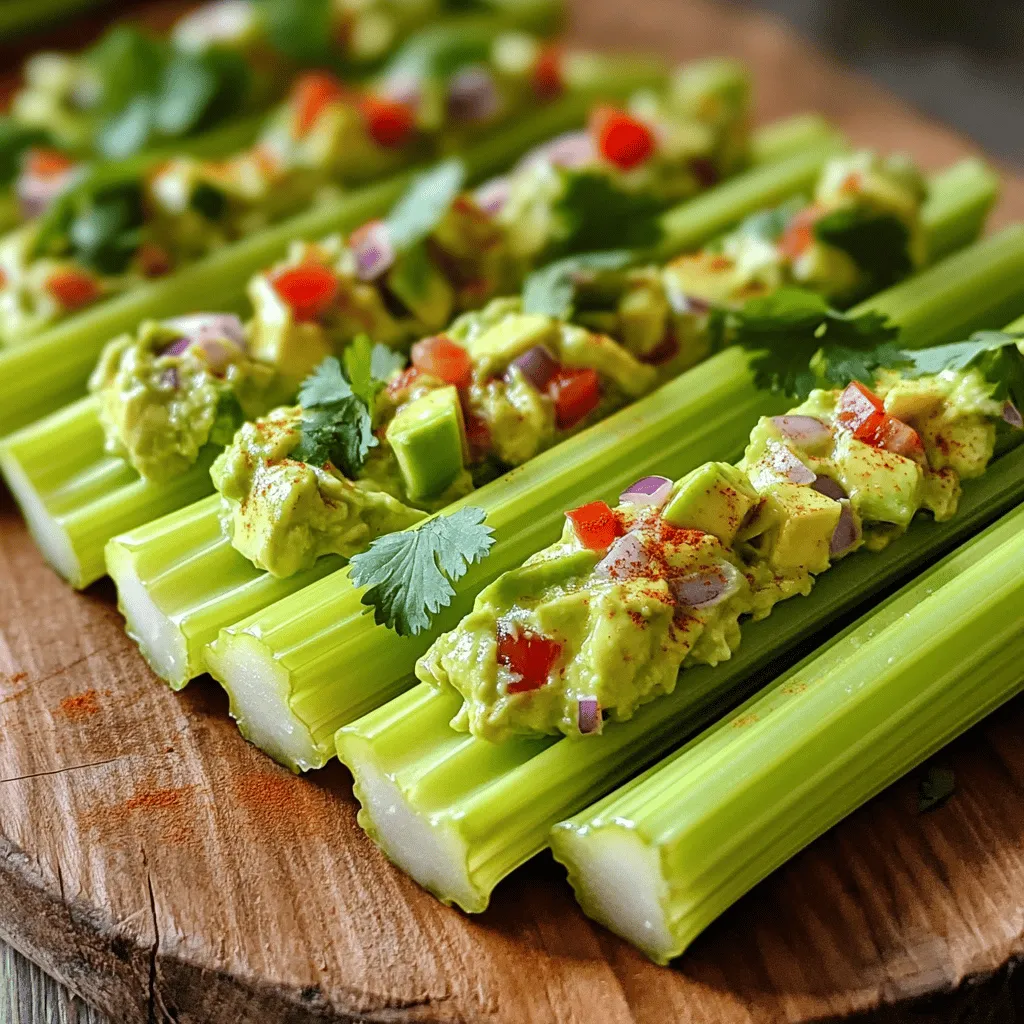- Fresh Celery Stalks - Ripe Avocado - Greek Yogurt - Lemon Juice To start making stuffed celery, you need fresh celery stalks. Choose stalks that are crisp and green. Next, grab a ripe avocado. It should feel soft but not mushy. Greek yogurt adds creaminess and tang. Finally, a squeeze of lemon juice brightens the flavor. - Red Bell Pepper - Red Onion - Fresh Cilantro - Garlic Powder For extra flavor, consider adding some red bell pepper. It adds sweetness and crunch. Red onion gives a nice bite. Fresh cilantro adds a fresh taste. If you want a bit of warmth, sprinkle in garlic powder. - Salt and Black Pepper - Crushed Red Pepper Flakes - Paprika for Presentation Season your filling with salt and black pepper. This brings out the flavors. If you like heat, add crushed red pepper flakes. For a pop of color, sprinkle paprika on top. This makes your dish look even more inviting. For the full recipe, check out [Full Recipe]. - Wash and Cut Celery Start by rinsing the celery under cold water. This removes dirt and pesticides. Next, cut each stalk into 4-inch pieces. This size is easy to handle and eat. - Preparing the Filling Grab a mixing bowl. You will need a ripe avocado, Greek yogurt, lemon juice, red bell pepper, red onion, cilantro, garlic powder, and salt. These ingredients make a tasty and creamy filling. - Mashing Avocado Take the ripe avocado and remove the pit. Use a fork to mash it in the bowl. Leave some chunks for a nice texture. - Combining Ingredients Add Greek yogurt and lemon juice to the mashed avocado. Mix until smooth. Next, stir in the chopped red bell pepper, red onion, cilantro, garlic powder, salt, and pepper. If you like spice, add crushed red pepper flakes. - Filling Methods (Spoon vs. Piping Bag) Now it’s time to fill the celery! You can use a spoon for a quick method. If you want a neat look, use a piping bag. This way, the filling goes in smoothly. - Arranging on Platter Place the stuffed celery on a platter. You can also use individual serving plates. For a nice touch, garnish with extra cilantro and a sprinkle of paprika. These steps make your snack look great! For the complete recipe, visit the Full Recipe section. Enjoy your delicious stuffed celery! - Selecting Fresh Stalks: Look for celery with bright green color and firm stalks. Avoid wilted or yellowing leaves. Fresh celery should snap when you bend it. - Storing Celery Before Use: Keep celery in the fridge in a plastic bag or wrapped in aluminum foil. This helps maintain its crunch for about two weeks. - Adding Protein Options: You can mix in nuts, cheese, or even cooked chicken for a protein boost. Almonds or feta cheese give great flavor and texture. - Spice Up with Flavor Variations: Try adding herbs like dill or spices like cumin. A dash of hot sauce can also give your filling a nice kick. - Ideal Pairings and Accompaniments: Stuffed celery pairs well with hummus, dips, or cheese platters. It makes a great snack at parties or casual gatherings. - Presentation Tips for Parties: Arrange stuffed celery on a colorful platter. Garnish with herbs or a sprinkle of paprika for added flair. Always serve chilled for the best taste. {{image_2}} - Ingredients: - 8 ounces cream cheese, softened - 1 tablespoon fresh dill, chopped - 1 tablespoon fresh chives, chopped - Salt and pepper to taste - Preparation: 1. In a bowl, mix cream cheese with dill and chives. 2. Season with salt and pepper. 3. Fill celery stalks with the cream cheese mix. - Best Uses for This Variation: This filling works well for parties. It adds a creamy texture and fresh taste. Serve it with crackers or as part of a veggie platter. - Suggested Nuts and Ingredients: - 1/2 cup almond butter or peanut butter - 1/4 cup chopped walnuts or pecans - 1 tablespoon honey or maple syrup (optional) - Flavor Enhancements: Mix nuts with nut butter for a crunchy treat. Add a touch of honey for sweetness. This variation packs protein and is great for a quick snack. - Ground Meat Variations (e.g., chicken, turkey): - 1 cup cooked ground chicken or turkey - 1/4 cup cream cheese or Greek yogurt - 1 tablespoon taco seasoning - Cooking Tips for Meat Variants: Combine cooked meat with cream cheese or yogurt. Add seasoning for flavor. Fill celery with this mixture for a heartier snack. These options are perfect for lunchboxes or game day treats. - Short-term Storage in the Fridge: Place your stuffed celery in an airtight container. It stays fresh for 2 to 3 days. Keep it in the main part of the fridge, not the door, to avoid temperature changes. This helps maintain crunchiness. - Long-term Options: Stuffed celery does not freeze well. The texture changes when thawed. It’s best to enjoy it fresh. If you need to prepare ahead, store the filling separately and fill the celery just before serving. - Do’s and Don'ts for Leftovers: Do not reheat stuffed celery. It tastes best cold. If you have leftovers, keep them in the fridge. Avoid adding too much salt when making the filling. This helps keep it tasty even after a day or two. - Maintaining Freshness: Serve stuffed celery chilled. This keeps it crisp and refreshing. If you make it for a party, prepare it an hour before guests arrive. Garnish with extra cilantro or paprika for a colorful touch. For more ideas, check out the Full Recipe for variations you can try! Stuffed celery can last about 3 to 5 days in the fridge. I recommend storing it in an airtight container. This keeps it fresh and crunchy. Always check for any signs of spoilage before eating. You can freeze stuffed celery, but I advise against it. The texture changes after freezing and thawing. If you must freeze it, wrap each piece tightly in plastic wrap. To defrost, place it in the fridge overnight. This helps maintain some crunch. You can get creative with fillings! Here are some ideas: - Cream cheese mixed with herbs - Hummus with spices - Peanut butter with raisins - Tuna salad or chicken salad Mix and match to find your favorite! Yes, stuffed celery is a healthy snack! Celery is low in calories and high in water. The fillings add nutrients. For example: - Avocado provides healthy fats. - Greek yogurt offers protein and calcium. - Bell peppers add vitamins A and C. This snack is tasty and packed with benefits! Stuffed celery is simple and fun. We covered fresh ingredients like celery and avocado, with yogurt and lemon for flavor. You can customize with peppers, onions, or nuts. I showed you easy steps to prepare, fill, and serve. Remember, it’s great to store properly and enjoy later. Stuffed celery can fit many occasions, making it a healthy snack choice. With creativity, you can create a filling for anyone's taste!