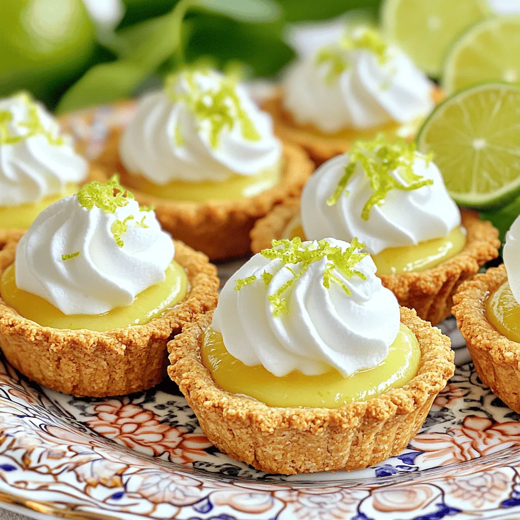 To make these Mini Key Lime Pies, gather the following ingredients: - Graham Cracker Crust Components - 1 cup graham cracker crumbs - 1/4 cup granulated sugar - 1/2 cup unsalted butter, melted - Key Lime Filling Ingredients - 1 (14-ounce) can sweetened condensed milk - 1/2 cup key lime juice (freshly squeezed if possible) - 2 large egg yolks - Toppings and Garnishes - Whipped cream, for topping - Lime zest, for garnish These ingredients are simple yet essential for a tasty mini pie. The graham cracker crust adds a nice crunch. The key lime filling gives that fresh, tangy flavor. Topping with whipped cream makes each bite delightful. You can find the full recipe in other sections for preparation details. Preheating and Crust Preparation First, preheat your oven to 350°F (175°C). This step warms the oven for baking. In a medium bowl, mix graham cracker crumbs, granulated sugar, and melted butter. Stir until all crumbs are coated. Take a mini muffin tin and press the crumb mix into the bottom and up the sides. Use your fingers or a spoon to form a firm crust. Making the Key Lime Filling In a separate mixing bowl, whisk together sweetened condensed milk, key lime juice, and egg yolks. Keep whisking until the mixture is smooth and combined. This filling gives the pies their signature tangy flavor. Assembling the Mini Pies Carefully spoon the lime filling into each cooled graham cracker crust. Fill them about three-quarters full. This prevents overflow while baking. Baking the Crust Place the mini muffin tin in the preheated oven. Bake the crusts for 8 to 10 minutes, or until they turn golden brown. Remove them from the oven and let them cool slightly. Baking the Filling After you fill the crusts, return the mini pies to the oven. Bake for another 10 to 12 minutes, or until the filling is set. Keep an eye on them to ensure they don’t overbake. Cooling and Chilling Process Let the mini pies cool to room temperature. Once cool, place them in the fridge for at least 2 hours. This chilling step makes them fresh and tasty. Before serving, add a dollop of whipped cream and sprinkle some lime zest on top. Enjoy every bite of your delicious mini key lime pies! For the full recipe, check out the recipe section. Adjusting Sweetness Levels You can make your mini key lime pies sweeter or tangier. If you like it sweeter, add more sweetened condensed milk. Start with a tablespoon, then taste. If it's too sweet, add a bit more key lime juice. Balance is key! Selecting Quality Key Limes Use fresh key limes for the best flavor. Look for limes that are firm and heavy. They should feel juicy when you squeeze them. If you can't find key limes, regular limes can work too, but the taste will vary. Ensuring a Smooth Filling To get a smooth filling, whisk well. Mix the sweetened condensed milk, key lime juice, and egg yolks until no lumps remain. A smooth mixture bakes better and looks nicer. If you see lumps, strain the mixture through a fine mesh before filling the crusts. Presentation Ideas Serve your mini pies on a colorful platter. Add lime slices and fresh mint leaves for a pop of color. You can also use small cups instead of a platter for a fun twist. Each mini pie can have its own little cup! Pairing with Beverages These pies pair well with light drinks. Try serving them with iced tea or sparkling water. A refreshing cocktail with lime can also enhance the flavors. Think about what you like to drink to find the perfect match. {{image_2}} When you make mini key lime pies, you can switch things up. This keeps the fun alive. Here are some tasty variations to try. - Gluten-Free Alternatives: You can use gluten-free graham cracker crumbs. Look for brands that work well for baking. They taste great and keep the same crunch. - Vegan Options: To make vegan mini pies, use coconut cream instead of sweetened condensed milk. Mix it with lime juice and a thickener like cornstarch. This gives you a creamy filling without eggs or dairy. - Adding Coconut: For a tropical twist, mix shredded coconut into the crust. You can also top the pies with toasted coconut flakes. This adds a nice crunch and a hint of sweetness. - Experimenting with Berries: You can add berries to your filling. Try blending in some strawberries or blueberries. This gives your mini key lime pies a new burst of flavor and color. To keep your mini key lime pies fresh, store them in the fridge. Place them in an airtight container. This helps maintain their creamy texture and bright flavor. If you want to keep them longer, consider freezing them. Wrap each pie tightly in plastic wrap, then put them in a freezer-safe bag. This keeps out air and prevents freezer burn. How long do they last? In the fridge, your mini key lime pies can stay fresh for about three days. If you freeze them, they can last up to two months. What are the signs they have spoiled? Check for any off smells or changes in texture. If the filling has separated or the crust feels soggy, it's best to toss them. Always trust your senses to ensure a tasty treat! For the full recipe, check out the detailed steps provided earlier. Can I use regular limes instead of key limes? Yes, you can use regular limes. They have a different taste, but they work well. Key limes are smaller and tarter. They add a unique flavor to your pies. If you want the classic taste, use key limes. How can I make a larger version of mini key lime pies? To make a larger pie, simply use a regular pie dish. The filling will need more time to bake. Follow the same mixing and baking steps. Just adjust the baking time to 20-25 minutes. Check for doneness by looking for a set filling. What are the best toppings for these pies? Whipped cream is the most popular topping. You can also use fresh lime zest for color and flavor. Some people enjoy adding toasted coconut or a sprinkle of graham cracker crumbs. Get creative and find what you like best! Can I make the crust ahead of time? Yes, you can make the crust a day before. Just store it in an airtight container. This saves time when you want to bake the filling. Make sure it cools completely before storing. What can I do if my filling doesn’t set properly? If your filling does not set, it may need more baking time. Ensure your oven is set to the right temperature. If it still doesn't set, try adding more egg yolks next time. They help to firm up the filling. In this blog post, we explored the delightful process of making mini key lime pies. We covered the key ingredients, step-by-step instructions, and useful tips to ensure perfect results. You can adjust sweetness and use quality limes for a smooth filling. Plus, we discussed variations for different diets and flavor options. These mini pies are a fun treat for any occasion. Enjoy making them and impressing your friends and family!