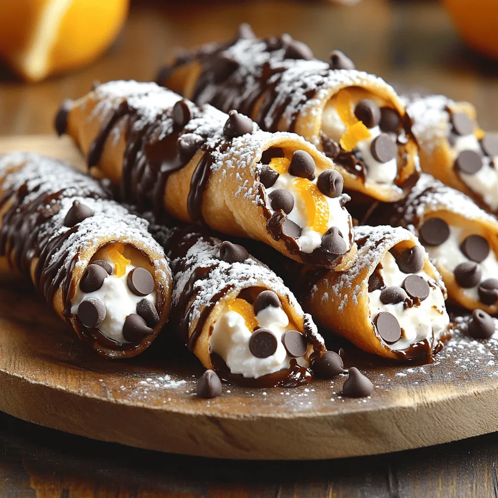- 1 cup all-purpose flour - 2 tablespoons unsweetened cocoa powder - 1 tablespoon sugar - 1/4 teaspoon salt - 3 tablespoons unsalted butter, softened - 1 large egg yolk - 1/4 cup cold water - Vegetable oil for frying - 1 cup mascarpone cheese - 1/2 cup ricotta cheese, drained - 1/4 cup powdered sugar, plus extra for dusting - 1 teaspoon vanilla extract - 1/4 cup mini chocolate chips - Zest of 1 orange When making cannoli with mascarpone filling, I love to gather my ingredients first. This helps me stay organized and focused. The main ingredients are flour, cocoa powder, and various cheeses. Mascarpone is creamy and rich, while ricotta adds a nice texture. You will also need some sugar and vanilla to sweeten the filling. The zest of an orange gives it a bright flavor. Mini chocolate chips bring a delightful crunch. For the dough, you need butter, an egg yolk, and cold water. These ingredients help create a smooth and workable dough. Don’t forget the vegetable oil for frying the shells. Having the right tools makes the process easier. You will want cannoli forms, mixing bowls, a rolling pin, and a deep frying pan. These tools help ensure you get the best results. For the full recipe, check the instructions later. You'll be ready to create a sweet treat that everyone will love! - In a mixing bowl, combine 1 cup all-purpose flour, 2 tablespoons cocoa powder, 1 tablespoon sugar, and 1/4 teaspoon salt. - Add 3 tablespoons softened butter and mix until crumbly. - Next, incorporate 1 large egg yolk and 1/4 cup cold water. Knead until smooth. - Wrap the dough in plastic wrap and let it rest in the fridge for about 30 minutes. - After resting, roll the dough out on a floured surface to about 1/8 inch thick. - Use a circular cutter, about 4 inches wide, to cut out circles. - Roll the circles around metal cannoli forms. Seal the edges with a bit of water. - Make sure to press the seams well to prevent opening during frying. - In a deep frying pan, heat vegetable oil to 350°F (175°C). - Carefully fry the wrapped cannoli shells until golden brown, about 2–3 minutes. - Remove them and drain on paper towels. Gently slide off the molds while still warm. - In a medium bowl, mix 1 cup mascarpone cheese and 1/2 cup drained ricotta cheese. - Add 1/4 cup powdered sugar, 1 teaspoon vanilla extract, and the zest of 1 orange. - Finally, stir in 1/4 cup mini chocolate chips. Mix until you have a smooth consistency. - Once the shells are cool, use a piping bag fitted with a large round tip. - Fill each cannoli shell with the mascarpone filling. - Dust the filled cannoli with extra powdered sugar before serving. - For a special touch, add optional garnishes like orange zest or fresh mint. For the full recipe, check the details above. Enjoy making this delightful treat! To make great cannoli shells, you need the right dough. The dough should feel smooth and elastic. If it’s too sticky, add a bit more flour. If it’s too dry, add a tiny bit of water. This balance is key for good frying. When frying, the oil temperature matters. Heat the oil to 350°F (175°C). Use a thermometer for accuracy. If the oil is too cool, the shells will soak up oil. If it's too hot, they will burn quickly. Keep a close eye on your frying. Filling your cannoli just right is crucial. Avoid overfilling them. Too much filling can make the shells soggy. Aim for a nice balance. A few teaspoons in each shell is perfect. The best serving temperature for cannoli is cool, but not cold. This keeps the filling creamy and soft. Let them rest for a few minutes after filling. This allows the flavors to meld beautifully. Take your cannoli to the next level with creative toppings. Consider adding crushed nuts or mini chocolate chips on the ends. You can also dust them with powdered sugar for a classic look. Fresh fruits can add a pop of color and taste. Raspberries or strawberries work well. Drizzling melted chocolate over the filled cannoli adds a touch of elegance. You can use dark, white, or even milk chocolate for variety. {{image_2}} You can play with the filling for a unique taste. Try fruit-flavored mascarpone for a fresh twist. Mix in pureed strawberries or lemon zest to brighten the flavors. You can also explore nut-based fillings. Use almond or hazelnut paste for a rich, nutty flavor. This will add a lovely crunch and depth to your cannoli. Want to spice things up? Add a pinch of cinnamon or nutmeg to the filling. These spices will give your cannoli a warm, inviting flavor. You can also infuse your chocolate with other flavors. Try adding espresso or orange essence to the chocolate chips for an exciting kick. This twist will surprise your taste buds. If you need gluten-free cannoli, substitute regular flour with almond or oat flour. These flours keep the texture light and fun. For a vegan version, use plant-based cheese alternatives. Look for vegan mascarpone or cream cheese. These swaps will help you enjoy this treat while meeting your dietary needs. To keep your cannoli shells crisp, store them in an airtight container. Place parchment paper between layers to prevent sticking. Always keep them in a cool, dry place. They can last up to one week when stored this way. Filled cannoli do not stay fresh for long. They are best eaten right after filling. If you must store them, place them in the fridge in a sealed container. They will stay fresh for about two days, but they may lose some crispness. If your filled cannoli lose their crispness, you can restore it by reheating. Preheat your oven to 350°F (175°C). Place the cannoli on a baking sheet and heat for about five minutes. This method helps to refresh the shells without making them soggy. You can check the oil with a temperature probe. Aim for 350°F (175°C). If you don’t have a probe, drop a small piece of dough in. If it sizzles and rises, your oil is ready. Yes, you can make the dough ahead. Wrap it tightly in plastic. Store it in the fridge for up to two days. Just remember to let it come to room temperature before rolling it out. If your shells break, there are ways to fix it. Use a bit more water to seal the edges better. If they still break, try frying at a lower temperature. This can help them cook more evenly. Yes, you can bake cannoli! Preheat your oven to 375°F (190°C). Lightly brush the shells with oil. Bake for about 15 minutes or until golden. They will be less crispy than fried, but still tasty. You can create delicious cannoli by following our step-by-step guide. Start with quality ingredients and the right tools. Master the dough and frying technique for perfect shells. Customize your filling and presentation to impress everyone. Remember, practice makes perfect, and don't be afraid to try variations. Enjoy making and sharing this classic treat with family and friends!