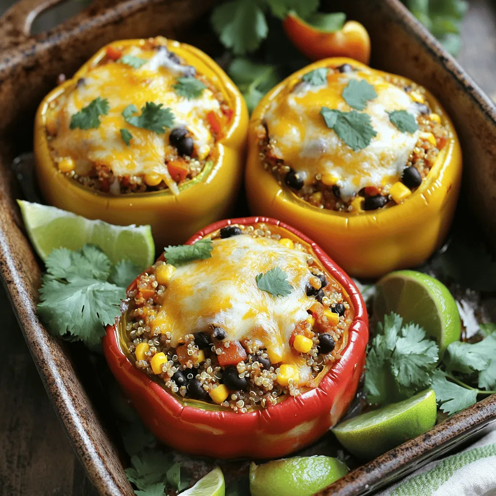 - 1 pound ground turkey - 4 medium bell peppers (mixed colors) - 1 cup cooked quinoa - 1 small onion, finely chopped - 2 cloves garlic, minced - 1 can (14 oz) black beans, rinsed and drained - 1 teaspoon chili powder - 1 teaspoon cumin - ½ teaspoon paprika - Salt and pepper to taste - 1 cup shredded cheese (cheddar or Mexican blend) - Fresh cilantro for garnish (optional) - Lime wedges for serving When you choose these ingredients, you get a mix of flavors and nutrition. Ground turkey is lean and full of protein. Bell peppers add color and crunch. Quinoa packs in whole grains, while black beans bring fiber and heartiness. The spices create a warm, inviting taste. Chili powder and cumin add depth, while paprika gives a nice color. Salt and pepper enhance all these flavors, making each bite delightful. For the toppings, cheese melts beautifully over the peppers. Fresh cilantro adds a burst of freshness. Lime wedges bring a zesty kick, lifting the dish to new heights. With this ingredient list, you are ready to make a delicious family meal. For the full recipe, check out the Turkey Fiesta Stuffed Peppers . Enjoy cooking! - Preheat the oven to 375°F (190°C). - Wash, slice, and seed the bell peppers. Arrange in a baking dish. Start by washing the bell peppers under cool water. This step ensures they are clean. Next, slice off the tops of the peppers. Remove the seeds and any white parts inside. These parts can taste bitter. Place the peppers upright in a baking dish. This setup helps keep them stable when you fill them. - Sauté onion and garlic until translucent. - Add ground turkey and cook until no longer pink. In a large skillet, heat a drizzle of olive oil. Add the finely chopped onion and minced garlic. Cook them over medium heat. Stir often until the onion turns translucent, about 3 to 4 minutes. This brings out their sweet flavor. Then add the ground turkey. Break it apart with a spoon and cook until it is no longer pink, about 5 to 7 minutes. This step ensures the meat is safe to eat. - Stir in quinoa, black beans, corn, and spices. - Mix well and heat through. Once the turkey is cooked, it’s time to add more flavor. Stir in the cooked quinoa, black beans, and corn. These ingredients add texture and nutrients. Then add the chili powder, cumin, and paprika. Season with salt and pepper to taste. Mix everything well and heat through for about 3 to 4 minutes. This step lets all the flavors blend nicely. - Fill each bell pepper generously with the turkey mixture. - Top with shredded cheese. Now, grab the prepared bell peppers. Spoon the turkey mixture into each pepper. Don’t be shy; fill them generously! Press down gently to pack in the filling. This ensures each bite is full of flavor. Once filled, top each pepper with shredded cheese. This will melt and create a delicious crust. - Cover with foil and bake for 25 minutes. - Remove foil and bake for an additional 10 minutes. Cover the baking dish with aluminum foil. This helps steam the peppers while baking. Bake them in the preheated oven for 25 minutes. After that, remove the foil to let the cheese brown. Bake for another 10 minutes. The cheese should be bubbly and golden brown. Let them cool for a few minutes before serving. Enjoy your delicious family meal! For the full recipe, check out the details provided. To make sure your ground turkey is safe to eat, use a meat thermometer. The turkey should reach 165°F (74°C). This keeps your meal healthy and tasty. Also, avoid overcooking the bell peppers. Cook them just until they are tender. This gives them a great texture and taste. You can make your meal even better by pairing it with a fresh side salad. Crusty bread also complements stuffed peppers well. For extra creaminess, serve with sour cream or avocado. These toppings add flavor and richness to each bite. Ground turkey is a great source of lean protein. It helps you feel full without many calories. Peppers are not just colorful; they are also packed with vitamins A and C. These vitamins support your immune system and keep your skin healthy. Enjoy this dish, knowing it is good for you! For more details, check out the Full Recipe. {{image_2}} You can easily swap ground turkey for other meats. Try ground chicken for a lighter taste. Ground beef also works well if you prefer a richer flavor. If you want a plant-based dish, use plant-based meat. It cooks similarly and tastes great. Add extra veggies to boost nutrition. Diced zucchini or fresh spinach blend nicely into the filling. They add color and texture. You can also top the stuffed peppers with sliced olives or jalapeños. These toppings add zest and a kick of spice. If you want a different cheese taste, try feta or goat cheese. They give a tangy flavor that pairs well with the filling. For a dairy-free option, vegan cheese works great too. It melts well and keeps the dish creamy. For the full recipe, check out Turkey Fiesta Stuffed Peppers. Store leftovers in an airtight container in the refrigerator. This keeps the dish fresh. Leftovers can be kept for up to 4 days. Enjoy them for a quick meal later! To freeze, wrap stuffed peppers individually in plastic wrap. This makes reheating easy. They’re best if consumed within 3 months when frozen. Label the bags for easy tracking. You can microwave for quick reheating. For a crispier texture, bake in the oven. Cover with foil to prevent drying out. This keeps your meal moist and tasty. Yes, you can prep them and store before baking. This makes dinner easy. Just fill the peppers, cover them, and refrigerate. Bake them when you’re ready. Use a meat thermometer; the internal temperature should reach 165°F (74°C). This ensures it is safe to eat. Always check the thickest part of the meat. Yes, they're a balanced meal with protein, veggies, and whole grains. Ground turkey is lean and full of nutrients. The peppers add vitamins and fiber. It’s best to use fresh peppers, but thawed frozen peppers can work too. Just make sure to drain them well. This helps maintain the filling's texture. Stuffed peppers offer a tasty and healthy meal option. We explored simple steps to prepare them with turkey, quinoa, and spices. You can swap ingredients for variety, ensuring you enjoy different flavors. Remember, they’re easy to store and reheat. Feel free to customize your stuffed peppers to fit your taste or diet needs. Enjoy making and sharing this dish! It’s a fun and wholesome way to nourish yourself and others. Plus, it’s a smart choice for a balanced meal.