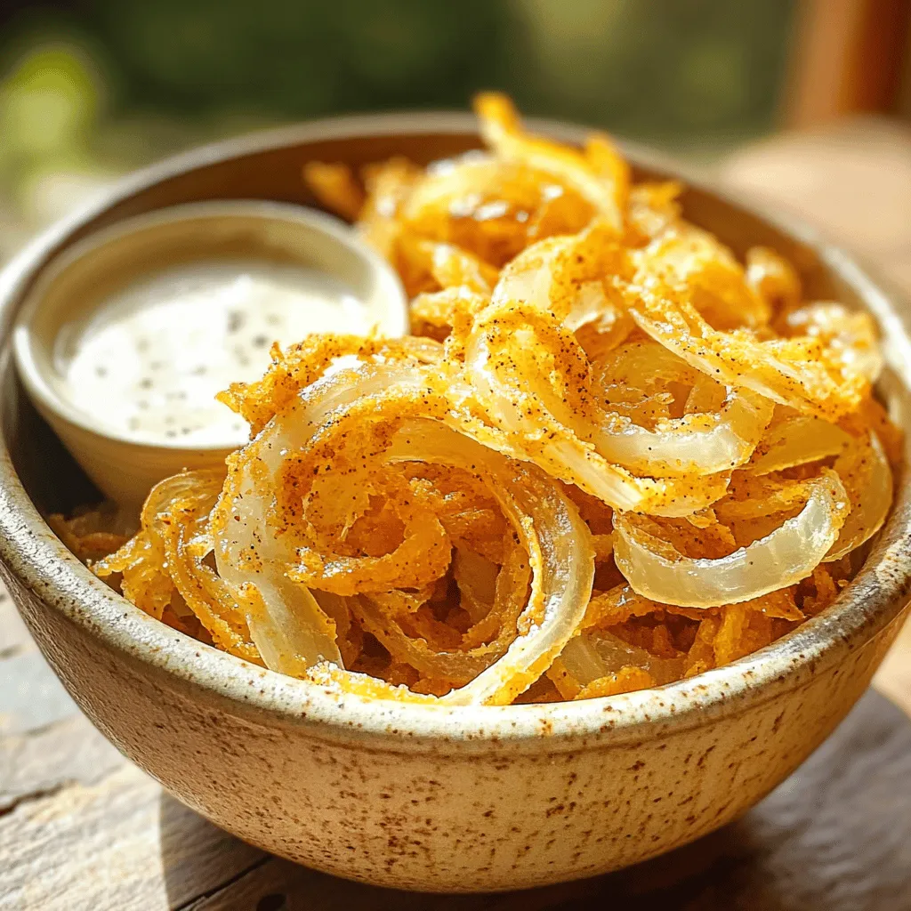 - 2 large onions, thinly sliced - 1 cup buttermilk (or dairy-free alternative) - 1 cup all-purpose flour - 1 teaspoon garlic powder - 1 teaspoon paprika - ½ teaspoon cayenne pepper (optional for heat) - Salt and pepper to taste - Cooking spray For a dairy-free option, you can use almond milk mixed with lemon juice. This gives a similar tang to buttermilk. If you need gluten-free flour, almond flour or rice flour works well. They give a nice crunch, too. Feel free to add more spices to your mix. Onion powder and black pepper add depth. For herbs, try thyme or parsley. These will brighten the flavor and make your crispy onions even tastier. For the full recipe, check out the recipe section. - Start by soaking the onions in buttermilk. Use a large bowl for this. Let them soak for at least 30 minutes. This step helps to soften the onions and adds flavor. - Next, mix the flour and seasonings in another bowl. Add garlic powder, paprika, cayenne pepper, salt, and pepper. Whisk them well to combine. This mixture will coat the onions. - Preheat the air fryer to 375°F (190°C). This step ensures your onions cook evenly. - Spread the soaked onions in the air fryer basket. Make sure they are in a single layer. This helps them crisp up nicely. - Monitor the cooking time closely. Cook them for 10-12 minutes. Check for a golden brown color. - Shake the basket halfway through cooking. This step helps the onions cook evenly and become extra crisp. For the complete recipe, check [Full Recipe]. To get the best crunch from your air fryer crispy onions, follow these pro tips: - Soak the onions: Soaking them in buttermilk for 30 minutes helps soften and flavor them. - Coat well: Make sure each slice is coated in the flour mixture. This step is key for crunch. - Use cooking spray: A light spray helps the onions crisp up nicely as they cook. When you spray the onions, don't drown them. A little goes a long way. Just a few quick sprays will do. Nobody wants soggy onions. Here’s how to avoid that mistake: - Slice evenly: Cut the onions into thin, even slices. Uneven pieces cook differently, leading to some being soft. - Don’t overcrowd: If you pile them in the air fryer, they won’t crisp. Spread them in a single layer. If you notice soggy spots, shake the basket halfway through cooking. This helps circulate heat. Once you have those crispy onions ready, think about how to serve them: - Add to dishes: They pair beautifully with salads, burgers, and soups. - Get creative: Use leftovers in tacos, or mix them into dips. You can also serve them as a snack with a tasty dip like ranch or spicy mayo. Enjoy the crunch! {{image_2}} You can mix up the flavor of your crispy onions easily. Try adding different spice blends to the flour mixture. For a savory kick, use cumin or chili powder. A sprinkle of Italian herbs can bring a new twist. You can even make cheesy crispy onions! Just mix in some grated cheese with the flour. This adds a rich flavor that pairs well with many dishes. If you want a vegan version of crispy onions, swap buttermilk for plant-based milk. Almond milk or oat milk works well. For a healthier option, use whole wheat flour instead of all-purpose. You can also cut back on the oil or use an air fryer that requires less cooking spray. These changes keep the taste while making the dish better for you. Crispy onions are not just for topping. You can add them to salads for extra crunch or mix them into casseroles for flavor and texture. They can even be part of a main dish! Toss them into stir-fries or grain bowls. Their unique crunch adds a fun twist to any meal. Get creative and enjoy the full flavor of your crispy onions! For the complete recipe, check out the Full Recipe. To keep your crispy onions fresh, store them in an airtight container. You can use a glass jar or a plastic container. Place a paper towel inside the container to absorb moisture. This helps maintain the crunch. Avoid stacking the onions too much to keep them from getting soggy. Freezing crispy onions is not ideal. They may lose their crunch and turn soft. If you want to reheat them, use your air fryer. Preheat it to 375°F (190°C). Spread the onions in a single layer and heat for about 5 minutes. This method helps restore their crispiness. Crispy onions usually last for about one week when stored properly. Check for signs of spoilage. If they smell off or feel soggy, discard them. Freshness is key for that delightful crunch. You can soak onions in almond milk or coconut milk. Both options work well. You can also use plain water with a splash of vinegar. This helps soften them and adds flavor. Just soak the onions for about 30 minutes. Yes, you can! Try adding onion powder, black pepper, or dried herbs. A pinch of cumin or curry powder gives a nice twist too. Feel free to mix and match spices based on your taste. Your onions may not be dry enough before cooking. Ensure you remove excess liquid after soaking. Also, if they overlap in the air fryer, they won't crisp well. Spread them out evenly and avoid overcrowding. Use leftover crispy onions as toppings for salads, soups, or burgers. You can also mix them into casseroles for added crunch. Another fun idea is to create a crispy onion dip by blending them with sour cream and other spices. Crispy onions are easy and fun to make in an air fryer. You start with simple ingredients and can adjust them to fit your needs. Pay attention to the tips for the best crunch and avoid common mistakes. Storage and usage ideas allow you to enjoy these tasty onions in many ways. The options are endless, so get creative! I hope you find joy in making crispy onions your new go-to snack or topping.