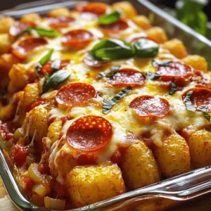 - 1 lb ground beef or turkey - 1 small onion, chopped - 1 bell pepper, diced - 2 cups marinara sauce - 3 cups frozen tater tots - 2 cups shredded mozzarella cheese - 1 cup sliced pepperoni - Fresh basil leaves (for garnish) - 1 teaspoon garlic powder - 1 teaspoon Italian seasoning - Salt and pepper to taste You need these ingredients to build a great Pizza Tater Tot Casserole. Start with the meat. I like using ground beef or turkey, but you can choose what you enjoy. The chopped onion and diced bell pepper add flavor and color. Marinara sauce ties everything together, bringing a nice Italian taste. Tater tots give it a crispy texture on top. Next, let’s talk cheese. Mozzarella gives that gooey, melty goodness. And who can resist pepperoni? It adds a savory punch. Fresh basil leaves make a great garnish. They add a pop of color and a fresh taste. Don't forget seasonings! Garlic powder and Italian seasoning help bring out all the flavors in the dish. Adjust salt and pepper to fit your taste. For the full recipe, check out the detailed instructions. Enjoy gathering your ingredients and getting ready to cook! First, preheat your oven to 400°F (200°C). This helps cook everything evenly. Next, take a large skillet and cook 1 pound of ground beef or turkey over medium heat. Break the meat apart as it cooks. Once browned, drain any fat. Now, add 1 chopped onion and 1 diced bell pepper to the skillet. Sauté these for about 5 minutes. You want the veggies to be soft. This mix adds flavor and texture to your dish. After the meat and veggies are ready, stir in 1 teaspoon of garlic powder and 1 teaspoon of Italian seasoning. Then, pour in 2 cups of marinara sauce. Add salt and pepper to taste. Let it simmer for 2-3 minutes. This brings all the flavors together. Now, grab a greased 9x13 inch baking dish. Layer the meat sauce mixture evenly at the bottom. Next, sprinkle 3 cups of frozen tater tots over the sauce. Arrange them in a single layer. Cover the tater tots with 2 cups of shredded mozzarella cheese. Then, add 1 cup of sliced pepperoni on top. This will make the casserole cheesy and delicious. Place the dish in the oven and bake for about 30-35 minutes. You’ll know it’s ready when the tater tots are golden brown and crispy. The cheese should be bubbly and melted. Once done, remove the dish from the oven. Let it cool for about 5 minutes. This helps the flavors settle. Before serving, garnish with fresh basil leaves. Enjoy this hearty delight! For full details, check the Full Recipe. To make your Pizza Tater Tot Casserole shine, start with crispy tater tots. Bake them for a few minutes before adding them to the casserole. This step helps them crisp up more in the oven. You want that satisfying crunch with every bite. Choosing the right meat is key. I prefer using ground beef for its rich flavor. However, ground turkey works great too. Both options will give you a hearty base. Just make sure to drain the fat after cooking, so your casserole doesn’t get greasy. Pair this dish with a fresh side salad. The crunch of the greens balances the creamy cheese and potatoes. You can also serve it with garlic bread for a cozy meal. Drizzle extra marinara sauce on top before serving. It adds moisture and enhances the pizza flavor. You can also sprinkle some red pepper flakes for a spicy kick. Prep your ingredients in advance for a quicker dinner. Chop the veggies and cook the meat the day before. Store them in the fridge until you’re ready to bake. Using leftover ingredients is also smart. If you have extra veggies or meat, throw them in. This dish is flexible and forgiving, making it perfect for using up what you have on hand. {{image_2}} You can change the protein in this dish easily. If you want, use chicken instead of beef. Cook it the same way. Sausage adds a nice kick too. For a lighter choice, ground turkey works well. If you prefer a meat-free option, try using mushrooms or lentils. They soak up flavor and keep the dish hearty. Want to amp up the taste? Add more veggies! Sliced olives or spinach can boost flavor and nutrition. You can also mix in zucchini or mushrooms. For cheese lovers, try mixing mozzarella with cheddar or provolone. Each type adds its own unique taste. You can even add some parmesan for a salty touch. If you need gluten-free options, use gluten-free tater tots. They taste just as good! For low-carb diets, swap tater tots for cauliflower rice or zucchini slices. You can still get that satisfying base. Remember, it’s all about making it work for you while keeping that delicious flavor. For the full recipe, check out the [Full Recipe]. After enjoying your Pizza Tater Tot Casserole, let it cool to room temperature. Store leftovers in an airtight container. This keeps flavors fresh and safe. Place it in the fridge. Proper refrigeration can keep your casserole tasty for up to three days. If you want to save it longer, freeze it. Wrap the casserole tightly in plastic wrap and then in foil. This helps prevent freezer burn. To reheat, the best method is the oven. Preheat your oven to 350°F (175°C). Place the casserole in a baking dish. Cover it with foil to retain moisture. Heat for about 20-25 minutes. This keeps the tater tots crispy and the cheese melty. If you use the microwave, be careful. It can make the casserole soggy. Heat in short increments, stirring as needed. If stored correctly, your Pizza Tater Tot Casserole can last in the fridge for up to three days. In the freezer, it can stay good for two to three months. Always check for signs of spoilage, like off smells or changes in texture. Enjoy your delicious meal safely! How do I make Pizza Tater Tot Casserole? To make Pizza Tater Tot Casserole, follow these steps: 1. Preheat the oven to 400°F (200°C). 2. Brown 1 lb of ground beef or turkey in a skillet. Drain the fat. 3. Add 1 small chopped onion and 1 diced bell pepper. Cook until soft. 4. Mix in 1 teaspoon of garlic powder, 1 teaspoon of Italian seasoning, and 2 cups of marinara sauce. Season with salt and pepper to taste. 5. Layer the meat sauce in a greased 9x13 inch dish. 6. Spread 3 cups of frozen tater tots on top. 7. Add 2 cups of shredded mozzarella cheese and 1 cup of sliced pepperoni. 8. Bake for 30-35 minutes until golden brown and bubbly. 9. Let it cool for 5 minutes, then garnish with fresh basil. This recipe is a fun twist on pizza. You can find the Full Recipe for more details. Can I make this casserole in advance? Yes, you can make this casserole in advance. Prepare it up to the baking step and cover it. Store it in the fridge for up to 24 hours. When ready to bake, just pop it in the oven. You may need to add a few extra minutes to the baking time. Caloric count per serving Each serving of Pizza Tater Tot Casserole has about 450-500 calories. The count can vary based on the meat and cheese you use. Potential allergens This dish contains common allergens like dairy and gluten. If you have allergies, consider using gluten-free tater tots and dairy-free cheese. User feedback on the recipe Many users love this casserole. They find it fun to make and eat. Kids especially enjoy the cheesy, crispy top. Taste and texture comments People rave about the mix of flavors. The tater tots provide a great crunch, while the cheese melts perfectly. The meat sauce is rich and savory, making it a hearty meal. What makes Pizza Tater Tot Casserole so special? It blends comfort food with fun. This dish combines classic pizza flavors with crispy tater tots. You get a warm, cheesy meal that everyone loves. The main ingredients create a hearty base. You need: - 1 lb ground beef or turkey - 1 small onion, chopped - 1 bell pepper, diced - 2 cups marinara sauce - 3 cups frozen tater tots These items form the heart of the dish. The ground meat adds protein, while the vegetables give it texture and flavor. The marinara sauce ties it all together. To enhance the flavor, I add some seasonings: - 1 teaspoon garlic powder - 1 teaspoon Italian seasoning - Salt and pepper to taste These spices bring out the taste of the meat and sauce. Garlic powder offers depth, while Italian seasoning adds warmth. Adjust salt and pepper to your liking for the perfect balance. The toppings are just as important. You’ll want: - 2 cups shredded mozzarella cheese - 1 cup sliced pepperoni - Fresh basil leaves (for garnish) Mozzarella melts beautifully, creating that gooey goodness we crave. Pepperoni adds a savory kick. Fresh basil gives a pop of color and flavor. To serve, I recommend using a large spoon to scoop out portions. The casserole looks great in the baking dish. For an extra touch, drizzle some marinara on top. For the full recipe, you can check out the detailed instructions. This dish is sure to become a family favorite! In this blog post, we covered how to make a delicious Pizza Tater Tot Casserole. We discussed the main ingredients, like ground beef and marinara sauce, and outlined step-by-step instructions for easy preparation. We also shared tips for perfecting the dish and explored fun variations for different tastes. Remember, this casserole is great for family meals or quick dinners. Try it out and enjoy a tasty, comforting dish that everyone will love. Happy cooking!