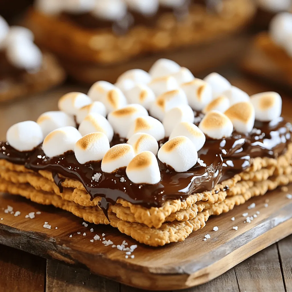 To create these delicious oven-baked s'mores, you need simple ingredients. Here’s the list: - Graham crackers - Mini marshmallows - Chocolate chips - Creamy peanut butter - Vanilla extract - Sea salt (optional) - Additional toppings Gather these items before you start. You can find most of them in your pantry. This recipe is fun and easy! You can even let kids help out with the mixing and layering. The creamy peanut butter adds a new twist to the classic s'mores flavor. If you want, you can try different toppings, like nuts or candy. For the full recipe, check the section above. Enjoy making these sweet treats! - Preheat the Oven Start by preheating your oven to 350°F (175°C). This step is key. A hot oven ensures your s'mores bake evenly and become deliciously gooey. - Prepare Baking Dish Grab a 9x13 inch baking dish. Line it with parchment paper, leaving some paper hanging over the sides. This helps you lift the s'mores out easily once they cool. - Layer Graham Crackers Break the graham crackers into halves. Place them flat on the bottom of your dish. Cover the entire base. You want a nice, solid layer to hold everything together. - Mix Chocolate and Peanut Butter In a mixing bowl, combine 1 cup of chocolate chips and ½ cup of creamy peanut butter. Microwave this mix in 30-second bursts. Stir between each round until it melts and becomes smooth. Add ½ teaspoon of vanilla extract and mix well. - Pour and Spread Mixture Once your chocolate-peanut butter mix is smooth, pour it over the graham crackers. Use a spatula to spread it evenly. This creates a rich layer of flavor. - Add Marshmallows and Optional Toppings Sprinkle 2 cups of mini marshmallows on top of the chocolate layer. If you love marshmallows, feel free to add more. For extra flavor, sprinkle some sea salt and graham cracker crumbs on top. - Baking Time and Visual Cues Place your dish in the oven and bake for about 10-12 minutes. Keep an eye on it! You want the marshmallows to turn golden brown and gooey. When they look perfect, take the dish out of the oven and let it cool for about 5-10 minutes. Use the parchment paper to lift the s'mores out and cut them into squares. Enjoy the irresistible treat! Chocolate Consistency To get smooth chocolate, mix chocolate chips with peanut butter. Use a microwave-safe bowl. Heat in 30-second bursts, stirring each time. Stop when the mix is smooth and shiny. This creates a rich layer for your s'mores. Marshmallows Texture For perfect marshmallows, use mini ones. They melt quickly and create a gooey top. Spread them evenly over the chocolate. The marshmallows will puff up and turn golden when baked. This adds a sweet crunch to each bite. Presentation Tips Serve your s'mores on a rustic wooden platter. A colorful plate adds a fun touch. Drizzle with melted chocolate for extra flair. You can also add fresh berries for color. This makes your dessert look as good as it tastes. Flavor Enhancements Try different toppings to change the flavor. Add a sprinkle of sea salt for a sweet-salty mix. You can also layer in crushed nuts or other candies. These small changes can make your s'mores unique and exciting. For the full recipe, check out the details above. {{image_2}} You can change the flavor of your oven-baked s'mores easily. Try using dark chocolate instead of milk chocolate. Dark chocolate gives a rich taste. You can also mix in some white chocolate for a fun twist. Adding flavors like mint or spice can make s'mores unique. A few drops of mint extract can add a refreshing taste. You can sprinkle cinnamon or nutmeg for warmth. These little changes make a big impact! If you need gluten-free options, use gluten-free graham crackers. They taste just as good and work well in the recipe. You can also try rice cereal as a base for a fun texture. If nuts are a concern, skip the peanut butter. Instead, use a nut-free spread or just melt chocolate. Both choices keep the s'mores delicious and safe for everyone. To keep your oven-baked s'mores fresh, store them properly. Here’s how: - Refrigeration Tips: Place leftover s'mores in an airtight container. They can last up to five days in the fridge. If you want to keep them longer, wrap them tightly in plastic wrap first. This extra layer helps retain moisture and flavor. - Freezing S'mores: You can also freeze your s'mores. Wrap each piece in plastic wrap. Then put them in a freezer-safe bag. They can stay good for up to three months. When you're ready to enjoy them again, just thaw them overnight in the fridge. To enjoy your s'mores warm, follow these reheating tips: - Best Methods to Reheat: The best way to reheat is in the oven. Preheat your oven to 350°F (175°C). Place the s'mores on a baking sheet and heat for about 5-7 minutes. This keeps the marshmallows soft and gooey. - Avoiding Sogginess: To avoid sogginess, do not cover the s'mores while reheating. This lets steam escape, keeping them just right. If using a microwave, heat for only 10-15 seconds. Check often to make sure they don’t get too hot or mushy. Yes, you can make Oven-Baked S'mores ahead of time. Prepare the layers and place them in the baking dish. Cover it well and store it in the fridge for up to 24 hours. When you're ready, bake them right away. This saves time and lets you enjoy them fresh from the oven. Oven-Baked S'mores can last for about 3 days when stored properly. Keep them in an airtight container at room temperature. If you want to keep them longer, you can store them in the fridge for up to a week. Just remember that they taste best fresh! Absolutely! You can use any type of cracker you like. Graham crackers are classic, but try chocolate or even vanilla wafers for a twist. The key is to ensure they can hold the gooey toppings well. Experiment with what you have on hand! Different ovens can cook differently. If your oven runs hot, check the s'mores a minute or two early. If it runs cool, you might need to bake a bit longer. Keep an eye on the marshmallows. They should be golden brown and puffed up. This way, you avoid any burnt treats! - Key Ingredients: - 1 package of graham crackers - 2 cups mini marshmallows - 1 cup chocolate chips - ½ cup creamy peanut butter - ½ teaspoon vanilla extract - ½ teaspoon sea salt (optional) - Additional graham cracker crumbs for topping (optional) - Steps: 1. Preheat oven to 350°F (175°C). 2. Prepare a baking dish with parchment paper. 3. Layer graham crackers in the dish. 4. Melt chocolate and peanut butter; mix in vanilla. 5. Pour mixture over crackers and top with marshmallows. 6. Bake for 10-12 minutes until golden. 7. Cool, cut, and serve warm. For the full recipe, check the earlier section! In this blog post, we explored how to make delicious oven-baked s'mores. We discussed the key ingredients, like graham crackers and chocolate chips. You learned step-by-step instructions, from preheating the oven to baking your treat. Keep in mind the tips for perfecting texture and flavor. Don't hesitate to try different variations or storage options. Baking s'mores is easy and fun. Enjoy your sweet creation with friends and family!
