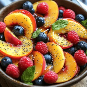- 3 ripe peaches, sliced - 1 cup strawberries, hulled and halved - 1 cup blueberries - 1 cup raspberries - 1 tablespoon honey - 2 tablespoons freshly squeezed lemon juice - 1 tablespoon fresh mint, chopped (plus extra for garnish) - 1 teaspoon chia seeds (optional for texture) - Pinch of sea salt - Large mixing bowl - Small bowl for dressing - Whisk To make this Peach Berry Fruit Salad, you will need fresh, ripe fruits. I love using peaches for their sweetness and juicy texture. Strawberries add a lovely tartness, while blueberries and raspberries bring vibrant colors and flavors. For the dressing, honey and lemon juice work perfectly to balance the sweetness of the fruit. Fresh mint adds a burst of freshness, and chia seeds give it a nice crunch, though they are optional. A pinch of sea salt enhances all the flavors. You will want a large mixing bowl to toss everything together and a small bowl for the dressing. A whisk helps blend the honey and lemon juice smoothly, ensuring a tasty coating for your fruit. For the complete recipe, check out the Full Recipe! To start, we need to prepare our fruits. First, grab your ripe peaches. Slice them into thin wedges. This helps them mix well with other fruits. Next, take your strawberries. Hull them by removing the green tops. Then, slice them in half. This makes them easier to eat. Finally, wash the blueberries and raspberries. Rinse them gently under cold water. Pat them dry with a paper towel. Now let’s make the dressing. In a small bowl, combine one tablespoon of honey and two tablespoons of freshly squeezed lemon juice. Whisk them together until smooth. This combines the sweet and tart flavors nicely. Next, add one tablespoon of chopped mint and a pinch of sea salt. The mint adds a fresh taste. Whisk again to blend everything well. It’s time to combine our fruits and dressing! In a large mixing bowl, add your sliced peaches, halved strawberries, blueberries, and raspberries. Drizzle the honey-lemon mixture over the fruits. Gently toss everything together. Make sure all the fruits are coated well. If you want, sprinkle one teaspoon of chia seeds on top. Fold them in gently for added texture. Let the salad sit for about ten minutes. This allows the flavors to meld together. Serve in individual bowls or on a large platter, garnished with extra mint leaves. For the full recipe, check the section above! To make a great Peach Berry Fruit Salad, choose the best fruits. Look for ripe peaches. You want them to feel soft but not too mushy. The skin should be smooth and fragrant. For berries, select ones that are bright and firm. Fresh strawberries should be red all over. Blueberries should have a nice bloom on them. Raspberries should be plump and intact, not squished. You can prep in advance for your salad. Slice the peaches and hull the strawberries a few hours before serving. Keep them in the fridge. This way, they stay fresh. Wash the blueberries and raspberries just before serving. Pre-cut fruits last well in a sealed container. Just remember, they won’t last as long once cut. When serving the salad, use a large bowl or individual cups. Clear glass bowls show off the bright colors. It makes the salad more inviting. For garnishing, add fresh mint leaves on top. You can also sprinkle some chia seeds for added crunch. This makes the dish look fancy and fun! For the full recipe, check out the Peach Berry Bliss Salad. {{image_2}} You can switch up the fruits in your Peach Berry Fruit Salad. Try using nectarines for a slightly different flavor. Plums add a sweet twist too. If you want a tropical vibe, mangoes work great. For seasonal variations, use apples in fall or citrus fruits in winter. These changes keep the salad fresh and exciting. To enhance the salad, add some citrus zest. A little lime or orange zest brightens the flavors. You can also mix in yogurt for creaminess. Greek yogurt gives a nice tang and extra protein. If you love crunch, sprinkle in some nuts. Almonds or walnuts pair perfectly with the fruits. If you need a vegan option, skip the honey. Use agave syrup or maple syrup instead. This keeps the sweetness without animal products. For gluten-free ideas, this salad is naturally gluten-free. You can enjoy it without worry. Just ensure any added yogurt or toppings are gluten-free too. [Full Recipe] You can store leftover Peach Berry Fruit Salad in the fridge. First, place it in an airtight container. This keeps the flavors fresh and the fruits crisp. I recommend using glass containers. They do not hold odors and are easy to clean. For longer storage, consider freezing the fruits. Slice peaches and wash berries before freezing. Spread them on a baking sheet to freeze individually. Once frozen, place them in a freezer bag. When you want to serve them, thaw the fruits in the fridge overnight. This keeps them soft and tasty, ready for a refreshing salad. This salad lasts about three days in the fridge. After that, the fruits may start to lose their texture. Look for signs of spoilage, like mushy fruit or off smells. If you see any of these signs, it's best to toss the salad. Enjoy your Peach Berry Fruit Salad while it's fresh! For the full recipe, check out the complete guide. You can prepare the salad up to a day in advance. Start by slicing the peaches and hulling the strawberries. Mix the berries in a bowl. Keep the dressing separate until you are ready to serve. This keeps the fruits fresh and crisp. Just before serving, drizzle the dressing over the fruit. Toss gently to mix. Yes, you can use frozen fruit. It may change the texture slightly. Frozen fruits work well if you thaw them first. Drain excess liquid before mixing them in. This helps keep the salad from becoming watery. Fresh fruits are better for texture, but frozen can be a great option. If you want a substitute for honey, try maple syrup or agave nectar. Both have a similar sweetness. You can also use a sugar substitute if you prefer. Just adjust the amount to taste. The key is to maintain a sweet balance with the lemon juice. Absolutely! Feel free to add your favorite fruits. Kiwi, pineapple, or mango would be tasty. Just remember to keep the balance of sweet and tart. Experiment with seasonal fruits for variety. This salad is very flexible and fun to customize. You can store the salad for about 1 to 2 days in the fridge. Keep it in an airtight container. The fruit may get soft over time, so eat it sooner for the best flavor. Freshness is key to enjoying this dish. To make the salad more filling, add some nuts or granola. Almonds or walnuts provide a nice crunch. You can also mix in some yogurt for creaminess. This adds protein and makes it a great breakfast or snack. Yes, this salad is perfect for kids! It’s colorful and sweet, making it fun to eat. You can involve them in the preparation. Kids love to help wash and mix fruits. It’s a great way to teach them about healthy eating. Pair this salad with grilled chicken or fish for a light meal. It also works great as a side dish at picnics. Serve it with yogurt or cottage cheese for breakfast. This salad adds a refreshing touch to any meal. To make it more festive, add a splash of sparkling water. This adds fizz and excitement. You can also use vibrant serving bowls to brighten the table. Fresh mint leaves make a fun garnish too! You can create a delicious Peach Berry Fruit Salad with fresh fruits and simple ingredients. We covered the best fruits to use, how to make the dressing, and tips for storage. Remember, you can switch fruits and add your favorite flavors. Enjoy this healthy dish anytime for a refreshing treat. Preparing in advance can save you time. You can share this recipe with friends who love fruit salads too!