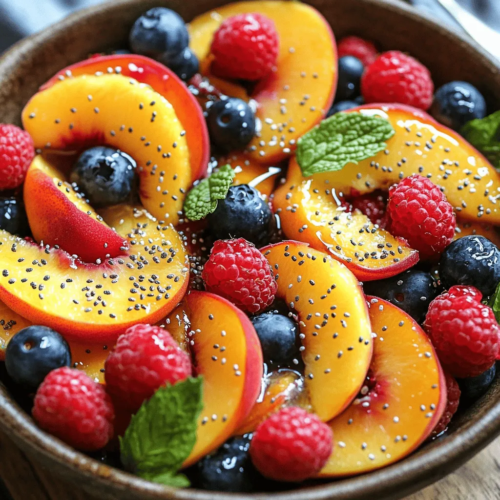 - 3 ripe peaches, sliced - 1 cup strawberries, hulled and halved - 1 cup blueberries - 1 cup raspberries - 1 tablespoon honey - 2 tablespoons freshly squeezed lemon juice - 1 tablespoon fresh mint, chopped (plus extra for garnish) - 1 teaspoon chia seeds (optional for texture) - Pinch of sea salt - Large mixing bowl - Small bowl for dressing - Whisk To make this Peach Berry Fruit Salad, you will need fresh, ripe fruits. I love using peaches for their sweetness and juicy texture. Strawberries add a lovely tartness, while blueberries and raspberries bring vibrant colors and flavors. For the dressing, honey and lemon juice work perfectly to balance the sweetness of the fruit. Fresh mint adds a burst of freshness, and chia seeds give it a nice crunch, though they are optional. A pinch of sea salt enhances all the flavors. You will want a large mixing bowl to toss everything together and a small bowl for the dressing. A whisk helps blend the honey and lemon juice smoothly, ensuring a tasty coating for your fruit. For the complete recipe, check out the Full Recipe! To start, we need to prepare our fruits. First, grab your ripe peaches. Slice them into thin wedges. This helps them mix well with other fruits. Next, take your strawberries. Hull them by removing the green tops. Then, slice them in half. This makes them easier to eat. Finally, wash the blueberries and raspberries. Rinse them gently under cold water. Pat them dry with a paper towel. Now let’s make the dressing. In a small bowl, combine one tablespoon of honey and two tablespoons of freshly squeezed lemon juice. Whisk them together until smooth. This combines the sweet and tart flavors nicely. Next, add one tablespoon of chopped mint and a pinch of sea salt. The mint adds a fresh taste. Whisk again to blend everything well. It’s time to combine our fruits and dressing! In a large mixing bowl, add your sliced peaches, halved strawberries, blueberries, and raspberries. Drizzle the honey-lemon mixture over the fruits. Gently toss everything together. Make sure all the fruits are coated well. If you want, sprinkle one teaspoon of chia seeds on top. Fold them in gently for added texture. Let the salad sit for about ten minutes. This allows the flavors to meld together. Serve in individual bowls or on a large platter, garnished with extra mint leaves. For the full recipe, check the section above! To make a great Peach Berry Fruit Salad, choose the best fruits. Look for ripe peaches. You want them to feel soft but not too mushy. The skin should be smooth and fragrant. For berries, select ones that are bright and firm. Fresh strawberries should be red all over. Blueberries should have a nice bloom on them. Raspberries should be plump and intact, not squished. You can prep in advance for your salad. Slice the peaches and hull the strawberries a few hours before serving. Keep them in the fridge. This way, they stay fresh. Wash the blueberries and raspberries just before serving. Pre-cut fruits last well in a sealed container. Just remember, they won’t last as long once cut. When serving the salad, use a large bowl or individual cups. Clear glass bowls show off the bright colors. It makes the salad more inviting. For garnishing, add fresh mint leaves on top. You can also sprinkle some chia seeds for added crunch. This makes the dish look fancy and fun! For the full recipe, check out the Peach Berry Bliss Salad. {{image_2}} You can switch up the fruits in your Peach Berry Fruit Salad. Try using nectarines for a slightly different flavor. Plums add a sweet twist too. If you want a tropical vibe, mangoes work great. For seasonal variations, use apples in fall or citrus fruits in winter. These changes keep the salad fresh and exciting. To enhance the salad, add some citrus zest. A little lime or orange zest brightens the flavors. You can also mix in yogurt for creaminess. Greek yogurt gives a nice tang and extra protein. If you love crunch, sprinkle in some nuts. Almonds or walnuts pair perfectly with the fruits. If you need a vegan option, skip the honey. Use agave syrup or maple syrup instead. This keeps the sweetness without animal products. For gluten-free ideas, this salad is naturally gluten-free. You can enjoy it without worry. Just ensure any added yogurt or toppings are gluten-free too. [Full Recipe] You can store leftover Peach Berry Fruit Salad in the fridge. First, place it in an airtight container. This keeps the flavors fresh and the fruits crisp. I recommend using glass containers. They do not hold odors and are easy to clean. For longer storage, consider freezing the fruits. Slice peaches and wash berries before freezing. Spread them on a baking sheet to freeze individually. Once frozen, place them in a freezer bag. When you want to serve them, thaw the fruits in the fridge overnight. This keeps them soft and tasty, ready for a refreshing salad. This salad lasts about three days in the fridge. After that, the fruits may start to lose their texture. Look for signs of spoilage, like mushy fruit or off smells. If you see any of these signs, it's best to toss the salad. Enjoy your Peach Berry Fruit Salad while it's fresh! For the full recipe, check out the complete guide. You can prepare the salad up to a day in advance. Start by slicing the peaches and hulling the strawberries. Mix the berries in a bowl. Keep the dressing separate until you are ready to serve. This keeps the fruits fresh and crisp. Just before serving, drizzle the dressing over the fruit. Toss gently to mix. Yes, you can use frozen fruit. It may change the texture slightly. Frozen fruits work well if you thaw them first. Drain excess liquid before mixing them in. This helps keep the salad from becoming watery. Fresh fruits are better for texture, but frozen can be a great option. If you want a substitute for honey, try maple syrup or agave nectar. Both have a similar sweetness. You can also use a sugar substitute if you prefer. Just adjust the amount to taste. The key is to maintain a sweet balance with the lemon juice. Absolutely! Feel free to add your favorite fruits. Kiwi, pineapple, or mango would be tasty. Just remember to keep the balance of sweet and tart. Experiment with seasonal fruits for variety. This salad is very flexible and fun to customize. You can store the salad for about 1 to 2 days in the fridge. Keep it in an airtight container. The fruit may get soft over time, so eat it sooner for the best flavor. Freshness is key to enjoying this dish. To make the salad more filling, add some nuts or granola. Almonds or walnuts provide a nice crunch. You can also mix in some yogurt for creaminess. This adds protein and makes it a great breakfast or snack. Yes, this salad is perfect for kids! It’s colorful and sweet, making it fun to eat. You can involve them in the preparation. Kids love to help wash and mix fruits. It’s a great way to teach them about healthy eating. Pair this salad with grilled chicken or fish for a light meal. It also works great as a side dish at picnics. Serve it with yogurt or cottage cheese for breakfast. This salad adds a refreshing touch to any meal. To make it more festive, add a splash of sparkling water. This adds fizz and excitement. You can also use vibrant serving bowls to brighten the table. Fresh mint leaves make a fun garnish too! You can create a delicious Peach Berry Fruit Salad with fresh fruits and simple ingredients. We covered the best fruits to use, how to make the dressing, and tips for storage. Remember, you can switch fruits and add your favorite flavors. Enjoy this healthy dish anytime for a refreshing treat. Preparing in advance can save you time. You can share this recipe with friends who love fruit salads too!