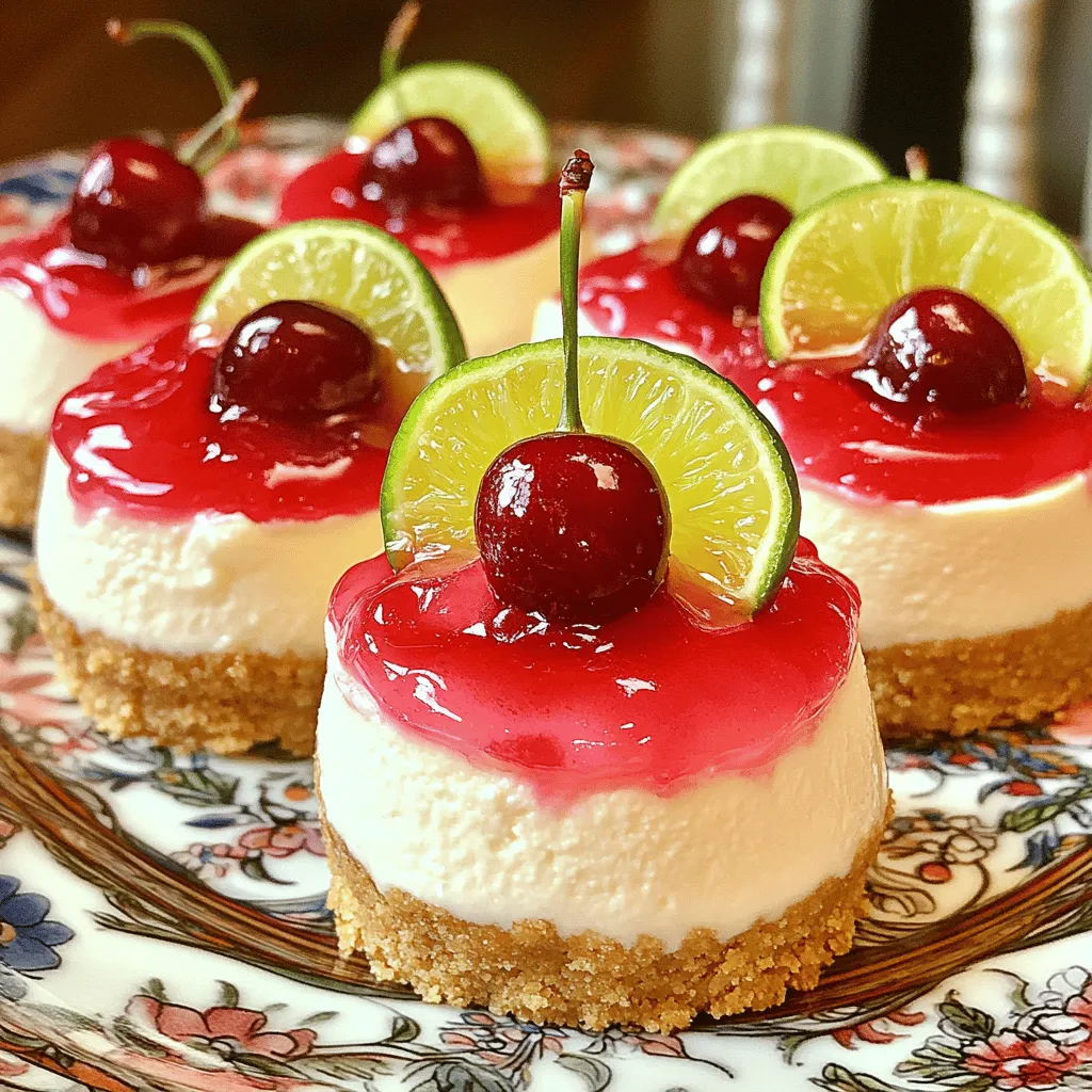 For these Cherry Lime Mini Cheesecakes, you will need: - 1 cup graham cracker crumbs - 1/4 cup unsalted butter, melted - 2 cups cream cheese, softened - 1/2 cup granulated sugar - 1/2 cup sour cream - 2 large eggs - Zest of 2 limes - 1/4 cup fresh lime juice - 1 cup cherry pie filling These ingredients create a balanced flavor. The lime gives a bright taste, while the cherry topping adds sweetness. If you lack an ingredient, here are some great swaps: - For graham cracker crumbs, use crushed vanilla cookies. - Swap unsalted butter for coconut oil for a dairy-free option. - If you don’t have cream cheese, try mascarpone cheese instead. - For sour cream, Greek yogurt works well. - Use key lime juice if you want a stronger lime flavor. These swaps can change the taste slightly, but they’ll still be tasty! Choosing the right ingredients makes a big difference. Here’s what to look for: - Use fresh limes for zest and juice. They give the best flavor. - Look for full-fat cream cheese for a richer texture. - Buy high-quality cherry pie filling for a nice topping. - Check the expiration date on dairy products to ensure freshness. Quality ingredients lead to better cheesecakes. You’ll taste the difference in every bite! To start, gather all your ingredients. You’ll need graham cracker crumbs, butter, cream cheese, sugar, sour cream, eggs, lime zest, lime juice, and cherry pie filling. Preheat your oven to 325°F (160°C). This step is important for even baking. Line a muffin tin with cupcake liners or grease it with non-stick spray. This will help your cheesecakes come out easily. In a medium bowl, mix the graham cracker crumbs and melted butter. Stir until the crumbs are moist. Next, press about 1 tablespoon of this mixture into each muffin cup. This forms a crunchy crust. In a large bowl, beat the cream cheese until it’s smooth. Then, slowly add the sugar while mixing. This makes your filling sweet and creamy. Mix in the sour cream, lime zest, and lime juice. Make sure everything is well combined. Add the eggs one at a time. Mix well after each egg until the batter is smooth. Pour the cheesecake batter over the crusts, filling each cup about 3/4 full. Bake for 18-20 minutes. The centers should be set but still slightly jiggly. After baking, remove the cheesecakes from the oven. Let them cool to room temperature. Then, refrigerate them for at least 4 hours or overnight. This chilling time helps them firm up. Before serving, top each cheesecake with a spoonful of cherry pie filling. For extra flair, garnish with a slice of lime and some fresh cherries. These small touches make your mini cheesecakes look even more delightful. For the full recipe, check out the detailed instructions above. When making Cherry Lime Mini Cheesecakes, it’s easy to make a few common mistakes. First, don't skip softening the cream cheese. Cold cream cheese leads to lumps. Second, avoid overmixing. Too much mixing can add air and cause cracks. Lastly, don’t bake them too long. They should be set but still a little jiggly in the center. To get the best texture, mix your ingredients at room temperature. This helps them blend smoothly. When adding eggs, mix just until combined. Overmixing can make the texture dense. Bake at the right temperature, and let them cool gradually. Rapid cooling can create cracks in the cheesecake. For a beautiful presentation, top each mini cheesecake with cherry pie filling. Add a slice of lime on top for color. You can also place a few fresh cherries around the plate. Serve these on a nice platter. It makes them look fancy and fun. For the best effect, keep them chilled until you are ready to serve. Check the Full Recipe for all the details! {{image_2}} You can change the toppings on your mini cheesecakes. Instead of cherry pie filling, try fresh berries. Strawberries, blueberries, or raspberries add great color and flavor. You can also use whipped cream for a light touch. A drizzle of chocolate or caramel sauce makes it extra special. Experiment with different fruits for a fun twist. Feel free to mix up the flavors in your mini cheesecakes. You can swap lime juice for lemon or orange juice. This small change will give a new taste. Adding a few drops of vanilla extract can enhance the flavor. For a richer bite, fold in some chocolate chips or crushed cookies into the batter. The options are endless! If you need gluten-free options, use gluten-free graham crackers for the crust. You can also make a nut crust with almonds or walnuts. For a dairy-free version, try vegan cream cheese and coconut yogurt. They work well and taste great. Always check labels to ensure all ingredients meet your dietary needs. Enjoy these cheesecakes without worry! You can find the full recipe and make your own Cherry Lime Mini Cheesecakes. To keep your Cherry Lime Mini Cheesecakes fresh, store them in the fridge. Use an airtight container to prevent them from drying out. Place parchment paper between layers to avoid sticking. If you have leftovers, make sure to cover them well to keep them tasty. These mini cheesecakes last about five days in the fridge. You can freeze them for up to three months. To freeze, wrap each cheesecake in plastic wrap. Then, place them in a freezer-safe bag or container. When you want to enjoy one, just thaw it in the fridge overnight. You don’t need to reheat these cheesecakes. They taste best cold. If you want to serve them at room temperature, take them out of the fridge for about 30 minutes before serving. This will bring out the flavors without losing that creamy texture. For the full recipe, check out the details above. Yes, you can make these cherry lime mini cheesecakes ahead of time. I often prepare them a day before serving. This method allows the flavors to blend well. After baking, let them cool and chill in the fridge. They taste even better after sitting overnight. To prevent cracks, avoid overmixing the batter. Mix just until smooth. Also, make sure your cream cheese is soft. This helps create a creamy texture. Bake at a lower temperature, and don’t open the oven door while baking. A water bath can help, too. It keeps the heat even and moist. If you want a change, use fresh or frozen cherries. Cook them down with sugar and a bit of lime juice. You can also try blueberry or strawberry fillings. For a fun twist, use chocolate sauce or caramel. The options are endless! For the complete recipe, check out [Full Recipe]. This post covered how to make mini cheesecakes with ease. We explored ingredients, step-by-step instructions, and helpful tips. You learned about common mistakes to avoid and how to achieve the best texture. We shared fun variations, toppings, and storage tips for your treats. Remember, practice makes perfect. Each cheesecake is a chance to improve your skills. With these tips, you can create delicious mini cheesecakes that impress and delight. Enjoy your baking journey!