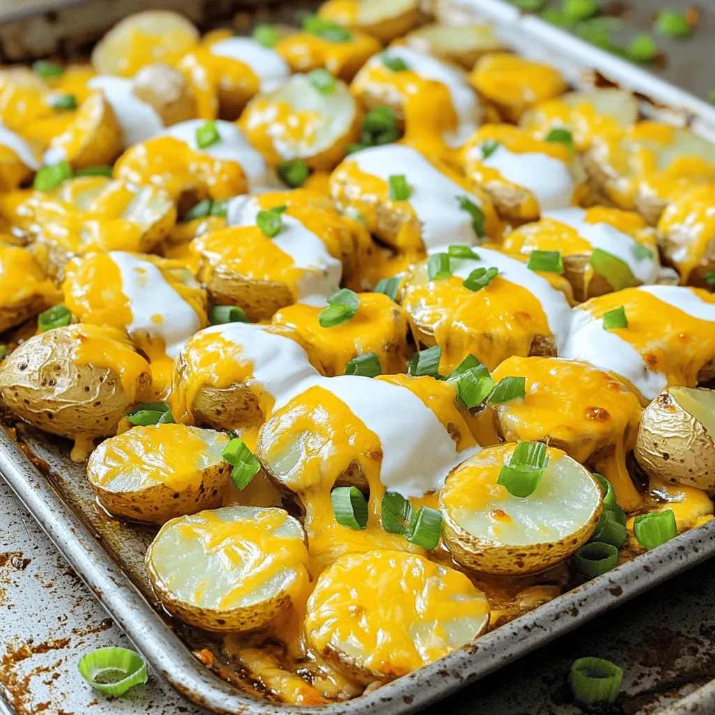 - 2 lbs baby potatoes, halved - 1 packet ranch seasoning mix - 3 tablespoons olive oil - 1 teaspoon garlic powder - 1/2 teaspoon paprika - 1 cup shredded cheddar cheese - 1/2 cup sour cream - 1/4 cup green onions, chopped - Salt and pepper to taste To make One-Pan Cheesy Ranch Potatoes, you need simple and fresh ingredients. First, grab some baby potatoes. These little gems cook quickly and taste amazing. You’ll also need a packet of ranch seasoning mix. This brings all the flavors together. Next, you need olive oil. It helps the potatoes crisp up nicely. Garlic powder adds a punch of flavor. Paprika gives a subtle smokiness. Cheddar cheese is a must for that gooey topping. Sour cream adds creaminess and tang. Finally, chopped green onions give a fresh kick. Don’t forget salt and pepper to taste; they enhance all the flavors. - Large mixing bowl - Baking sheet - Oven thermometer - Spatula or wooden spoon You will need a few tools for this dish. A large mixing bowl is perfect for combining the ingredients. A baking sheet helps spread out the potatoes for even cooking. An oven thermometer ensures your oven is at the right temperature for baking. Finally, a spatula or wooden spoon will help you mix everything well. With these simple ingredients and tools, you're ready to create a delicious, cheesy dish that the whole family will love. For the full recipe, check out the details in the section above. First, you must preheat the oven to 425°F (220°C). This step is key for getting crispy potatoes. Next, take a large mixing bowl. In this bowl, combine 2 lbs of halved baby potatoes, 3 tablespoons of olive oil, 1 packet of ranch seasoning mix, 1 teaspoon of garlic powder, and 1/2 teaspoon of paprika. Don’t forget to add salt and pepper to taste! Toss everything well. This ensures each potato gets a good coat of flavor. Now, spread the seasoned potatoes evenly on a large baking sheet. This helps them cook evenly. Bake the potatoes for 25-30 minutes. Halfway through, stir the potatoes for even cooking. You want them to be golden and tender, so check for that perfect texture. Once the potatoes are golden, take them out of the oven. Sprinkle 1 cup of shredded cheddar cheese over the hot potatoes. This is when the magic happens! Return the baking sheet to the oven for an extra 5 minutes. This time lets the cheese melt and get bubbly. When done, drizzle 1/2 cup of sour cream over the cheesy potatoes. Lastly, add 1/4 cup of chopped green onions for a fresh touch. You can find the complete guide in the Full Recipe section. To get the best texture, focus on cooking time. I recommend baking the potatoes for 25-30 minutes. This gives them a nice golden color and makes them tender. Keep in mind that you should stir them halfway through. This helps them cook evenly, so each bite has that delicious crunch. Enhancing flavor is simple. You can add spices like onion powder or cayenne for a kick. If you want fresh herbs, consider parsley or cilantro. They add a nice touch and brighten up the dish. Don’t shy away from experimenting. Each spice brings out new layers in the flavor. When serving, think about the look. You can serve the potatoes directly from the baking sheet for a rustic feel. This keeps things casual and fun. If you want a more polished look, transfer them to a serving dish. Sprinkle extra green onions on top for color and freshness. This little touch makes a big difference in how the dish feels. For the full recipe, check out the detailed instructions to make these tasty potatoes. {{image_2}} You can change things up with different seasonings. Instead of ranch mix, try Italian herbs or taco seasoning. These blends add unique flavors. You can also mix in spices like chili powder for a kick. For cheese, cheddar is great, but don’t stop there. Use mozzarella for a stretchy melt or pepper jack for a spicy twist. You might even like cream cheese for a rich touch. If you need gluten-free options, check your ranch mix. Many brands are gluten-free. You can also make your own mix with herbs and spices. This way, you control every ingredient. For a vegan version, swap the cheese for a plant-based option. Nutritional yeast gives a cheesy flavor. Use coconut yogurt or cashew cream instead of sour cream. These swaps keep the dish creamy and tasty. To make this dish even better, serve it with fresh veggies. A simple side salad pairs well. You could also add grilled chicken or steak for protein. This makes the meal more filling. Think about different occasions too. One-pan cheesy ranch potatoes fit well at barbecues, potlucks, or family dinners. They’re easy to share and always a hit. You can even serve them for brunch with eggs. The options are endless! To store your One-Pan Cheesy Ranch Potatoes, let them cool down first. Place any leftovers in an airtight container. They will stay fresh for about 3 to 5 days in the fridge. If you want to keep them longer, consider freezing them. The best way to reheat these potatoes is in the oven. Set your oven to 350°F (175°C). Spread the potatoes on a baking sheet. Heat for about 10 to 15 minutes. This method helps keep the potatoes crispy. You can also use an air fryer for a quick heat-up. Yes, you can freeze this dish! After cooling, place the potatoes in a freezer-safe container. They will last for about 2 to 3 months in the freezer. To thaw, move them to the fridge overnight. When ready, follow the reheating instructions above to enjoy them again. Yes, you can make One-Pan Cheesy Ranch Potatoes ahead of time. To prepare in advance, follow these tips: - Cook the potatoes as instructed and let them cool completely. - Store the cooled potatoes in an airtight container in the fridge for up to 2 days. - When ready to serve, reheat them in the oven at 350°F (175°C) until warm. - Add cheese and sour cream during the last few minutes of reheating. This way, you save time and still enjoy a tasty dish! If you want to swap ranch seasoning, you can make your own. Here’s a simple homemade ranch seasoning recipe: - 1 tablespoon dried parsley - 1 teaspoon garlic powder - 1 teaspoon onion powder - 1 teaspoon dill weed - 1/2 teaspoon salt - 1/2 teaspoon black pepper Mix them well and use this blend instead of store-bought ranch seasoning. It’s fresh and full of flavor! To add some heat to One-Pan Cheesy Ranch Potatoes, try these ideas: - Mix in some cayenne pepper or crushed red pepper flakes with the seasonings. - Add sliced jalapeños before baking for a spicy kick. - Top the finished dish with hot sauce or sriracha for extra flavor. These options will make your dish delightful and fiery! In this blog post, we explored how to make One-Pan Cheesy Ranch Potatoes. We covered the essential ingredients, equipment, and the step-by-step process to prepare and bake them. You now have tips for perfect texture and flavor enhancements, plus variations for diets and serving suggestions. Remember, cooking can be easy and fun. Use this recipe to impress friends and family. Enjoy your delicious dish, and feel free to experiment with flavors!