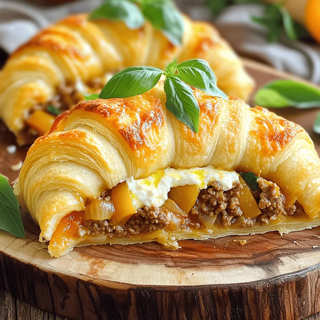 - 1 can refrigerated crescent roll dough - 1 pound ground beef (or turkey) - 1 small onion, chopped - 2 cloves garlic, minced - 1 bell pepper, chopped - 1 can (15 oz) marinara sauce - 1 teaspoon Italian seasoning - 1 cup ricotta cheese - 2 cups shredded mozzarella cheese - Salt and pepper to taste - Fresh basil for garnish The ingredients for Italian Crescent Casserole are simple yet full of flavor. Each item plays a role in creating a dish that comforts and delights. I love using fresh ingredients whenever possible. They add brightness to the final dish. The crescent roll dough forms a light, flaky crust. It holds all the tasty fillings inside. The ground beef provides a hearty base. You can also use turkey if you prefer a leaner option. The chopped onion and garlic give a sweet and savory kick. Bell peppers add color and a slight crunch. Marinara sauce brings everything together with its rich flavor. Italian seasoning enhances the dish with its blend of herbs. Ricotta cheese adds creaminess, while mozzarella melts beautifully, creating a gooey top layer. - Additional vegetables (e.g., mushrooms, spinach) - Different cheeses (e.g., parmesan, provolone) - Spices and herbs (e.g., oregano, red pepper flakes) Customization makes this casserole even more fun. You can mix in other veggies like mushrooms or spinach for more nutrients. Different cheeses can change the flavor profile. For a sharper taste, try adding parmesan. If you like a bit of heat, sprinkle in red pepper flakes. Oregano is another great herb to add. It pairs well with the Italian theme of the dish. Feel free to experiment and make this recipe your own! For the full recipe, check out [Full Recipe]. - Preheat oven to 375°F (190°C). - Cook ground beef, onion, and garlic in skillet. First, I start by preheating my oven. This step is key to getting the best results when baking. While the oven heats, I grab a large skillet. I add the ground beef, chopped onion, and minced garlic. I cook this mix over medium heat. The meat should brown, and the onion will get soft. This process takes about 5 to 7 minutes. If there is extra fat, I drain it off. Next, I add chopped bell pepper to the skillet. I sauté this for about 3 to 4 minutes. Then, I stir in marinara sauce and Italian seasoning. I let it simmer for 5 minutes. Lastly, I season it with salt and pepper to taste. - Roll out crescent dough and press seams together. - Layer beef mixture and cheese mixture. Now it’s time to assemble the casserole. I take my can of crescent roll dough and roll it out. I press the seams together to form one big sheet. I make sure to lay it in a greased 9x13 inch baking dish. The edges should hang over the sides. Next, I spread the beef mixture evenly over the dough. After that, I mix ricotta cheese with half of the mozzarella cheese in a bowl. I dollop this cheese mix on top of the beef layer, ensuring it's spread out nicely. - Fold dough over filling and top with mozzarella. - Bake and cool before serving. To finish, I fold the overhanging dough over the filling. This seals the top nicely. I then sprinkle the remaining mozzarella cheese over everything. Now, I place the dish in my preheated oven. I bake it for about 20 to 25 minutes. I look for a golden brown crust and bubbly cheese as signs that it's done. Once it’s out, I let it cool for a few minutes before slicing. I love to garnish with fresh basil for that final touch. You can find the full recipe to help you through each step. To get a golden crust on the dough, watch the baking time closely. You want that dough to puff up and turn golden. Bake at 375°F for 20-25 minutes. If your oven runs hot, check it at 18 minutes. You can cover it with foil if it browns too fast. For an appealing look, cut the casserole into squares and place them on a nice platter. Garnish with fresh basil leaves. A drizzle of olive oil adds a touch of elegance. Serve it with a side salad or garlic bread for a complete meal. One common mistake is overcooking or undercooking the dough. Check it during baking to avoid this. Another mistake is skipping key seasonings. Use the Italian seasoning and salt. These make a big difference in flavor. You want every bite to burst with taste! {{image_2}} For a tasty vegetarian twist, swap ground beef with plant-based options. You can use lentils, chickpeas, or meat substitutes. These options provide a hearty base. Add hearty vegetables for texture and flavor. Consider mushrooms, zucchini, or spinach. These veggies not only boost nutrition but also taste great. Mix them into the marinara sauce for a burst of flavor. If you need a gluten-free dish, look for gluten-free crescent dough. Many brands offer this option, making it easy to enjoy. Just check the label for gluten-free assurance. To enhance flavor without gluten, focus on fresh herbs and spices. Use basil, oregano, or even a pinch of red pepper flakes. These ingredients add depth and keep your dish lively. Want to change things up? Try a Mexican-inspired version with taco seasoning. Just stir it into the beef mixture for a zesty kick. Top it with salsa and avocado for extra flair. You can also give it a Mediterranean twist. Use feta cheese and olives in place of traditional cheese. This version offers a unique taste, pairing well with a side salad. Enjoy the blend of flavors that transports you straight to Italy! To store your Italian Crescent Casserole, let it cool down first. Once it's cool, cover it tightly with plastic wrap or aluminum foil. This keeps it fresh and prevents drying out. You can store leftovers in the fridge for up to three days. Make sure to label the container with the date so you know when to enjoy it again. Freezing the casserole is a great way to save it for later. Cut it into portions and place them in airtight containers or freezer bags. Remove as much air as possible to prevent freezer burn. You can freeze it for up to three months. When you’re ready to enjoy it, thaw it in the fridge overnight. For reheating, I recommend using an oven for the best results. Preheat your oven to 350°F (175°C) and place the casserole in a covered dish. This helps it heat evenly. Bake for about 20 minutes or until hot. If you're in a hurry, you can use a microwave. Just be sure to heat it in short intervals, checking often to avoid drying it out. You can use cottage cheese, cream cheese, or mascarpone. Each option gives a unique taste. Cottage cheese has a similar texture but is lower in fat. Cream cheese offers a richer flavor but is thicker. Mascarpone is creamy and sweet, great for a different twist. Yes, you can prepare the casserole in advance. Cook the beef and mix the cheeses. Layer them in the dish, but do not bake it yet. Cover the dish tightly with plastic wrap. You can store it in the fridge for up to 24 hours. When ready, just bake it as directed. To add heat, you can mix in red pepper flakes. You can also use spicy sausage instead of ground beef. Sauté some jalapeños or use a hot marinara sauce for extra kick. Each option will bring a new layer of flavor. Absolutely! You can swap ground beef for turkey or chicken. For a vegetarian option, try lentils or black beans. Both alternatives work well and keep the dish hearty. Feel free to experiment with plant-based proteins for a new flavor. This blog post covers a tasty casserole recipe step by step. You learned about the key ingredients and how to prepare them. Customization options let you add your favorite flavors or make it vegetarian. Remember the tips on cooking and storage for the best results. This dish is easy to make and great for sharing. Enjoy your cooking journey, and feel free to experiment with flavors. You’ll impress family and friends with this delicious meal. Grab your ingredients and start creating!