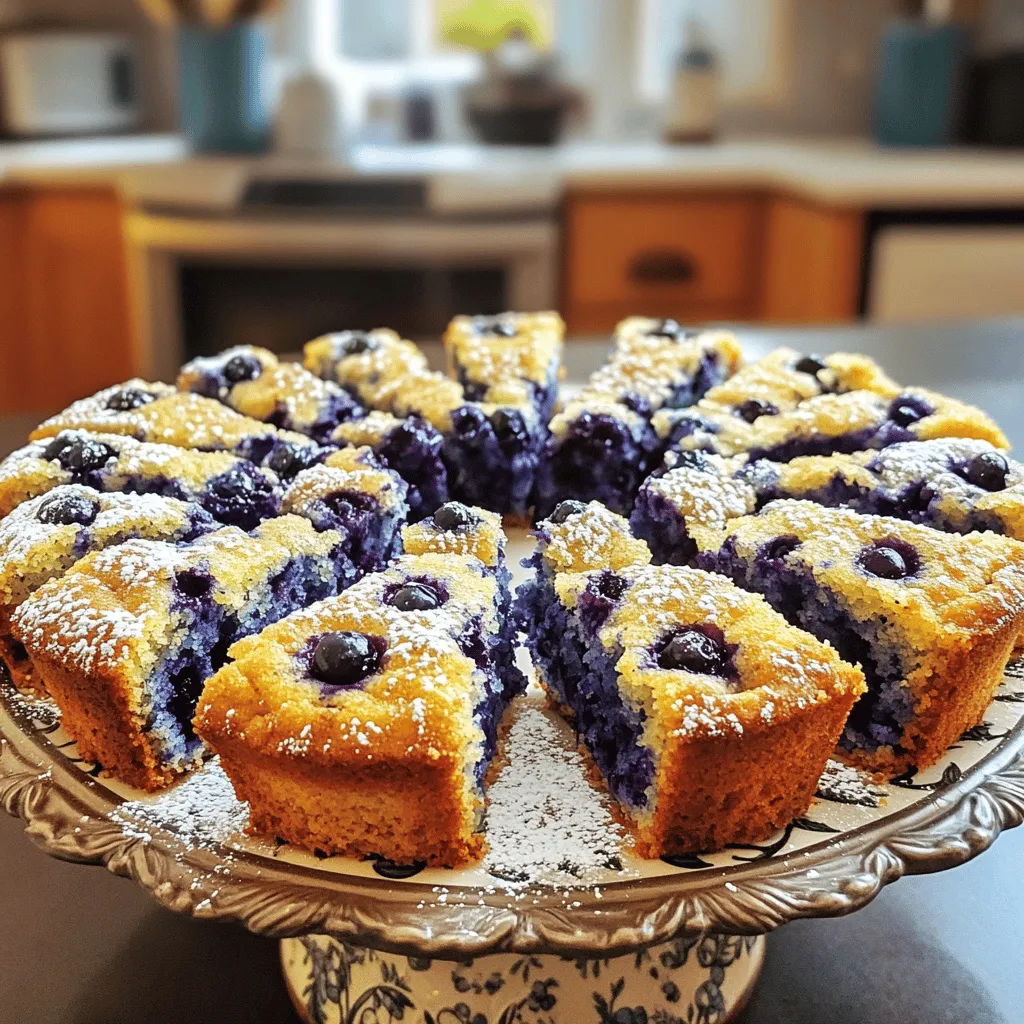 To make the perfect blueberry muffin cake, gather these ingredients: - 2 cups all-purpose flour - 1 cup granulated sugar - 1 tablespoon baking powder - 1/2 teaspoon salt - 1/2 cup unsalted butter, melted - 1 cup milk - 2 large eggs - 1 teaspoon vanilla extract - 2 cups fresh blueberries (or frozen, if available) - 1 teaspoon lemon zest - 1/2 teaspoon cinnamon - 1/4 cup coarse sugar for topping Using high-quality ingredients makes a big difference. Choose fresh blueberries for the best flavor. If you can’t find fresh, frozen blueberries work well. Make sure your baking powder is fresh; it helps the cake rise. Use unsalted butter for better control over salt levels. Always measure your flour correctly; too much can make the cake dense. If you need to make swaps, here are some ideas: - Flour: Use whole wheat flour for a healthier option. - Sugar: Coconut sugar or honey can replace granulated sugar. - Milk: Almond milk or oat milk works if you're dairy-free. - Eggs: For a vegan option, try flax eggs or unsweetened applesauce. - Blueberries: Try raspberries or chopped strawberries for a twist. Feel free to explore these substitutions based on what you have. You can find more details in the Full Recipe. Start by preheating your oven to 350°F (175°C). This step is key for even baking. Next, take a 9x13 inch baking pan. You can grease it with butter or line it with parchment paper. Both methods help the cake come out easily. In a large bowl, mix together the dry ingredients. Combine 2 cups of all-purpose flour, 1 cup of granulated sugar, 1 tablespoon of baking powder, 1/2 teaspoon of salt, and 1/2 teaspoon of cinnamon. Stir these until they blend well. In another bowl, whisk together the wet ingredients. Mix 1/2 cup of melted butter, 1 cup of milk, 2 large eggs, 1 teaspoon of vanilla extract, and the zest of 1 lemon. Combine these until smooth. Now, pour the wet mix into the dry mix. Stir gently until just combined. It’s fine if you see some lumps; don’t overmix! Next, fold in 2 cups of fresh blueberries. If you use frozen ones, they can be a bit softer but still tasty. Ensure the blueberries are evenly spread throughout the batter. Pour the batter into your prepared pan. Smooth the top with a spatula. Sprinkle 1/4 cup of coarse sugar on top. This gives a nice crunch. Bake for 40-45 minutes. Check if it’s done by inserting a toothpick into the center. If it comes out clean, it’s ready! Let the cake cool in the pan for 10 minutes. Then transfer it to a wire rack to cool fully. Enjoy the adventure in creating this blueberry muffin cake! For the complete recipe, check the Full Recipe section. To get that soft and moist texture, follow these simple tips: - Use room temperature ingredients. This helps the batter mix better. - Do not overmix. Stir just until the dry and wet ingredients combine. Some lumps are okay. - Add blueberries last. Gently fold them in to avoid breaking. This keeps the cake fluffy. Here are some mistakes that can ruin your cake: - Skipping the baking powder. This is key for a good rise. - Using cold ingredients. Cold butter or eggs can lead to dense cake. - Overbaking. Check your cake a few minutes early. A toothpick should come out clean but not dry. Want to make your cake even more delicious? Try these ideas: - Add zest. Lemon or orange zest brightens the flavor. - Sprinkle spices. A hint of nutmeg or ginger adds warmth. - Mix in nuts. Chopped walnuts or almonds give a nice crunch. These tips will elevate your blueberry muffin cake. For the complete recipe, check the [Full Recipe]. {{image_2}} You can make a gluten-free version of this muffin cake. Use a gluten-free flour blend. Many blends work well in baking. Just replace all-purpose flour with the blend in equal parts. This swap keeps the cake moist and tasty. Adding nuts can give your cake a nice crunch. Chopped walnuts or pecans work great. You can also add spices for extra flavor. Consider a pinch of nutmeg or more cinnamon. These additions can create a unique twist on the classic recipe. Blueberries are delicious, but other fruits can shine too. Try using raspberries, strawberries, or even peaches. Just make sure the fruit is ripe for the best taste. Each fruit will change the flavor, making the cake your own. To keep your blueberry muffin cake fresh, store it in an airtight container. This method helps retain moisture. Place it at room temperature for up to three days. If you want to keep it longer, refrigerate it. Just remember, refrigeration can change the cake's texture. You can freeze blueberry muffin cake for up to three months. First, let the cake cool completely. Then, wrap it tightly in plastic wrap. After that, place it in a freezer-safe bag or container. When ready to enjoy, remove it from the freezer and let it thaw in the fridge overnight. Reheat slices of blueberry muffin cake in a microwave for 15-20 seconds. This warms it up nicely without drying it out. If you prefer a crispy top, heat it in the oven at 350°F (175°C) for about 10 minutes. Enjoy your warm slice with a cup of coffee or tea! You can check if the cake is done by using a toothpick. Insert it into the center of the cake. If it comes out clean, the cake is ready. The edges may also look golden brown, and the top will spring back when you touch it lightly. Yes, you can use frozen blueberries in this recipe. They work well and save time. Just make sure to add them straight from the freezer. Do not thaw them first, as this keeps the batter from turning blue. They may sink a bit more, but they will still taste great. This cake is delicious on its own, but you can serve it with a few extras. Here are some ideas: - A dollop of whipped cream - A scoop of vanilla ice cream - A drizzle of fresh lemon glaze - A sprinkle of powdered sugar on top Yes, you can adjust this recipe easily. To make a smaller cake, halve the ingredients. Use a smaller baking dish, like an 8x8 inch pan. For a larger cake, double the ingredients and use a bigger pan, like a 9x13 inch pan. Just remember to adjust the baking time as needed. For the full recipe, check the detailed instructions above. This blueberry muffin cake is a joy to bake. It takes about 40 to 45 minutes in the oven. You’ll want to check with a toothpick; it should come out clean when ready. This recipe serves 12 people, making it perfect for a family treat or a gathering with friends. For more detailed steps, check the [Full Recipe](#). You’ll find everything you need to create this delicious dessert! This blog post covered all you need for blueberry muffin cake. We examined key ingredients, quality tips, and options for substitutes. I provided step-by-step baking instructions, along with common mistakes to avoid. We explored tasty variations and safe storage methods. Lastly, we answered common questions about baking times and serving suggestions. Enjoy your baking and feel free to make it your own. Happy cooking!