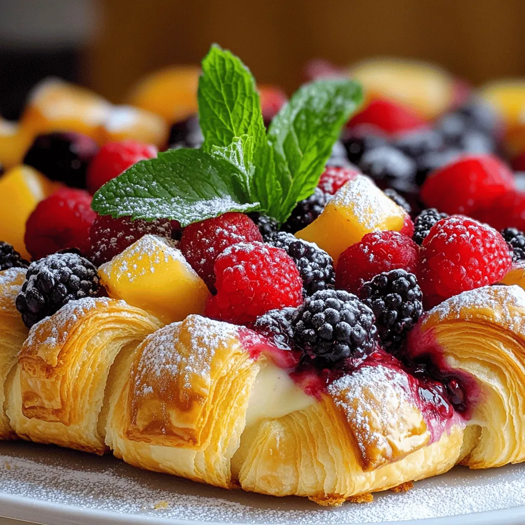 - 4 large croissants, torn into pieces - 2 cups mixed berries (strawberries, blueberries, raspberries) - 3 large eggs - 1 cup milk - 1/2 cup heavy cream - 1/4 cup maple syrup - 1 teaspoon vanilla extract - 1 teaspoon cinnamon - Powdered sugar, for dusting - Fresh mint leaves, for garnish For this berry croissant bake, you need fresh, flavorful ingredients. The croissants add a soft, buttery base. Mixed berries bring sweetness and color. You will also need eggs, milk, and heavy cream to create a rich custard. Maple syrup adds natural sweetness, while vanilla and cinnamon enhance the flavor. Finally, powdered sugar and mint leaves provide a lovely touch when serving. If you can't find croissants, you can use brioche or challah. Both will work well in this recipe. For the berries, feel free to mix your favorites. Blackberries and peaches are great options. If you need a non-dairy choice, use almond or oat milk instead of regular milk. There are many ways to make this dish fit your needs. First, preheat your oven to 350°F (175°C). While the oven warms up, grease a 9x13 inch baking dish with butter or cooking spray. This step helps prevent sticking. Next, take your torn croissant pieces and place them in a large bowl. Add 2 cups of mixed berries to the bowl, which can include strawberries, blueberries, and raspberries. Gently fold the croissants and berries together. This combines the flavors and textures. Once mixed, pour the mixture into your prepared baking dish. In a separate bowl, crack 3 large eggs. Add 1 cup of milk and 1/2 cup of heavy cream. Then, pour in 1/4 cup of maple syrup, 1 teaspoon of vanilla extract, and 1 teaspoon of cinnamon. Use a whisk to blend these ingredients well. The egg mixture should be smooth and creamy. This mixture will soak the croissants, creating a rich flavor. Now, pour the egg mixture evenly over the croissant and berry mixture in the baking dish. Make sure every piece is soaked. Gently press down on the croissants to help them absorb the liquid. Let the mixture rest for about 10 minutes. This waiting period allows the croissants to soak up more moisture. Place the dish in the preheated oven and bake for 30-35 minutes. You’ll know it’s done when the top is golden brown and a knife inserted in the center comes out clean. Once baked, take it out and let it cool for 5-10 minutes. Dust with powdered sugar and garnish with fresh mint leaves before serving. Enjoy your delicious Berry Croissant Bake! To check for doneness, look for a golden top. Stick a knife in the center. If it comes out clean, your bake is ready. If it is gooey, give it a few more minutes. A custard-like center is key. You want it to be soft but not runny. Letting it rest after baking helps set the inside. Spices and extracts boost flavor. Try adding a pinch of nutmeg or cardamom. They add warmth and depth. A splash of almond extract can also elevate your dish. For toppings, powdered sugar is a classic choice. You can also drizzle warm maple syrup or honey for extra sweetness. Fresh whipped cream or yogurt works well too. Serve your Berry Croissant Bake warm. A scoop of vanilla ice cream makes it special. Pair it with a side of fresh fruit for color. For a beautiful presentation, dust with powdered sugar. Add mint leaves for a pop of green. The contrast makes your dish look stunning and inviting. {{image_2}} If you want a nut-free and dairy-free version, it's easy! For heavy cream, use coconut cream. It adds a nice flavor. You can replace milk with almond or oat milk. Both options work well and keep the dish creamy. Just ensure you pick unsweetened versions so the taste stays balanced. Using seasonal fruits can make your dish even better. In spring, try fresh strawberries or cherries. In summer, use blueberries or raspberries. Fall brings great options too, like apples or pears. Each fruit adds a unique taste. Mixing different berries also adds color and fun. You can even try frozen berries if fresh ones aren't available. For a little twist, think about adding chocolate or nuts. Chopped dark chocolate makes everything rich and sweet. You can sprinkle chocolate chips on top before baking. If you prefer nuts, add chopped pecans or walnuts. They add crunch and taste. Adjust these flavors based on what you like best! This Berry Croissant Bake is versatile. You can adapt it with these variations and enjoy new flavors every time. For the full recipe, check out the previous section. To keep your Berry Croissant Bake fresh, store it in the fridge. Place leftovers in an airtight container. This helps prevent drying out. Use a container that fits snugly to keep the moisture in. It is best to eat it within three days. Reheating it in the oven or microwave warms it well. If you want to save some for later, freezing works great. Cut the bake into individual pieces before freezing. Wrap each piece in plastic wrap and then place them in a freezer bag. Remove as much air as you can. This keeps the flavor and texture better. To reheat, thaw overnight in the fridge. Then, warm it in the oven at 350°F (175°C) until heated through. Berry Croissant Bake stays fresh for a few days in the fridge. It lasts about 3 days when stored properly. In the freezer, it can stay good for up to three months. Make sure to check for any freezer burn before using. When reheated, it should smell sweet and taste delicious. Yes, you can make this bake ahead of time. To prepare it in advance, follow these tips: - Assemble the croissant and berry mix in the baking dish. - Whisk the egg mixture and store it separately. - Cover both dishes and keep them in the fridge overnight. - In the morning, pour the egg mixture over the croissants. - Let it sit for 10 minutes, then bake as directed. You can tell when the bake is done by looking and feeling it. Here are some signs: - The top should be golden brown. - The edges will be lightly crisp. - Insert a knife in the center; it should come out clean. - The custard should be set, not runny. Yes, day-old croissants are great for this recipe. Here are some benefits: - They absorb the egg mixture better. - Stale croissants add texture and flavor. - You reduce food waste by using them. Using day-old croissants makes your bake taste even better! This blog post takes you through making a delicious berry croissant bake. We covered ingredients, step-by-step instructions, tips, variations, and storage info. With simple swaps and storage tips, anyone can enjoy this delightful dish. Remember, cooking is about fun and creativity. Don't hesitate to try new flavors or methods. Enjoy your berry croissant bake, and share it with friends or family for a treat!