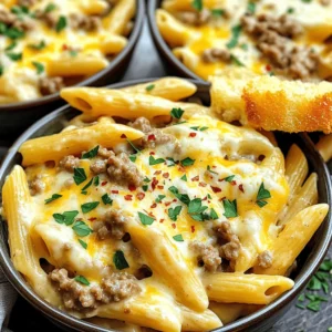 - 12 oz penne pasta - 1 lb ground beef - 4 tablespoons unsalted butter - 4 cloves garlic, minced - 1 teaspoon red pepper flakes (optional) - 1 cup heavy cream - 1 ½ cups shredded mozzarella cheese - ½ cup grated Parmesan cheese - Salt and pepper to taste - ½ cup fresh parsley, chopped (for garnish) For this cheesy penne with garlic butter beef, you need fresh ingredients. Start with penne pasta, which cooks perfectly and holds sauce well. Ground beef gives the dish a hearty base. Use unsalted butter for a rich flavor, and don't forget the garlic—it adds a wonderful aroma and taste. The heavy cream makes the sauce creamy, while mozzarella and Parmesan add that cheesy goodness. Season with salt and pepper to enhance all the flavors. Finally, fresh parsley not only adds color but also a nice fresh taste. This dish is easy to make and comes together quickly. I recommend gathering all your ingredients before you start cooking. This makes the process smooth and fun. For the full recipe, check out the detailed instructions. Enjoy your cooking! - Bringing Water to a Boil: Start by filling a large pot with water. Place it over high heat. Wait until it bubbles fiercely. - Cooking Time and Water Salting: Once boiling, add a generous pinch of salt. This helps flavor the pasta. Add 12 oz of penne to the water and cook for about 10-12 minutes. You want it al dente, or firm to the bite. - Draining and Setting Aside: After cooking, carefully drain the pasta in a colander. Set the penne aside while you prepare the beef. - Cooking Method and Duration: In a large skillet, heat it over medium heat. Add 1 lb of ground beef to the pan. Stir it often for about 6-8 minutes. You want it browned and cooked through. - Draining Excess Fat: Once browned, carefully drain any excess fat. This keeps your dish from being greasy and heavy. - Reducing Heat and Adding Ingredients: Lower the heat to a gentle simmer. Add 4 tablespoons of unsalted butter to the skillet with the beef. - Cooking Garlic and Red Pepper Flakes: Once the butter melts, stir in 4 cloves of minced garlic and 1 teaspoon of red pepper flakes (if you like heat). Cook for 2-3 minutes until the garlic smells amazing. - Thickening the Sauce: Pour in 1 cup of heavy cream. Stir it well to blend with the beef and garlic. Let it simmer for 3-4 minutes to thicken a bit. - Mixing in Cheeses and Seasoning: Gradually add 1 ½ cups of shredded mozzarella and ½ cup of grated Parmesan cheese. Stir until melted and creamy. Season with salt and pepper to taste. - Adding Penne to Sauce: Now, it’s time to add the cooked penne to the skillet. - Tossing and Coating: Gently toss the pasta in the sauce. Make sure every piece is coated in that cheesy goodness. - Presentation Tips: Serve the cheesy penne in individual bowls. For a special touch, sprinkle extra cheese and fresh parsley on top. - Optional Side Suggestions: For a great side, consider garlic bread. It pairs perfectly with the creamy sauce and adds a nice crunch. For the full recipe, check below to get all the details! - Choosing the Best Ground Beef: Always select ground beef with some fat. A blend of 80/20 (meat to fat) gives flavor and juiciness. This ratio helps keep the beef moist while cooking. - Seasoning Recommendations: Season the beef with salt and pepper right after it browns. This adds flavor and enhances the beef's taste. For extra kick, add garlic powder or onion powder. - Tips for Cream Consistency: Use heavy cream for a rich sauce. If it's too thick, just add a splash of pasta water. This helps balance the sauce without losing flavor. - Cheese Selection for Optimal Flavor: Mix mozzarella and Parmesan for the best taste. Mozzarella melts well, while Parmesan adds depth. Try to use freshly grated cheese for a smoother texture. - Prepping Ingredients in Advance: Chop garlic and measure out cheese ahead of time. This cuts down cooking time and keeps you organized. - Cooking Efficiently: Cook the pasta and beef at the same time. While the pasta boils, brown the beef. This saves time and helps everything come together quickly. For the full recipe, check out the delicious Cheesy Penne with Garlic Butter Beef. {{image_2}} You can easily switch the protein in this dish. Ground turkey or chicken works well. Both options keep it light yet tasty. If you want a vegetarian dish, try using tofu or a mix of veggies. Tofu absorbs flavors well and adds a nice texture. You can sauté bell peppers, zucchini, or mushrooms. This change makes the dish colorful and packed with nutrients. Feel free to get creative with the sauce. Adding different cheeses can change the whole flavor. You can use cheddar for a sharper taste or gouda for a smoky twist. Incorporating herbs and spices can also elevate your dish. Basil, oregano, or even a pinch of thyme can add depth. A splash of lemon juice can brighten the flavors, too. If you need a gluten-free option, try gluten-free pasta. It cooks similarly and absorbs the sauce well. You can also explore other pasta shapes for different textures. Fusilli or rigatoni can add fun to your plate. Each shape holds sauce differently, giving you a new experience with every bite. For the full recipe, check out the details above and get cooking! After enjoying your Cheesy Penne with Garlic Butter Beef, store any leftovers in the fridge. Use an airtight container to keep the dish fresh. It’s best to store it within two hours of cooking. The dish will stay good in the fridge for about three to four days. If you want to save it longer, freezing is a great option. For freezing, allow the dish to cool completely. Then, transfer it to a freezer-safe container. You can freeze it for up to three months. Just remember to label the container with the date, so you know when you made it. When it’s time to enjoy your leftovers, I recommend reheating on the stove. Place the penne in a skillet over medium heat. Add a splash of milk or cream to help keep it moist. Stir periodically until heated through, which should take about five to seven minutes. You can also use the microwave if you're short on time. Place the penne in a microwave-safe dish. Cover it with a damp paper towel to trap moisture. Heat in 30-second intervals, stirring in between, until hot. This method will help avoid a dry texture. How long will the Cheesy Penne with Garlic Butter Beef last? In the fridge, it can last three to four days. If you freeze it, it can stay good for up to three months. To tell if the dish has gone bad, check for any off smells or changes in color. If the cheese looks separated or the sauce has separated, it’s best to discard it. Always trust your senses when it comes to food safety! You can prepare the dish in advance and store it. First, cook the penne and beef as directed. Let them cool before storing. Use airtight containers to keep them fresh. You can refrigerate for up to three days. When ready to eat, reheat on the stove over low heat. Add a splash of cream if it looks dry. This keeps the dish creamy and tasty. Yes, you can use alternatives to heavy cream. Options include half-and-half or whole milk. You can also use plant-based milk, like almond or cashew, for a lighter version. Just note that these swaps may change the creaminess of the sauce. If you use milk, add a bit of flour to thicken it. This will help maintain that rich texture you love. This dish pairs well with many sides. A simple green salad adds freshness. Garlic bread complements the meal nicely. Steamed vegetables also work well, adding color and nutrients. If you want more flavor, serve with a side of roasted broccoli or zucchini. These sides balance the richness of the penne and beef. Yes, this recipe is great for kids! It’s cheesy and flavorful without being too spicy. To make it even kid-friendlier, you can reduce the red pepper flakes. You can also add some diced veggies like bell peppers or peas for extra color. Kids love the creamy texture and cheesy taste. It’s a meal they will enjoy! In this post, you learned how to make Cheesy Penne with Garlic Butter Beef. We covered every step, from cooking the pasta to making your sauce creamy. I shared tips on ingredient choices and smart storage methods. Remember, you can make this dish your own with different proteins or pasta types. Don't forget, leftovers can last and be reheated well. Enjoy your cooking, and impress your family with this tasty meal!