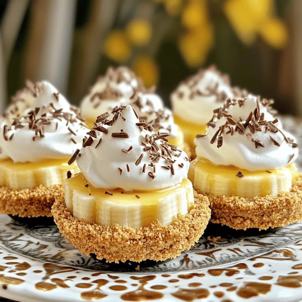 - 1 ½ cups graham cracker crumbs - ½ cup unsalted butter, melted - 2 tablespoons sugar - 2 ripe bananas, sliced - 1 cup vanilla pudding mix (instant) - 2 cups cold milk - 1 teaspoon vanilla extract - 1 cup whipped topping (like Cool Whip) - Chocolate shavings or crushed nuts for garnish (optional) If you need to swap out some items, try these ideas: - Use digestive biscuits instead of graham crackers for the crust. - Replace unsalted butter with coconut oil for a dairy-free option. - For a healthier sweetener, use honey or maple syrup in place of sugar. - You can use almond milk or oat milk instead of regular milk. - If you want a vegan option, use a plant-based whipped topping. - Use ripe bananas for the best flavor and sweetness. - Make sure the butter is melted but not hot when mixing with crumbs. - Chill the crust well to keep it firm when you add the filling. - The pudding mix must be instant; regular pudding mix will not set properly. - For a fun twist, add a layer of peanut butter before the banana slices. This simple recipe is a delight. For the full recipe, check out the details provided earlier. Enjoy making these fun treats! To start, gather your ingredients for the crust. You will need graham cracker crumbs, melted butter, and sugar. In a mixing bowl, combine these three items. Mix well until the crumbs look like wet sand. This step is key for a good base. Next, take mini tart pans or cupcake liners. Press the crumb mixture into the bottoms and up the sides. Make sure it is even. This helps hold the filling later. After that, place the pans in the refrigerator for about 15 minutes. This will set the crust. Now, let’s make the vanilla pudding filling. In another bowl, whisk the vanilla pudding mix with cold milk. Do this for about 2 minutes until it thickens. This is where the magic happens. Add in the vanilla extract for flavor. Then, gently fold in the whipped topping. This makes the filling light and creamy. Be careful not to over mix. You want it smooth and fluffy. Once your crusts are ready, it's time to assemble the pies. Start by slicing the ripe bananas. Layer a few banana slices at the bottom of each crust. This adds a fresh flavor. Next, spoon the vanilla pudding mixture over the bananas. Fill each crust generously. After that, take the remaining whipped topping and spread it on top. Smooth it out for a nice finish. For a fun touch, add chocolate shavings or crushed nuts on top, if you like. Finally, chill the mini pies in the refrigerator for at least 1 hour. This helps the flavors blend and the pies to set. You can find the Full Recipe [here](#). Enjoy creating these delightful treats! When making no-bake mini banana cream pies, a few mistakes can happen. Here are some tips to keep in mind: - Overmixing the Pudding: Mix the pudding just until it thickens. Overmixing can make it grainy. - Ripe Bananas: Use ripe but firm bananas. Overripe bananas can turn mushy and affect texture. - Crust Not Setting: Ensure the crust chills long enough. A well-set crust holds the filling better. - Skipping the Chill Time: Don’t skip chilling the pies before serving. This helps flavors blend and the filling to set. To get the best whipped topping for your pies, follow these tips: - Chill Your Bowl: Start with a cold mixing bowl. This helps the cream whip up faster. - Use Heavy Cream: If you want to make your own topping, use heavy cream. It whips up light and fluffy. - Sweeten to Taste: Add sugar to your whipped cream. Start with a tablespoon and adjust based on your taste. - Don’t Overwhip: Stop as soon as you see soft peaks. Overwhipping can lead to a grainy texture. To make your mini banana cream pies look great, consider these ideas: - Use Clear Containers: Serve in clear cups to show off the layers. It adds a nice touch. - Garnish Wisely: Add chocolate shavings or crushed nuts on top. This gives a beautiful contrast. - Fresh Banana Slices: Place a slice of banana on top right before serving. It makes the dish more inviting. - Decorative Platter: Arrange the pies on a nice platter. It enhances the overall look and makes serving easy. For the full recipe, check out the detailed instructions above. Enjoy your delicious creations! {{image_2}} You can switch up the flavor of your mini banana cream pies. One fun idea is to make chocolate banana cream pies. Just add cocoa powder to the vanilla pudding mix. This gives a rich chocolate taste that pairs well with bananas. You can also use chocolate pudding instead of vanilla. The result is a creamy, sweet treat that chocolate lovers will adore. Another option is to add peanut butter to the filling. Mix in a few tablespoons of creamy peanut butter into the pudding. This makes a tasty peanut butter banana pie. You can even swirl it in for a fun look! If you want to make these pies gluten-free, swap the graham cracker crumbs for gluten-free crumbs or crushed nuts. This keeps the taste and texture while making it safe for those with gluten sensitivities. For a vegan option, use plant-based milk and a vegan whipped topping. You can also choose a vegan pudding mix. These changes keep the recipe delicious without any animal products. Toppings can add extra flavor and fun to your pies. You can use fresh fruit like extra banana slices or berries. They add color and freshness. Chocolate shavings are a great choice if you want a little crunch. Crushed nuts, like pecans or walnuts, can also add a nice texture. If you enjoy coconut, sprinkle some toasted coconut flakes on top. This makes a tropical twist on the classic pie. Check out the Full Recipe for more ideas and tips! To keep your no-bake mini banana cream pies fresh, store them in the fridge. Use an airtight container or cover them tightly with plastic wrap. This keeps the pies from drying out and helps maintain their creamy texture. If you stack them, place parchment paper in between to avoid sticking. These mini pies stay fresh for up to three days in the fridge. After that, the bananas may turn brown, and the crust might get soggy. If you want to enjoy them longer, consider freezing them instead. You can freeze the mini pies if you want to save some for later. Wrap each pie tightly in plastic wrap, then place them in a freezer-safe bag. They can last for about two months in the freezer. When you're ready to eat them, move them to the fridge to thaw overnight. Enjoy your sweet treat without worry! Yes, you can make these mini pies a day ahead. Just store them in the fridge. This gives the flavors time to mix. The crust stays firm, and the filling tastes great. Just be sure to cover them well. This keeps them fresh and tasty. If you want to swap out whipped topping, try heavy cream. Whip it until it holds peaks. You can use sour cream for a tangy flavor. Greek yogurt works, too, for added creaminess. You can even use a dairy-free option, like coconut whipped cream. Each choice gives a unique taste. You can use non-instant pudding mix, but it will take longer. You need to cook it on the stove. Follow the box instructions for mixing with milk. This version is thicker and richer. Just let it cool before adding to your mini pies. This article covers the key ingredients and steps to make mini banana cream pies. You learned about substitutes, tips, and common mistakes to avoid. I shared ideas for flavor variations and how to store your pies. Mini banana cream pies are fun and easy to make. You can customize them to fit your taste. Now, you can impress family and friends with your delicious treats! Enjoy making these pies and remember to have fun in the kitchen.