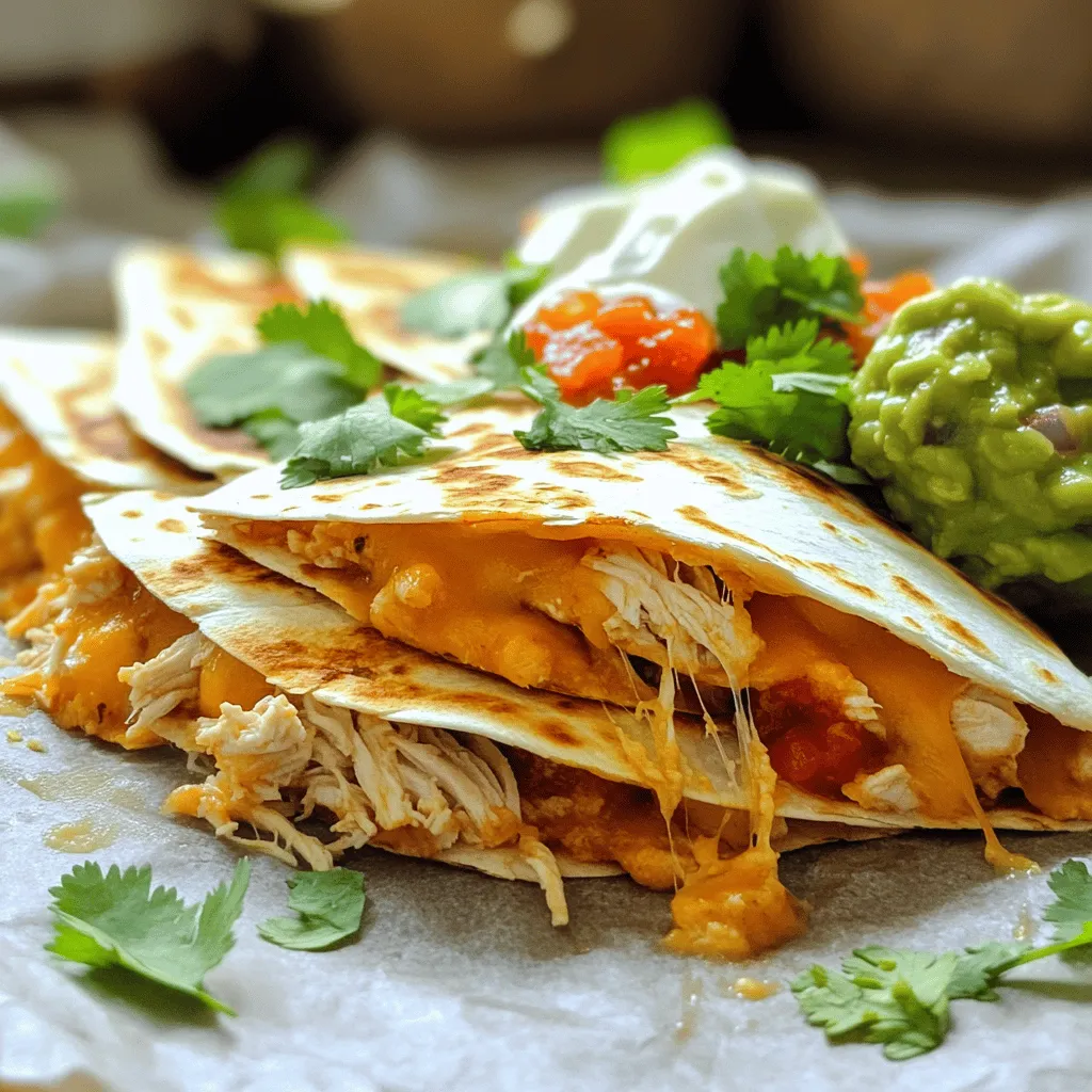 - 2 cups cooked chicken, shredded - 1 cup shredded cheddar cheese - 1 cup shredded Monterey Jack cheese - 1/2 cup cream cheese, softened - 1/4 cup salsa (your choice of heat level) - 1 teaspoon taco seasoning - 4 large flour tortillas - 2 tablespoons olive oil - 1/4 cup fresh cilantro, chopped (for garnish) - Sour cream and guacamole (for serving) To make a Taco Bell-style chicken quesadilla, you only need simple, tasty ingredients. The star of the show is the cooked chicken. I love using shredded rotisserie chicken for its flavor and ease. It saves time and gives great taste. Next, you will want two types of cheese: cheddar and Monterey Jack. This mix adds a creamy texture and a wonderful flavor. Cream cheese also helps the filling stay smooth and rich. Salsa adds a burst of flavor. Choose a salsa that fits your heat level. If you like it spicy, go for hotter salsa! The taco seasoning gives the dish its signature taste. Use flour tortillas for that perfect quesadilla crunch. Olive oil ensures a nice golden brown finish. Finally, fresh cilantro adds a bright touch. Don't forget the sour cream and guacamole for dipping! These ingredients will help you create a quesadilla that tastes just like Taco Bell. For the full recipe, check out the detailed cooking steps above. To start, you need to combine your main ingredients. Grab a mixing bowl and add these items: - 2 cups cooked chicken, shredded - 1 cup shredded cheddar cheese - 1 cup shredded Monterey Jack cheese - 1/2 cup cream cheese, softened - 1/4 cup salsa (your choice of heat level) - 1 teaspoon taco seasoning Mix everything well. This ensures all the flavors blend nicely. You want every bite to be tasty. Now, let’s cook! Heat a skillet on medium heat. Add 1 tablespoon of olive oil. This helps the quesadilla not stick to the pan. Take one tortilla and place it in the skillet. Spread 1/4 of your chicken and cheese mixture over one half of the tortilla. Fold the tortilla in half. Press it down gently so it holds together. Cook for about 3-4 minutes until the bottom is golden brown. Carefully flip the quesadilla. If needed, add more olive oil around the edges. Cook for another 3-4 minutes, until the second side is golden and the cheese is melted. Remove the quesadilla from the skillet. Let it cool for a minute before slicing it into wedges. Repeat this for the remaining tortillas and filling mixture. To make your quesadillas pop, garnish with fresh cilantro. It adds a nice touch. Serve them hot with sour cream and guacamole on the side. These toppings make each bite even more delicious. You can find the full recipe for this tasty dish above. - Use freshly shredded cheese for better melting. The cheese will stretch nicely when you bite into it. - Experiment with different salsa varieties. This choice can change the whole taste! Try mild, medium, or hot salsa. - Adjust heat to prevent burning. Start on medium heat and watch closely. - Flip quesadilla carefully for even browning. Use a spatula to lift it gently. - Add extra toppings like jalapeños or black beans. They can add spice and fiber to your quesadilla. - Use crispy tortillas for added crunch. You can toast them in the oven for a few minutes before filling. Follow these tips to make your Taco Bell Chicken Quesadilla even better! For the complete recipe, check the Full Recipe section. {{image_2}} You can make a tasty vegetarian quesadilla. Simply swap chicken for black beans or mushrooms. Both options add great flavor. Black beans give you protein, while mushrooms add a nice texture. You can also pack in more veggies like bell peppers or onions. This makes the quesadilla colorful and healthy. If you love heat, try a spicy chicken quesadilla. Add extra spices or a splash of hot sauce to the chicken mixture. This will give it a kick! You can also use pepper jack cheese instead of regular cheddar. Pepper jack melts well and adds a nice spicy finish. For the cheese lovers out there, you can’t go wrong with more cheese! Increase the amount of cheese you use. Mixing in different types of cheese can create a new flavor. Try blending mozzarella with cheddar or Monterey Jack. This gives a rich and creamy taste that melts perfectly. For more ideas, check out the Full Recipe for the classic version! To keep your quesadilla fresh, refrigerate it in an airtight container. This helps lock in the flavor and texture. Try to eat it within 3 days for the best quality. After that, it might not taste as good. If you want to keep your quesadilla longer, freeze it. Wrap each quesadilla individually in plastic wrap. This prevents freezer burn and keeps them tasty. When you are ready to eat, thaw them in the fridge overnight before reheating. For a crispy quesadilla, use a skillet. Heat it over medium heat and then add the quesadilla. Cook until it’s hot and crispy. If you use a microwave, be careful. It can make the quesadilla soggy. Heat it in short bursts and check often. Enjoy your tasty meal! Yes, you can use rotisserie chicken. It saves time and effort. The chicken is already cooked and seasoned, making it great for a quick meal. Just shred it before mixing. This option gives your quesadilla a rich flavor. Plus, it cuts down on prep time, letting you enjoy your dish sooner. If you need a substitute for cream cheese, try sour cream or Greek yogurt. Both options add creaminess without losing taste. You can also use ricotta cheese for a different twist. Each alternative will still make your quesadilla yummy and satisfying. You can tell a quesadilla is done when it turns golden brown. The cheese should be melted and gooey inside. If the edges look crisp, that’s a good sign. Use a spatula to check underneath. If it looks good, it’s time to flip it! This article covered how to make Taco Bell-style chicken quesadillas at home. You learned about the key ingredients, easy steps, and tips for the best taste. You can customize your quesadilla with fun variations and store leftovers properly. Enjoying this meal is simple and rewarding. Now, you can impress your friends and family with your skills. Happy cooking!