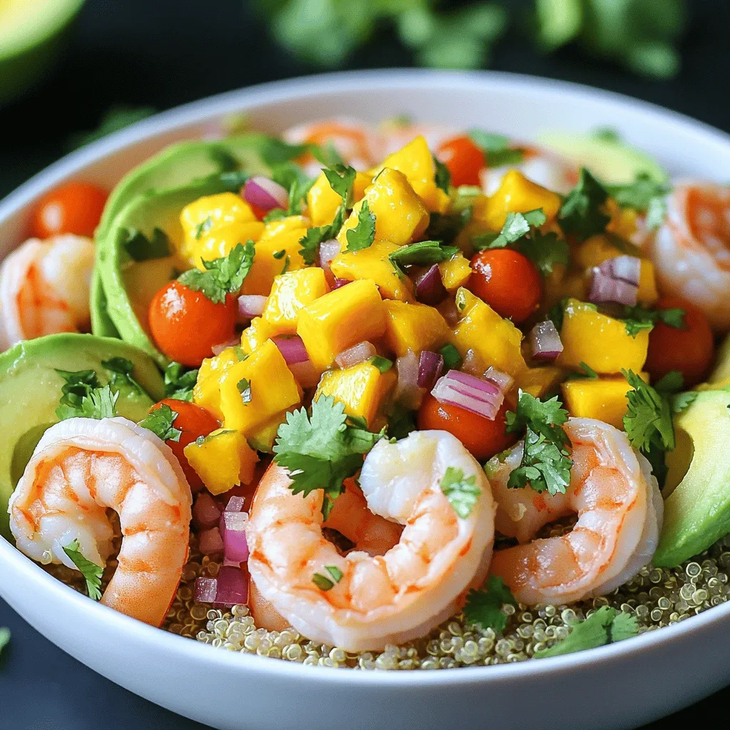 - 1 lb shrimp, peeled and deveined - 2 ripe avocados, diced - 1 cup cherry tomatoes, halved - 1/2 cup red onion, finely chopped - 1 mango, diced - 1 jalapeño, deseeded and minced - 1 lime, juiced - 2 tablespoons olive oil - 1 teaspoon garlic powder - 1 teaspoon cumin - Salt and pepper to taste - Fresh cilantro, for garnish - 2 cups cooked quinoa or brown rice - Additional spices for flavor enhancement - Alternative toppings like feta cheese or lime wedges - Variations in cooking bases (e.g., cauliflower rice) When I make shrimp and avocado bowls, I love using fresh ingredients. Fresh shrimp adds a sweet and delicate flavor. Avocados bring a creamy texture. Their rich taste balances well with the tangy mango salsa. For the mango salsa, I prefer ripe mangoes for the best sweetness. Cherry tomatoes add a burst of freshness. The red onion gives a sharp crunch, while jalapeño adds a bit of heat. Lime juice ties it all together with a zesty kick. You can also experiment with optional ingredients. Try adding spices like smoked paprika or chili powder for more depth. If you want a creamier bowl, sprinkle some crumbled feta cheese on top. For a twist, use cauliflower rice instead of quinoa or brown rice. Gather these ingredients for a colorful and tasty dish that brings joy to your table. For the complete cooking directions, check out the Full Recipe section. Start by marinating the shrimp. In a medium bowl, mix the peeled and deveined shrimp with olive oil, garlic powder, cumin, salt, and pepper. Make sure every shrimp is coated well. Let them marinate for about 15 minutes. This step adds great flavor to the shrimp. Next, let's prepare the mango salsa. In another bowl, combine diced mango, cherry tomatoes, red onion, jalapeño, and lime juice. Season with a pinch of salt and mix everything together. Let this sit for 10 minutes. This helps the flavors blend and become more vibrant. Now, it’s time to cook the shrimp. Heat a non-stick skillet over medium-high heat. Once the skillet is hot, add the marinated shrimp. Cook the shrimp for 2-3 minutes on each side until they turn pink and opaque. This means they are fully cooked and ready to eat. To assemble your bowls, start with a base of cooked quinoa or brown rice. This will give you a nice, hearty foundation. Next, top each bowl with the cooked shrimp, diced avocados, and a generous scoop of mango salsa. The colors will pop and make your meal look amazing! Finally, garnish your bowls with fresh cilantro. This adds a burst of flavor and makes the dish look fresh. Serve immediately and enjoy every bite of your savory shrimp and avocado bowls with mango salsa. For the full recipe, check the details above. To know when shrimp are fully cooked, look for their color. They should turn pink and opaque. This usually takes about 2-3 minutes on each side. Use a non-stick skillet over medium-high heat. This heat helps the shrimp cook evenly without sticking. To add extra spices or ingredients, try chili powder or smoked paprika. These add warmth and depth. You can also mix in lime zest for a fresh kick. Combining textures is key. The creamy avocado, crunchy veggies, and tender shrimp create a delightful balance. For plating the bowls, start by layering the base. Use cooked quinoa or brown rice as your foundation. Next, arrange the diced avocado and shrimp in a colorful way. Top with a generous scoop of mango salsa. For garnishes, fresh cilantro adds a pop of color and flavor. It makes the dish look more inviting and fun. These small touches elevate your meal and make it stand out. For the full recipe, check out the full recipe section at the start of this article. {{image_2}} You can swap shrimp for chicken or tofu. For chicken, use boneless thighs or breasts. Cut them into bite-sized pieces. Marinate them with the same mix of olive oil, garlic powder, cumin, salt, and pepper. Let them sit for about 20 minutes to soak up the flavor. Cook the chicken in a skillet for 6-8 minutes until golden and cooked through. Tofu is a great plant-based option. Use firm or extra-firm tofu for the best texture. Cut it into cubes and marinate just like the shrimp. Cook the tofu in a skillet until golden, about 8-10 minutes, turning occasionally. It will add a nice crunch to your bowls. For a vegan twist, replace shrimp with chickpeas or black beans. Both add protein and fiber. Just rinse and drain canned beans before adding them to the bowl. You can also add more veggies, like bell peppers, corn, or spinach. These will boost the nutrition and color of your dish. Roast or sauté them lightly to enhance their flavors. Feel free to experiment with different salsas or dressings. Try pineapple salsa for a sweeter taste, or a spicy avocado dressing for heat. You can also mix in herbs like basil or mint for a fresh kick. Adjust spice levels by adding more jalapeño or even a dash of hot sauce if you like it hot. This way, you can make the dish your own! For the full recipe, check the detailed instructions provided earlier. To store leftovers, place shrimp and avocado bowls in airtight containers. This keeps them fresh longer. Ensure the bowls cool down to room temperature first. You can enjoy these bowls for up to three days in the fridge. After that, the taste and texture may change. Always check for any signs of spoilage before eating. If you want to freeze, it's best to separate the components. Freeze the cooked shrimp and mango salsa in individual bags. Avocado doesn't freeze well, so use it fresh. To thaw, move the shrimp and salsa to the fridge overnight. This method helps keep their flavor and texture. When you're ready to eat, just reheat the shrimp in a pan for a few minutes. This way, you can enjoy your shrimp and avocado bowls anytime! For the Full Recipe, check out the earlier section. To make shrimp and avocado bowls, follow these steps: 1. Prepare the Shrimp: Mix shrimp with olive oil, garlic powder, cumin, salt, and pepper. Let it marinate for 15 minutes. 2. Make the Mango Salsa: In a bowl, combine diced mango, cherry tomatoes, red onion, jalapeño, and lime juice. Season with salt and let it sit for 10 minutes. 3. Cook the Shrimp: In a non-stick skillet, heat over medium-high heat. Cook shrimp for 2-3 minutes on each side until they turn pink and opaque. 4. Assemble the Bowls: Start with a base of cooked quinoa or brown rice. Top with shrimp, diced avocados, and mango salsa. 5. Garnish and Serve: Add fresh cilantro on top and enjoy! For a detailed recipe, check the Full Recipe. Yes, you can use frozen shrimp. Just make sure to thaw them first. Place the shrimp in a bowl of cold water for about 15 minutes. This method keeps them fresh and tender. Frozen shrimp can be just as tasty as fresh shrimp if cooked well. You can serve these bowls with many tasty sides: - Grilled corn on the cob - A simple green salad - Sweet potato fries - Roasted vegetables These sides will balance the flavors in your bowls. It takes about 30 minutes to make shrimp and avocado bowls. This includes 15 minutes for prep and 15 minutes for cooking. You can enjoy a delicious meal in no time! To ripen avocados, place them in a brown paper bag. The bag traps the ethylene gas, speeding up the ripening process. Check them daily. If you need them to ripen faster, add an apple or banana in the bag. This will help them ripen even quicker! In summary, this blog post guides you through making delicious shrimp and avocado bowls. You learned about the main and optional ingredients, how to cook shrimp perfectly, and tips for enhancing flavor. You also discovered variations for different diets and storage methods for leftovers. Experiment with spices and enjoy the fresh, vibrant flavors. This dish is simple yet satisfying, perfect for any occasion. Dive into your kitchen and enjoy creating your own tasty bowls!